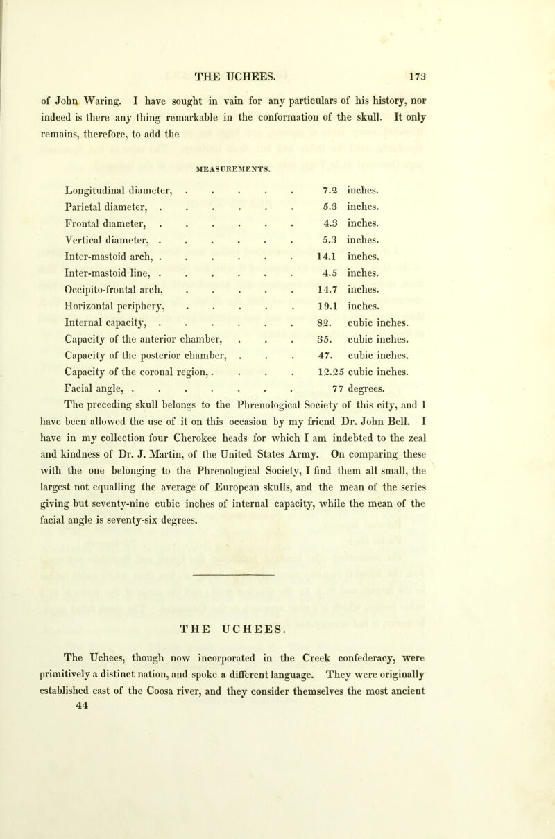 of John Waring. I have sought in vain for any particulars of his history, nor indeed is there any thing remarkable in the conformation of the skull. It only remains, therefore, to add the MEASUREMENTS. Longitudinal diameter, 7.2 inches. Parietal diameter, 5.3 inches. Frontal diameter, 4.3 inches. Vertical diameter, . 5.3 inches. Inter-mastoid arch, . 14.1 inches. Inter-mastoid line, . 4.5 inches. Occipito-frontal arch, 14.7 inches. Horizontal periphery, 19.1 inches. Internal capacity, 82. cubic inches. Capacity of the anterior chamber, 35. cubic inches. Capacity of the posterior chamber, 47. cubic inches. Capacity of the coronal region,. 12.25 cubic inches. Facial angle, .... . • . 77 degrees. The preceding skull belongs to the Phrenological Society of this city, and have been allowed the use of it on this occasion by my friend Dr. John Bell. I have in my collection four Cherokee heads for which I am indebted to the zeal and kindness of Dr. J. Martin, of the United States Army. On comparing these with the one belonging to the Phrenological Society, I find them all small, the largest not equalling the average of European skulls, and the mean of the series giving but seventy-nine cubic inches of internal capacity, while the mean of the facial angle is seventy-six degrees. THE UCHEES. The Uchees, though now incorporated in the Creek confederacy, were primitively a distinct nation, and spoke a different language. They were originally established east of the Coosa river, and they consider themselves the most ancient 44