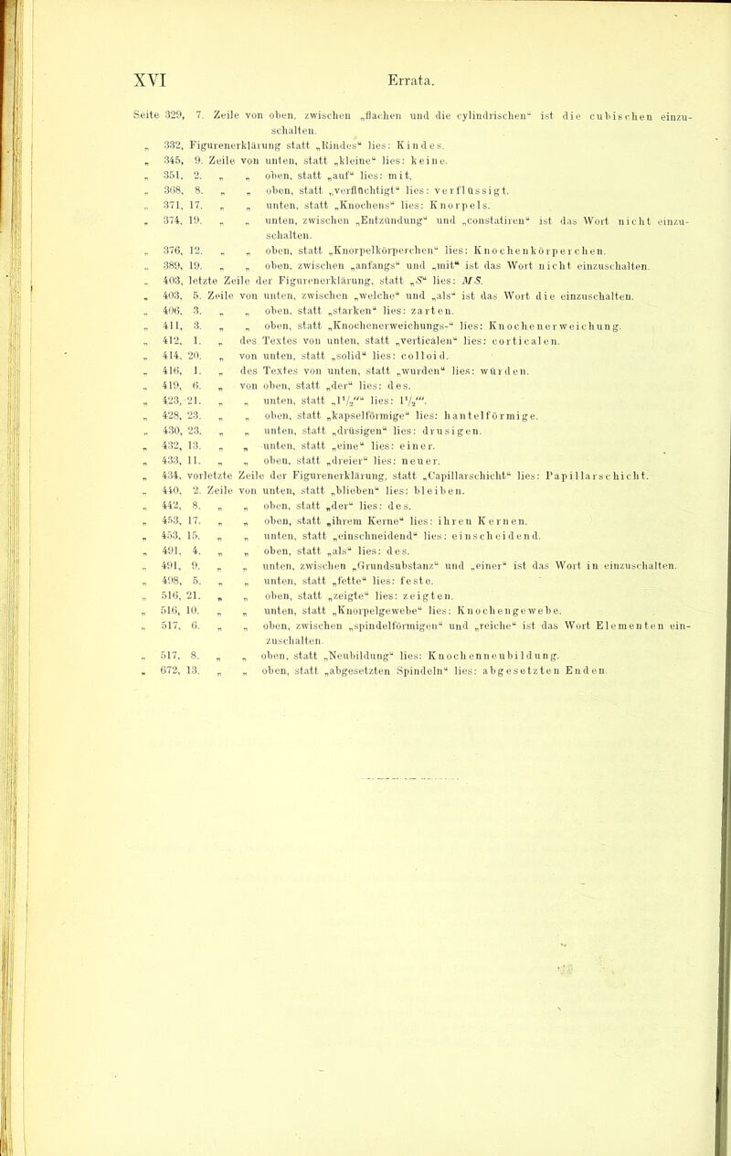 Seite 329, 7. Zeile von oben, zwischen „flachen und die cylindrischen“ ist die cuhischen einzu- schalteu. Figurenerklärung statt „Kindes“ lies: Kindes. 9. Zeile von unten, statt „kleine“ lies: keine. 332, 345, 351. 368, 371. 374, 376, 389, 403, 403, 406. 411, 412, 414, 416, 419, 423, 428, 430, 432, 433, 434, 440, 442, 453, 453, 491, 491, 498, 516, 516, 517, 517. 672, ist das Wort nicht einzu- 2. „ „ oben, statt „auf“ lies: mit. 8. „ „ oben, statt „verflüchtigt“ lies: verflüssigt. 17. „ „ unten, statt „Knochens“ lies: Knorpels. 19. „ „ unten, zwischen „Entzündung“ und „constatiren“ schalten. 12. „ „ oben, statt „Knorpelkörperchen“ lies: Knochenkörperchen. 19. „ „ oben, zwischen „anfangs“ und „mit“ ist das Wort nicht einzuschalten, letzte Zeile der Figurenerklärung, statt „S“ lies: MS. 5. Zeile von unten, zwischen „welche“ und „als“ ist das Wort die einzuschalten. 3. „ „ oben, statt, „starken“ lies: zarten. 3. „ „ oben, statt „Knochenerweichungs-“ lies: Knochenerweichung. 1. „ des Textes von unten, statt „verticalen“ lies: corticalen. 20. „ von unten, statt „solid“ lies: colloid. 1. „ des Textes von unten, statt „wurden“ lies: würden. 6. „ von oben, statt „der“ lies: des. 21. „ „ unten, statt „l1/»“ lies: 1 23. „ „ oben, statt „kapselförmige“ lies: hantelförmige. 23. „ „ unten, statt „drüsigen“ lies: drüsigen. 13. „ „ unten, statt „eine“ lies: einer. 11. „ „ oben, statt „dreier“ lies: neuer. vorletzte Zeile der Figurenerklärung, statt „Capillarschicht“ lies: Papillarschicht. 2. Zeile von unten, statt „blieben“ lies: bleiben. 8. „ „ oben, statt „der“ lies: des. „ oben, statt „ihrem Kerne“ lies: ihren Kernen. „ unten, statt „einschneidend“ lies: einscheidend. „ oben, statt „als“ lies: des. „ unten, zwischen „Grundsubstanz“ und „einer“ ist das Wort in einzuschalten. „ unten, statt „fette“ lies: feste. „ oben, statt „zeigte“ lies: zeigten. „ unten, statt „Knorpelgewebe“ lies: Knochen ge webe. „ oben, zwischen „spindelförmigen“ und „reiche“ ist das Wort Elementen ein- zuschalten. „ oben, statt „Neubildung“ lies: Knochenneubildung. „ oben, statt „abgesetzten Spindeln“ lies: abgesetzten Enden. 13.