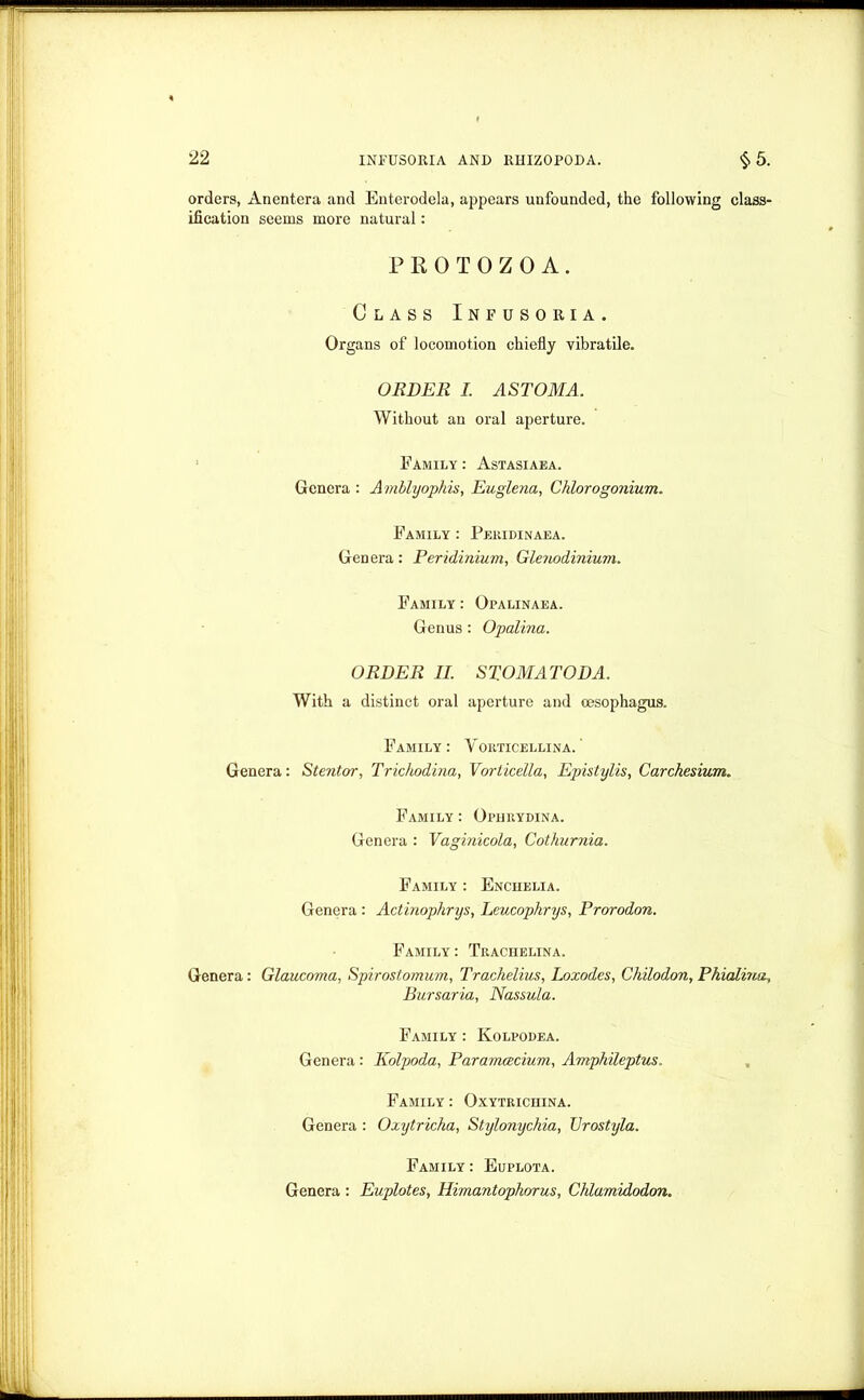 orders, Anentera and Enterodela, appears unfounded, the following class- ification seems more natural: PROTOZOA. Class Infusoria. Organs of locomotion chiefly vibratile. ORDER I. ASTOMA. Without an oral aperture. Family : Astasiaea. Genera : Amblyophis, Euglena, Cklorogonium. Family : Peridinaea. Genera: Peridinium, Glenodinium. Family : Opalinaea. Genus: Opalina. ORDER II. S TO MATO DA. With a distinct oral aperture and oesophagus. Family: Vorticellina. Genera: Stentor, Trichodina, Vorticella, Epistylis, Carchesium. Family : Ophrydina. Genera : Vaginicola, Cothurnia. Family : Enciielia. Genera : Actinophrys, Leucophrys, Prorodon. Family : Trachelina. Genera: Glaucoma, Spirostomum, Trackelius, Loxodes, Chilodon, Phialinu, Bursaria, Nassula. Family : Kolpodea. Genera : Kolpoda, Paramcecium, Amphileptus. Family : Oxytrichina. Genera : Ozytricha, Stylonychia, Urostyla. Family : Euplota. Genera : Euplotes, Himantophorus, Chlamidodon.