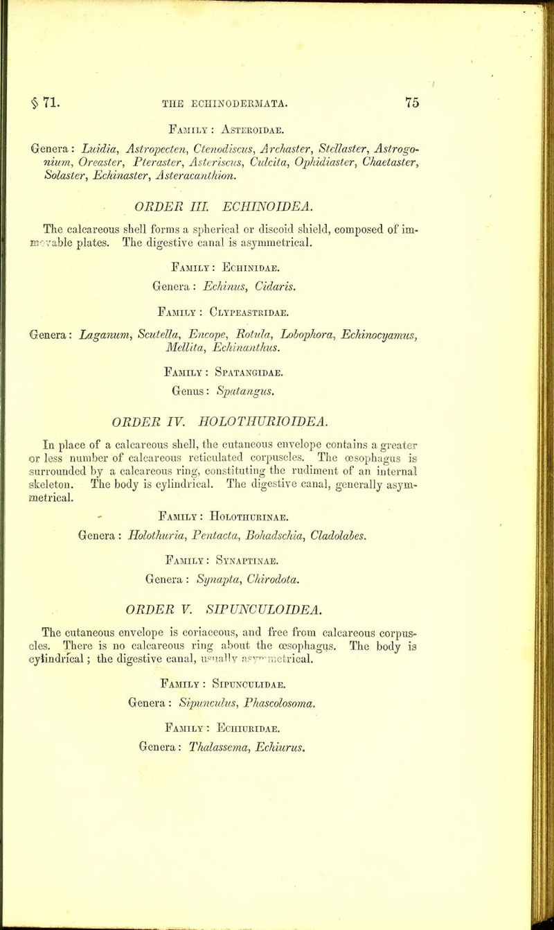 Family : Asteroidae. Genera: Luidia, Astropecten, Ctenodiscus, Archaster, Stellaster, Astro go- nium, Oreaster, Pteraster, Asteriscus, Culcita, Ophidiaster, Chaetaster, Solaster, Eckinaster, Asteracanthion. ORDER III ECHINOIDEA. The calcareous shell forms a spherical or discoid shield, composed of im- movable plates. The digestive canal is asymmetrical. Family : Echinidae. Genera: Echinus, Cidaris. Family : Clypeastridae. Genera: Laganum, Scutella, Encope, Rotula, Lobopkora, Echinocyamns, Mellita, Echinanthus. Family : Spatangidae. Genus: Spatangus. ORDER IV. HOLOTHURIOIDEA. In place of a calcareous shell, the cutaneous envelope contains a greater or less number of calcareous reticulated corpuscles. The oesophagus is surrounded by a calcareous ring, constituting the rudiment of an internal skeleton. The body is cylindrical. The digestive canal, generally asym- metrical. Family : Holothtirinae. Genera : Holothuria, Pentacta, Bohadschia, Cladolabes. Family: Synaptinae. Genera : Synapta, Chirodota. ORDER V. SIP UNCULOIDEA. The cutaneous envelope is coriaceous, and free from calcareous corpus- cles. There is no calcareous ring about the oesophagus. The body is cylindrical; the digestive canal, usually asymmetrical. Family : Sipunculidae. Genera : Sipunculus, Phascolosoma, Family : Eciiiuridae. Genera: Thdlassema, Echiurus.