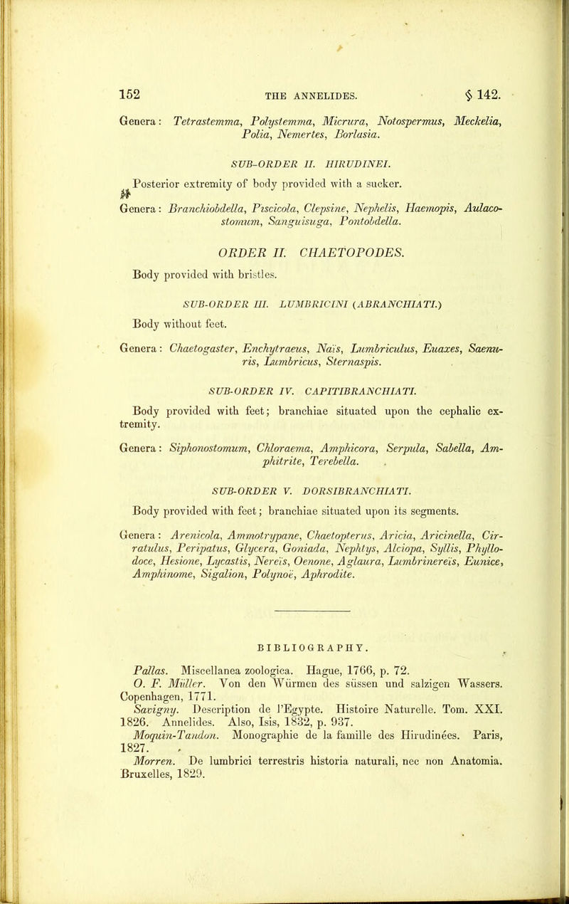 Genera: Tetrastemma, Polysiemma, Micrura, Notospermus, Meckelia, Folia, Nemertes, Borlasia. SUB-ORDER II. HIRUDINEI. Posterior extremity of body provided with a sucker. Genera: Branchiob della, P'iscicola, Clepsine, Nephelis, Haemopis, Aulaco- stomum, Sanguisuga, Pontobdella. ORDER II. CHAETOPODES. Body provided with bristles. SUB-ORDER III. LUMBRICINI (ABRANCHIATI.) Body without feet. Genera: Chaetogaster, Enchytraeus, Na'is, Lumbriculus, Euazes, Saenu- ris, Lumbricus, Sternaspis. SUB-ORDER IV. CAPITIBRANCHIATI. Body provided with feet; branchiae situated upon the cephalic ex- tremity. Genera: Siphonostomum, Chloraema, Amphicora, Serpula, Sabella, Am~ phitrite, Terebella. SUB-ORDER V. DORSIBRANCHIATI. Body provided with feet; branchiae situated upon its segments. Genera: Arenicola, Ammotrypane, Chaetopterus, Aricia, Aricinella, Cir- ratulus, Peripatus, Glycera, Goniada, Nephtys, Alciopa, Syllis, Phyllo- doce, Hesione, Lycastis, Nereis, Oenone, Aglaura, Lumbrinere'is, Eunice, Amphinome, Sigalion, Polynoe, Aphrodite. BIBLIOGRAPHY. Pallas. Miscellanea zoologica. Hague, 1766, p. 72. O. F. Muller. Yon den Wiirmen des siissen und salzigen Wassers. Copenhagen, 1771. Savigny. Description de PEgypte. Histoire Naturelle. Tom. XXI. 1826. Annelides. Also, Isis, 1882, p. 937. Mocpuin-Tandon. Monographic de la famille des Hirudinees. Paris, 1827. Morren. De lumbrici terrestris historia naturali, nec non Anatomia. Bruxelles, 1829.