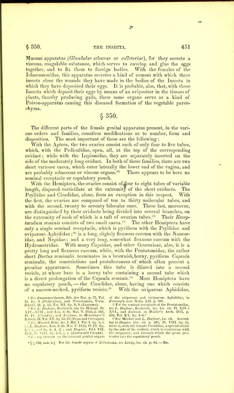 Mucous apparatus (Glandulae sebaceae or colleteriae), for they secrete a viscous, coagulable substance, which serves to envelop and glue the eggs together, and to fix them to foreign bodies. With the females of the Ichneumonidae, this apparatus secretes a kind of cement with which these insects close the wounds they have made in the bodies of the Insecta in which they have deposited their eggs. It is probable, also, that, with those Insecta which deposit their eggs by means of an ovipositor in the tissues of plants, thereby producing galls, these same organs serve as a kind of Poison-apparatus causing this diseased formation of the vegetable paren- chyma. § 350. The different parts of the female genital apparatus present, in the vari- ous orders and families, countless modifications as to number, form and disposition. The most important of these are the following : With the Aptera, the two ovaries consist each of only four to five tubes, which, with the Pediculidae, open, all, at the top of the corresponding oviduct; while with the Lepismidae, they are separately inserted on the side of the moderately long oviduct. In both of these families, there are two short varicose caeca, which enter laterally the lower end of the vagina, and are probably sebaceous or viscous organs.(1> There appears to be here no seminal receptacle or copulatory pouch. With the Hemiptera, the ovaries consist ofafour to eight tubes of variable length, disposed verticillate at the extremity of the short oviducts. The Psyllidae and Oicadidae, alone, form an exception in this respect. With the first, the ovaries are composed of ten to thirty unilocular tubes, and with the second, twenty to seventy bilocular ones. These last, moreover, are distinguished by their oviducts being divided into several branches, on the extremity of each of which is a tuft of ovarian tubes.® Their Recep- taculum seminis consists of two small caeca.® The other Hemiptera have only a single seminal receptacle, which is pyriform with the Psyllidae and oviparous Aphididae ;(4) is a long, slightly flexuous caecum with the Naucor- idae, and Nepidae; and a very long, somewhat llexuous caecum with the Hydrometridae. With many Capsidae, and other Geocorisae, also, it is a pretty long and flexuous caecum, while, with the Pentatomidae, the rather short D actus semi nails terminates in a brownish, horny, pyriform Capsula seminalis, the constrictions and protuberances of which often present a peculiar appearance. Sometimes this tube is dilated into a second vesicle, at whose base is a horny tube containing a second tube which is a direct prolongation of the Capsula seminis.<5) Most Hemiptera have no copulatory pouch, — the Cicadidae, alone, having one which consists of a narrow-necked, pyriform vesicle.® With the oviparous Aphididae, 1 See Stvammerdamm, Bib. der Nat. p. 37, Taf. of the oviparous and viviparous Aphididae, iu II. fig. 8 (Pediculus), and Treviranus, Venn. Froriep's neue Notiz. XII. p. 308. Schrift. II. p. 15, Taf. III. fig. 8, 9 (Lepisma). *r> For the seminal receptacle of the Pentatomidae, 2 See L. 1)ufour, Recherch. sur les Ilemipt. PI. see L. Dufour, Recherch. &c. loc. cit. PI. XIV.J XIV.-XVII., and Ann. d. Sc. Nat. Y. 1825, p. 168, XVI., and Siebold, in Muller's Arch. 1837, p. PI. IV. (Cicada); and Suckow, in Heusinger's 410, Taf. XX. fig. 4-6.* Zeitsch. II.Taf. XV. fig. 55,57 (Nepa and Cercopis). 0 See Meckel and L. Dufour, loc. cit. Accord- 3 See Meckel, Beitr. &c. I. lift. I. Taf. I. fig. 6, i. ing to Doyfre (loc. cit. p. 203, PI. VIII. fig. 3). I.; Tj. Dufour, Ann. d. Sc. Nat. V. 1825, PI. IV. fig. there is, with the female Cicadidae, a special orifice 5 |. 1., a,nd fig. 8, d. d. ; and Doyire, Ibid. VII. by the side of the oviduct, which is continuous with 1837, Pi. VIII. fig. 3-7, e. e (Ledra and Cicada). the ovipositor, and through which the penis pro- •l S-'j my memoir on the internal genital organs trades into the copulatory pouch. * [ § 350, note 5.] For the female organs of Belostoma, see Leidy, loc. cit. p. 64. — Ed.