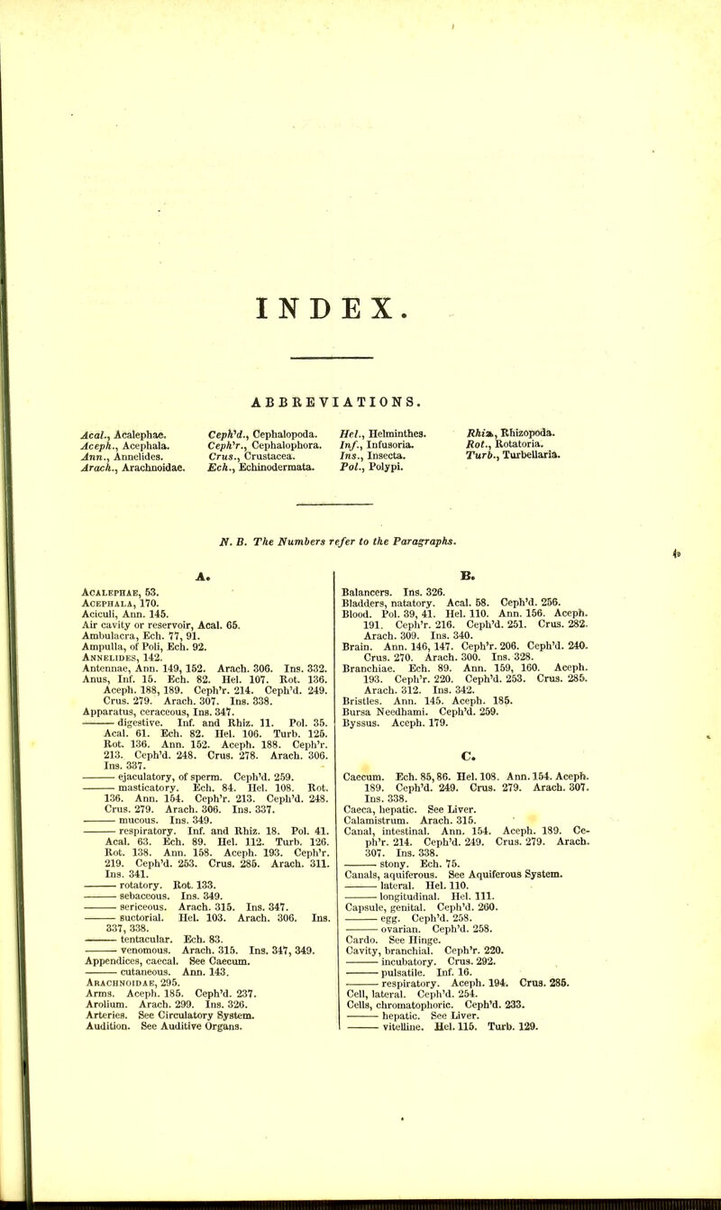 INDEX ABBREVIATIONS. Acal., Acalephae. Aceph., Acephala. Ann., Annelides. Arach., Arachnoidae. Ceph'dCephalopoda. Ceph'r., Cephalophora. Crus., Crustacea. £cA., Echinodermata. He/., Helminthes. /n/., Infusoria, /ns., Insecta. Po/., Polypi. Rhizb, Rhizopoda. PoZ., Rotatoria. Turb., Turbellaria. IV. B. T/ie Numbers refer to the Paragraphs. A® Acalephae, 53. Acephala, 170. Aciculi, Ann. 145. Air cavity or reservoir, Acal. 65. Ambulacra, Ech. 77, 91. Ampulla, of Poli, Ech. 92. Annelides, 142. Antennae, Ann. 149, 152. Arach. 306. Ins. 332. Anus, Inf. 15. Ech. 82. Hel. 107. Rot. 136. Aceph. 188, 189. Ceph’r. 214. Ceph’d. 249. Crus. 279. Arach. 307. Ins. 338. Apparatus, ceraceous, Ins. 347. digestive. Inf. and Rhiz. 11. Pol. 35. Acal. 61. Ech. 82. Hel. 106. Turb. 125. Rot. 136. Ann. 152. Aceph. 188. Ceph’r. 213. Ceph’d. 248. Crus. 278. Arach. 306. Ins. 337. ejaculatory, of sperm. Ceph’d. 259. masticatory. Ech. 84. Hel. 108. Rot. 136. Ann. 154. Ceph’r. 213. Ceph’d. 248. Crus. 279. Arach. 306. Ins. 337. mucous. Ins. 349. respiratory. Inf. and Rhiz. 18. Pol. 41. Acal. 63. Ech. 89. Hel. 112. Turb. 126. Rot. 138. Ann. 158. Aceph. 193. Ceph’r. 219. Ceph’d. 253. Crus. 285. Arach. 311. Ins. 341. rotatory. Rot. 133. sebaceous. Ins. 349. sericeous. Arach. 315. Ins. 347. suctorial. Hel. 103. Arach. 306. Ins. 337, 338. tentacular. Ech. 83. venomous. Arach. 315. Ins. 347, 349. Appendices, caecal. See Caecum. cutaneous. Ann. 143. Arachnoidae, 295. Arms. Aceph. 185. Ceph’d. 237. Arolium. Arach. 299. Ins. 326. Arteries. See Circulatory System. Audition. See Auditive Organs. B. Balancers. Ins. 326. Bladders, natatory. Acal. 58. Ceph’d. 256. Blood. Pol. 39, 41. Hel. 110. Ann. 156. Aceph. 191. Ceph’r. 216. Ceph’d. 251. Crus. 282. Arach. 309. Ins. 340. Brain. Ann. 146, 147. Ceph’r. 206. Ceph’d. 240, Crus. 270. Arach. 300. Ins. 328. Branchiae. Ech. 89. Ann. 159, 160. Aceph. 193. Ceph’r. 220. Ceph’d. 253. Crus. 285. Arach. 312. Ins. 342. Bristles. Ann. 145. Aceph. 185. Bursa Needhami. Ceph’d. 259. Byssus. Aceph. 179. C. Caecum. Ech. 85,86. Hel. 108. Ann. 154. Aceph. 189. Ceph’d. 249. Crus. 279. Arach. 307. Ins. 338. Caeca, hepatic. See Liver. Calamistrum. Arach. 315. Canal, intestinal. Ann. 154. Aceph. 189. Ce- ph’r. 214. Ceph’d. 249. Crus. 279. Arach. 307. Ins. 338. stony. Ech. 75. Canals, aquiferous. See Aquiferous System. lateral. Hel. 110. longitudinal. Hel. 111. Capsule, genital. Ceph’d. 260. egg. Ceph’d. 258. ovarian. Ceph’d. 258. Cardo. See Hinge. Cavity, branchial. Ceph’r. 220. incubatory. Crus. 292. pulsatile. Inf. 16. respiratory. Aceph. 194. Crus. 285. Cell, lateral. Ceph’d. 254. Cells, chromatophoric. Ceph’d. 233. hepatic. See Liver. vitelline. Hel. 115. Turb. 129.