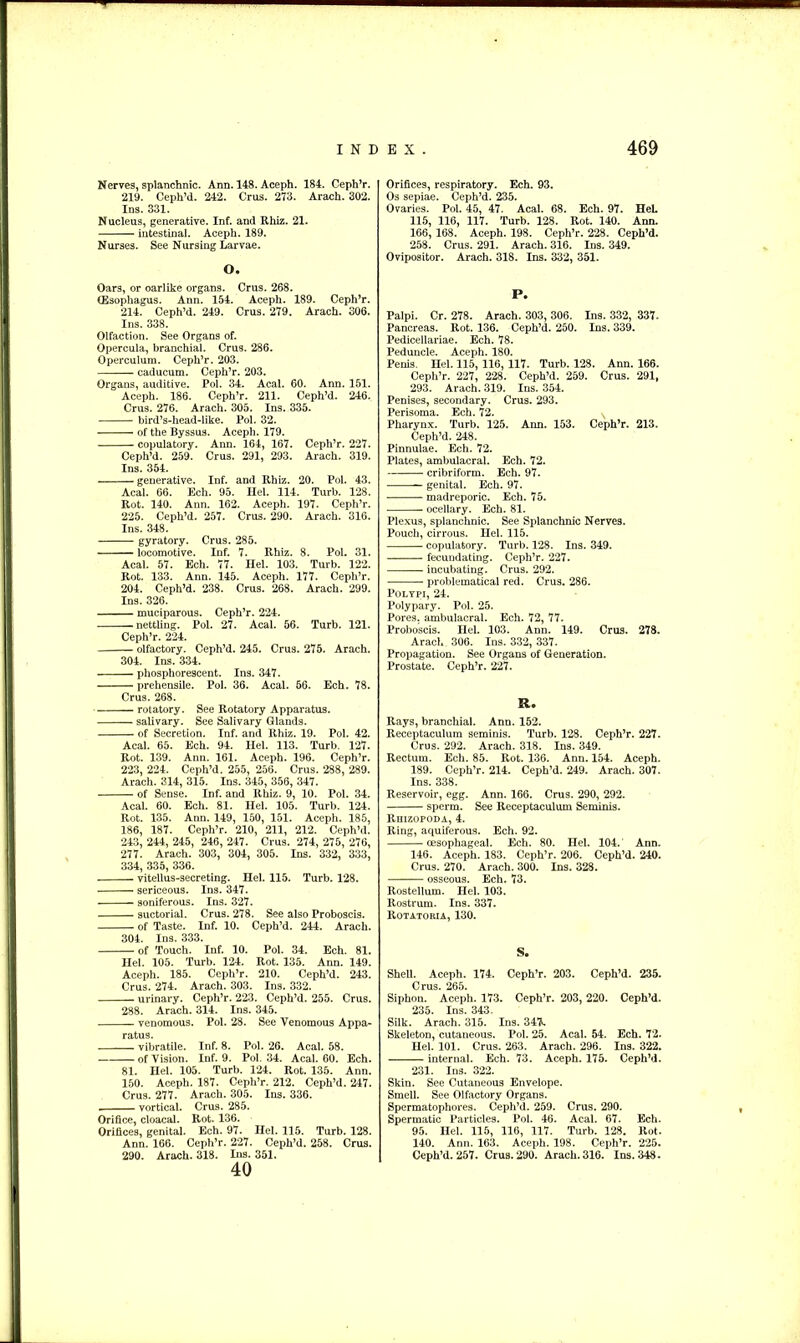 Nerves, splanchnic. Ann. 148. Aceph. 184. Ceph’r. 219. Ceph’d. 242. Crus. 273. Arach. 302. Ins. 331. Nucleus, generative. Inf. and Rhiz. 21. intestinal. Aceph. 189. Nurses. See Nursing Larvae. O. Oars, or oarlike organs. Crus. 268. (Esophagus. Ann. 154. Aceph. 189. Ceph’r. 214. Ceph’d. 249. Crus. 279. Arach. 306. Ins. 338. Olfaction. See Organs of. Opercula, branchial. Crus. 286. Operculum. Ceph’r. 203. caducum. Ceph’r. 203. Organs, auditive. Pol. 34. Acal. 60. Ann. 151. Aceph. 186. Ceph’r. 211. Ceph’d. 246. Crus. 276. Arach. 305. Ins. 335. bird’s-head-like. Pol. 32. of the Byssus. Aceph. 179. copulatory. Ann. 164, 167. Ceph’r. 227. Ceph’d. 259. Crus. 291, 293. Arach. 319. Ins. 354. generative. Inf. and Rhiz. 20. Pol. 43. Acal. 66. Ech. 95. Hel. 114. Turb. 128. Rot. 140. Ann. 162. Aceph. 197. Ceph’r. 225. Ceph’d. 257. Crus. 290. Arach. 316. Ins. 348. gyratory. Crus. 285. locomotive. Inf. 7. Rhiz. 8. Pol. 31. Acal. 57. Ech. 77. Ilel. 103. Turb. 122. Rot. 133. Ann. 145. Aceph. 177. Ceph’r. 204. Ceph’d. 238. Crus. 268. Arach. 299. Ins. 326. muciparous. Ceph’r. 224. nettling. Pol. 27. Acal. 56. Turb. 121. Ceph’r. 224. olfactory. Ceph’d. 245. Crus. 275. Arach. 304. Ins. 334. phosphorescent. Ins. 347. prehensile. Pol. 36. Acal. 56. Ech. 78. Crus. 268. rotatory. See Rotatory Apparatus. salivary. See Salivary Glands. of Secretion. Inf. and Rhiz. 19. Pol. 42. Acal. 65. Ech. 94. Hel. 113. Turb. 127. Rot. 139. Ann. 161. Aceph. 196. Ceph’r. 223, 224. Ceph’d. 255, 256. Crus. 288, 289. Arach. 314, 315. Ins. 345, 356, 347. of Sense. Inf. and Rhiz. 9, 10. Pol. 34. Acal. 60. Ech. 81. Hel. 105. Turb. 124. Rot. 135. Ann. 149, 150, 151. Aceph. 185, 186, 187. Ceph’r. 210, 211, 212. Ceph’d. 243, 244, 245, 246, 247. Crus. 274, 275, 276, 277. Arach. 303, 304, 305. Ins. 332, 333, 334, 335, 336. vitellus-secreting. Hel. 115. Turb. 128. sericeous. Ins. 347. soniferous. Ins. 327. suctorial. Crus. 278. See also Proboscis. of Taste. Inf. 10. Ceph’d. 244. Arach. 304. Ins. 333. of Touch. Inf. 10. Pol. 34. Ech. 81. Hel. 105. Turb. 124. Rot. 135. Ann. 149. Aceph. 185. Ceph’r. 210. Ceph’d. 243. Crus. 274. Arach. 303. Ins. 332. urinary. Ceph’r. 223. Ceph’d. 255. Crus. 288. Arach. 314. Ins. 345. venomous. Pol. 28. See Venomous Appa- vibratile. Inf. 8. Pol. 26. Acal. 58. of Vision. Inf. 9. Pol. 34. Acal. 60. Ech. 81. Hel. 105. Turb. 124. Rot. 135. Ann. 150. Aceph. 187. Ceph’r. 212. Ceph’d. 247. Crus. 277. Arach. 305. Ins. 336. . vortical. Crus. 285. Orifice, cloacal. Rot. 136. Orifices, genital. Ech. 97. Hel. 115. Turb. 128. Ann. 166. Ceph’r. 227. Ceph’d. 258. Crus. 290. Arach. 318. Ins. 351. 40 Orifices, respiratory. Ech. 93. Os sepiae. Ceph’d. 235. Ovaries. Pol. 45, 47. Acal. 68. Ech. 97. HeL 115, 116, 117. Turb. 128. Rot. 140. Ann. 166, 168. Aceph. 198. Ceph’r. 228. Ceph’d. 258. Crus. 291. Arach. 316. Ins. 349. Ovipositor. Arach. 318. Ins. 332, 351. P. Palpi. Cr. 278. Arach. 303, 306. Ins. 332, 337. Pancreas. Rot. 136. Ceph’d. 250. Ins. 339. Pedicellariae. Ech. 78. Peduncle. Aceph. 180. Penis. Hel. 115, 116, 117. Turb. 128. Ann. 166. Ceph’r. 227, 228. Ceph’d. 259. Crus. 291, 293. Arach. 319. Ins. 354. Penises, secondary. Crus. 293. Perisoma. Ech. 72. Pharynx. Turb. 125. Ann. 153. Ceph’r. 213. Ceph’d. 248. Pinnulae. Ech. 72. Plates, ambulacral. Ech. 72. cribriform. Ech. 97. genital. Ech. 97. madreporic. Ech. 75. ocellary. Ech. 81. Plexus, splanchnic. See Splanchnic Nerves. Pouch, cirrous. Hel. 115. copulatory. Turb. 128. Ins. 349. fecundating. Ceph’r. 227. incubating. Crus. 292. problematical red. Crus. 286. Polypi, 24. Polypary. Pol. 25. Pores, ambulacral. Ech. 72, 77. Proboscis. Hel. 103. Ann. 149. Crus. 278. Arach 306. Ins. 332, 337. Propagation. See Organs of Generation. Prostate. Ceph’r. 227. R. Rays, branchial. Ann. 152. Receptaculum seminis. Turb. 128. Ceph’r. 227. Crus. 292. Arach. 318. Ins. 349. Rectum. Ech. 85. Rot. 136. Ann. 154. Aceph. 189. Ceph’r. 214. Ceph’d. 249. Arach. 307. Ins. 338. Reservoir, egg. Ann. 166. Crus. 290, 292. sperm. See Receptaculum Seminis. Rhizopoda, 4. Ring, aquiferous. Ech. 92. oesophageal. Ech. 80. Hel. 104.' Ann. 146. Aceph. 183. Ceph’r. 206. Ceph’d. 240. Crus. 270. Arach. 300. Ins. 328. osseous. Ech. 73. Rostellum. Hel. 103. Rostrum. Ins. 337. Rotatoria, 130. S. Shell. Aceph. 174. Ceph’r. 203. Ceph’d. 235. Crus. 265. Siphon. Aceph. 173. Ceph’r. 203,220. Ceph’d. 235. Ins. 343. Silk. Arach. 315. Ins. 34^ Skeleton, cutaneous. Pol. 25. Acal. 54. Ech. 72. Hel. 101. Crus. 263. Arach. 296. Ins. 322. internal. Ech. 73. Aceph. 175. Ceph’d. 231. Ins. 322. Skin. See Cutaneous Envelope. Smell. See Olfactory Organs. Spermatophores. Ceph’d. 259. Crus. 290. Spermatic Particles. Pol. 46. Acal. 67. Ech. 95. Hel. 115, 116, 117. Turb. 128. Rot. 140. Ann. 163. Aceph. 198. Ceph’r. 225. Ceph’d. 257. Crus. 290. Arach. 316. Ins. 348.