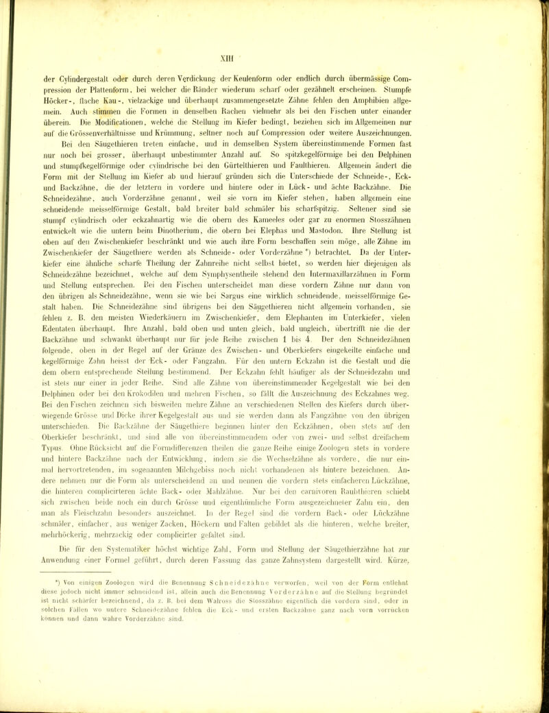 der Cylindergestalt oder durch deren Verdickung der Keulenform oder endlich durch übermässige Com- pression der Plattenform, bei welcher die Ränder wiederum scharf oder gezähnelt erscheinen. Stumpfe Höcker-, flache Kau-, vielzackige und überhaupt zusammengesetzte Zähne fehlen den Amphibien allge- mein. Auch stimmen die Formen in denselben Rachen vielmehr als bei den Fischen unter einander überein. Die Modificalionen, welche die Stellung im Kiefer bedingt, beziehen sich im Allgemeinen nur auf die Grössenverhältnisse und Krümmung, seltner noch auf Compression oder weitere Auszeichnungen. Bei den Säugethieren treten einfache, und in demselben System übereinstimmende Formen fast nur noch bei grosser, überhaupt unbestimmter Anzahl auf. So spitzkegelförmige bei den Delphinen und stumpfkegelförmige oder cylindrische bei den Gürtelthieren und Faullhieren. Allgemein ändert die Form mit der Stellung im Kiefer ab und hierauf gründen sich die Unterschiede der Schneide-, Eck- und Backzähne, die der letztem in vordere und hintere oder in Lück- und ächte Backzähne. Die Schneidezähne, auch Vorderzähne genannt, weil sie vorn im Kiefer stehen, haben allgemein eine schneidende meisseiförmige Gestalt, bald breiter bald schmäler bis scharfspitzig. Seltener sind sie stumpf cylindrisch oder eckzahnartig wie die obern des Kameeles oder gar zu enormen Stosszähnen entwickelt wie die untern beim Dinolherium, die obern bei Elephas und Mastodon, ihre Stellung ist oben auf den Zwischenkiefer beschränkt und wie auch ihre Form beschaffen sein möge, alle Zähne im Zwischenkiefer der Säugethiere werden als Schneide- oder Vorderzähne*) betrachtet. Da der Unter- kiefer eine ähnliche scharfe Theilung der Zahnreihe nicht selbst bietet, so werden hier diejenigen als Schneidezähne bezeichnet, welche auf dem Symphysentheile stehend den Intermaxillarzähnen in Form und Stellung entsprechen. Bei den Fischen unterscheidet man diese vordem Zähne nur dann von den übrigen als Schneidezähne, wenn sie wie bei Sargus eine wirklich schneidende, meisseiförmige Ge- stalt haben. Die Schneidezähne sind übrigens bei den Säugethieren nicht allgemein vorhanden, sie fehlen z. B. den meisten Wiederkäuern im Zwischenkiefer, dem Elephanten im Unterkiefer, vielen Edentaten überhaupt, Ihre Anzahl, bald oben und unten gleich, bald ungleich, übertrifft nie die der Backzähne und schwankt überhaupt nur für jede Reihe zwischen 1 bis 4. Der den Schneidezähnen folgende, oben in der Regel auf der Gränze des Zwischen- und Oberkiefers eingekeilte einfache und kegelförmige Zahn heisst der Eck- oder Fangzahn. Für den untern Eckzahn ist die Gestalt und die dem obern entsprechende Stellung bestimmend. Der Eckzahn fehlt häufiger als der Schneidezahn und ist stets nur einer in jeder Reihe. Sind alle Zähne von übereinstimmender Kegelgestalt wie bei den Delphinen oder bei den Krokodilen und mehren Fischen, so fällt die Auszeichnung des Eckzahnes weg. Bei den Fischen zeichnen sich bisweilen mehre Zähne an verschiedenen Stellen des Kiefers durch über- wiegende Grösse und Dicke ihrer Kegelgestalt aus und sie werden dann als Fangzähne von den übrigen unterschieden. Die Backzähne der Säugethiere beginnen hinter den Eckzähnen, oben stets auf den Oberkiefer beschränkt, und sind alle von übereinstimmendem oder von zwei- und selbst dreifachem Typus. Ohne Rücksicht auf die Formdifferenzen theilen die ganze Reihe einige Zoologen stets in vordere und hintere Backzähne nach der Entwicklung, indem sie die Wechselzähne als vordere, die nur ein- mal hervortretenden, im sogenannten Milchgebiss noch nicht vorhandenen als hintere bezeichnen. An- dere nehmen nur die Form als unterscheidend an und nennen die vordem stets einfacheren Lückzähne, die hinteren complicirteren ächte Back- oder Mahlzähne. Nur bei den carnivoren Raubthieren schiebt sich zwischen beide noch ein durch Grösse und eigenthümliche Form ausgezeichneter Zahn ein, den man als Fleischzahn besonders auszeichnet. In der Regel sind die vordem Back- oder Lückzähne schmäler, einfacher, aus weniger Zacken, Höckern und Falten gebildet als die hinteren, welche breiter, mehrhöckerig, mehrzackig oder complicirter gefaltet sind. Die für den Systematiker höchst wichtige Zahl, Form und Stellung der Säugethierzähne hat zur Anwendung einer Formel geführt, durch deren Fassung das ganze Zahnsystem dargestellt wird. Kürze, *) Von einigen Zoologen wird die Benennung Schneidezähne verworfen, weil von der Form entlehnt diese jedoch nicht immer schneidend ist, allein auch dieBenennung Vorderzähne auf die Stellung begründet ist nicht schärfer bezeichnend, da z. B. bei dem Walross die Stosszälme eigentlich die vordem sind, oder in solchen Fällen wo untere Schneidezähne fehlen die Eck- und ersten Backzähne ganz nach vorn vorrücken können und dann wahre Vorderzähne sind.