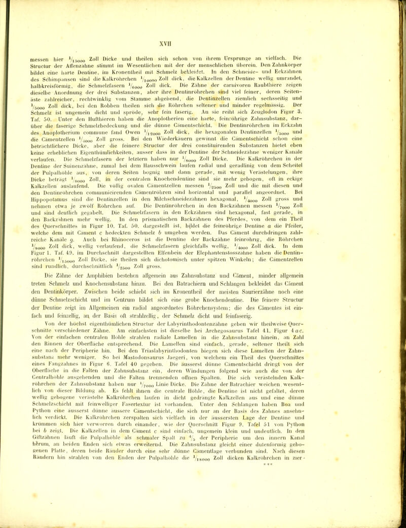 messen hier Visooo Z°M Dicke und theilen sich schon von ihrem Ursprünge an vielfach. Die Structur der Affenzähne stimmt im Wesentlichen mit der der menschlichen überein. Den Zahnkörper bildet eine harte Dentine, im Kronentheil mit Schmelz bekleidet. In den Schneide- und Eckzähnen des Schimpansen sind die Kalkröhrchen Yioooo Zoll dick, die Kalkzellen der Dentine wellig umrandet, halbkreisförmig, die Schmelzfasern Vöooo Zoli tiick- Die Zähne üer carnivoren Raubtbiere zeigen dieselbe Anordnung der drei Substanzen, aber ihre Dentinröhrchen sind viel feiner, deren Seiten- äste zahlreicher, rechtwinklig vom Stamme abgehend, die Dentinzellen ziemlich sechsseitig und i/5000 Zoll dick, bei den Robben theilen sich die Röhrchen seltener und minder regelmässig. Der Schmelz ist ungemein dicht und spröde, sehr fein faserig. An sie reiht sich Zeuglodon Figur 3. Taf. 50. Unter den Hufthieren haben die Anoplotherien eine harte, feinröhrige Zahnsubstanz, dar- über die faserige Schmelzbedeckung und die dünne Cämentschicht. Die Dentinröhrchen im Eckzahn des Anoplotherium commune fand Owen Yi2000 Zoll dick, die hexagonalen Dentinzellen Vsooo unJ die Cämentzellen 1/40ü0 Zoll gross. Rei den Wiederkäuern gewinnt die Cämentschicht schon eine beträchtlichere Dicke, aber die feinere Structur der drei constituirenden Substanzen bietet eben keine erheblichen Eigenthümlichkeiten, ausser dass in der Dentine der Schneidezähne weniger Kanäle verlaufen. Die Schmelzfasern der letztem haben nur V8000 Zoll Dicke. Die Kalkröhrchen in der Dentine der Suinenzähne, zumal bei dem Hausschwein laufen radial und geradlinig von dem Scheitel der Pulpalhöhle aus, von deren Seiten bognig und dann gerade, mit wenig Verästelungen, ihre Dicke beträgt Ysooo Zoll, in der centralen Knochendentine sind sie mehr gebogen, oft in eckige Kalkzellen auslaufend. Die völlig ovalen Cämentzellen messen Y2500 z°ü und die uüt diesen und den Dentinröhrchen communicireuden Cämentröhren sind horizontal und parallel angeordnet. Bei Hippopotamus sind die Dentinzellen in den Milchschneidezähnen hexagonal, V4000 Z°U gross und nehmen etwa je zwölf Röhrchen auf. Die Dentinröhrchen in den Backzähnen messen V7000 Zoll und sind deutlich gegabelt. Die Schmelzfasern in den Eckzähnen sind hexagonal, fast gerade, in den Backzähnen mehr wellig. In den prismatischen Backzähnen des Pferdes, von dem ein Theil des Querschnittes in Figur 10. Taf. 50. dargestellt ist, bildet die feinröhrige Dentine a die Pfeiler, welche dem mit Cäment c hedeckten Schmelz b umgeben werden. Das Cärnent durcbdringen zahl- reiche Kanäle g. Auch bei Rhinoceros ist die Dentine der Backzähne l'einröhrig, die Röhrchen Vsooo Z°R dick, wellig verlaufend, die Schmelzfasern gleichfalls wellig, Y4000 Zoll dick. In dem Figur 1. Taf. 49. im Durchschnitt dargestellten Elfenbein der Elephantenstosszähne haben die Dentin- röhrchen Y15000 Zoll Dicke, sie theilen sich dichotomisch unter spitzen Winkeln; die Cämentzellen sind rundlich, durchschnittlich V2500 z°b gross. Die Zähne der Amphibien bestehen allgemein aus Zahnsubstanz und Cäment, minder allgemein treten Schmelz und Knochensubstanz hinzu. Bei den Batrachiern und Schlangen bekleidet das Cäment den Dentinkörper. Zwischen beide schiebt sich im Kronentheil der meisten Saurierzähne noch eine dünne Schmelzschicht und im Centrum bildet sich eine grobe Knochendentine. Die feinere Structur der Denline zeigt im Allgemeinen ein radial angeordnetes Röhrchensystem; die des Gämentes ist ein- fach und feinzellig, an der Basis oft strahlzeilig, der Schmelz dicht und feinfaserig. Von der höchst eigentbümlichen Structur der Labyrinthodontenzähne geben wir theilweise Quer- schnitte verschiedener Zähne. Am einfachsten ist dieselbe bei Archegosaurus Tafel 41. Figur 4ac. Von der einfachen centralen Höhle strahlen radiale Lamellen in die Zahnsubstanz hinein, an Zahl den Rinnen der Oberfläche entsprechend. Die Lamellen sind einfach, gerade, seltener theilt sich eine nach der Peripherie hin. Bei den Triaslabyrinthodonten biegen sich diese Lamellen der Zahn- substanz mehr weniger. So bei Mastodonsaurus Jaegeri, von welchem ein Theil des Querschnittes eines Fangzahnes in Figur 6. Tafel 40 gegeben. Die äusserst dünne Cämentschicht dringt von der Oberfläche in die Falten der Zahnsubstanz ein, deren Windungen folgend wie auch die von der Centralhöhle ausgehenden und die Falten trennenden offnen Spalten. Die sich verästelnden Kalk- röhrchen der Zahnsubstanz haben nur Y7000 Linie Dicke. Die Zähne der Batrachier weichen wesent- lich von dieser Bildung ab. Es fehlt ihnen die centrale Höhle, die Dentine ist nicht gefaltet, deren wellig gebogene verästelte Kalkröhrchen laufen in dicht gedrängte Kalkzellen aus und eine dünne Schmelzschicht mit feinwelliger Fasertextur ist vorhanden. Unter den Schlangen haben Boa und Python eine äusserst dünne äussere Cämentschicht, die sich nur an der Basis des Zahnes ansehn- lich verdickt. Die Kalkröhrchen zerspalten sich vielfach in der äussersten Lage der Dentine und krümmen sich hier verworren durch einander, wie der Querschnitt Figur 9. Tafel 51 von Python bei b zeigt. Die Kalkzellen in dem Cäment c sind einfach, ungemein klein und undeutlich. In den Giftzähnen läuft die Pulpalhöhle als schmaler Spalt zu 4/s der Peripherie um den innern Kanal bÖrum, an beiden Enden sich etwas erweiternd. Die Zahnsubstanz gleicht einer dutenförmig gebo- genen Platte, deren beide Ränder durch eine sehr dünne Cämentlage verbunden sind. Nach diesen Rändern hin strahlen von den Enden der Pulpalhöhle die Yisooo z°d dicken Kalkröhrchen in zier- * **
