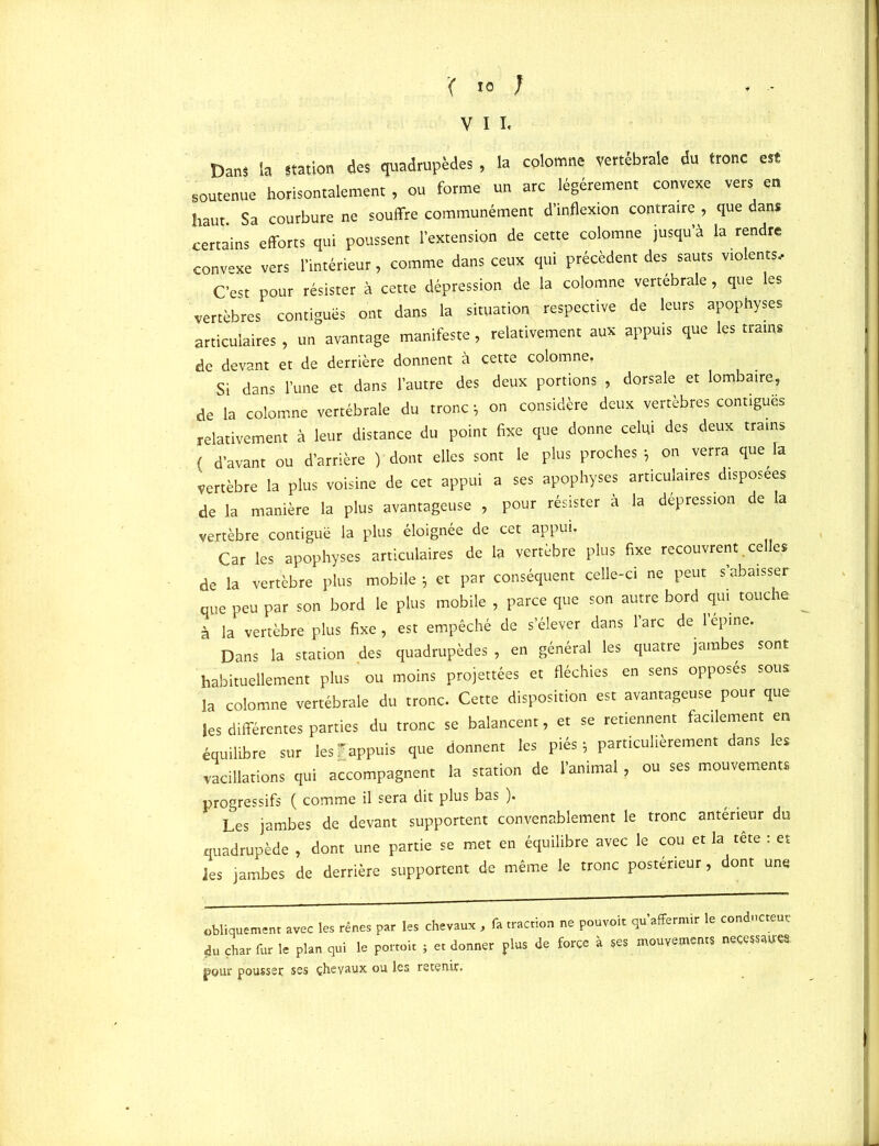 V I I. Dans la station des quadrupèdes, la colomne vertébrale du tronc est soutenue horisontalement , ou forme un arc légèrement convexe vers en haut Sa courbure ne souffre communément d’inflexion contraire , que dans certains efforts qui poussent l’extension de cette colomne jusqu’à la rendre conv-xe vers l’intérieur, comme dans ceux qui précèdent des sauts violents. C’est pour résister à cette dépression de la colomne vertébrale, que les vertèbres contiguës ont dans la situation respective de leurs apophyses articulaires , un avantage manifeste, relativement aux appuis que les trains de devant et de derrière donnent à cette colomne, Si dans l’une et dans l'autre des deux portions , dorsale et lombaire, de la colomne vertébrale du tronc; on considère deux vertèbres contiguës relativement à leur distance du point fixe que donne celui des deux trains ( d’avant ou d’arrière ) dont elles sont le plus proches ; on verra que la vertèbre la plus voisine de cet appui a ses apophyses articulaires disposées de la manière la plus avantageuse , pour résister à la dépression de la vertèbre contiguë la plus éloignée de cet appui, Car les apophyses articulaires de la verrèbre plus fixe recouvrent celles de la vertèbre plus mobile ; et par conséquent celle-ci ne peut s’abaisser que peu par son bord le plus mobile , parce que son autre bord qui touche à la vertèbre plus fixe, est empêché de s’élever dans l’arc de l’epme. Dans la station des quadrupèdes , en général les quatre jambes sont habituellement plus ' ou moins projettées et fléchies en sens opposés sous la colomne vertébrale du tronc. Cette disposition est avantageuse pour que les différentes parties du tronc se balancent, et se retiennent facilement en équilibre sur lesFappuis que donnent les piés ; particulièrement dans les vacillations qui accompagnent la station de l’animal, ou ses mouvements progressifs ( comme il sera dit plus bas ). Les jambes de devant supportent convenablement le tronc antérieur du quadrupède , dont une partie se met en équilibre avec le cou et la tete : et les jambes de derrière supportent de même le tronc postérieur, dont une obliquement avec les rênes par les chevaux , fa traction ne pouvoit qu’affermir le conducteur du char fur le plan qui le portoit ; et donner plus de force à ses mouvements necwwct pour pousser ses çhevaux ou les retenir.