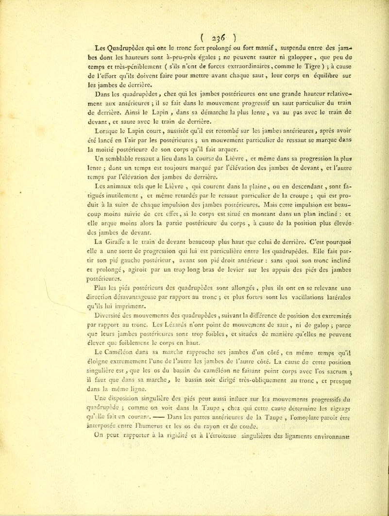 ( *3* ) Les Quadrupèdes qui ont le tronc fort prolongé ou fort massif, suspendu entre des jam- bes dont les hauteurs sont à-peu-près égales ; ne peuvent sauter ni galopper , que peu de temps et très-péniblement ( s’ils n’ont de forces extraordinaires, comme le Tigre ) ; à cause de l'effort qu’ils doivent faire pour mettre avant chaque saut, leur corps en équilibre sur les jambes de derrière. Dans les quadrupèdes , chez qui les jambes postérieures ont une grande hauteur relative- ment aux antérieures ; il se fait dans le mouvement progressif un saut particulier du train de derrière. Ainsi le Lapin , dans sa démarche la plus lente, va au pas avec le train de devant, et saute avec le train de derrière. Lorsque le Lapin court, aussitôt qu’il est retombé sur les jambes antérieures, après avoir été lancé en l’air par les postérieures ; un mouvement particulier de ressaut se marque dans la moitié postérieure de son corps qu’il fait arquer. Un semblable ressaut a lieu dans là course du Lièvre , et même dans sa progression la plus lente ; dont un temps est toujours marqué par l’élévation des jambes de devant, et l’autre temps par l’élévation des jambes de derrière. Les animaux tels que le Lièvre , qui courent dans la plaine, ou en descendant, sont fa- tigués inutilement , et même retardés par le ressaut particulier de la croupe ^ qui est pro- duit à la suite de chaque impulsion des jambes postérieures. Mais cette impulsion est beau- coup moins suivie de cet effet, si le corps est situé en montant dans un plan incliné : et elle arque moins alors la partie postérieure du corps , à cause de la position plus élevée- des jambes de devant. La Giraffe a le train de devant beaucoup plus haut que celui de derrière. C’est pourquoi elle a une sorte de progression qui lui est particulière entre les quadrupèdes. Elle fait par- tir son pié gauche postérieur, avant son pié droit antérieur : sans quoi son tronc incliné et prolongé, agiroit par un trop long bras de levier sur les appuis des piés des jambes postérieures. Plus les piés postérieurs des quadrupèdes sont allongés , plus ils ont en se relevant une direction désavantageuse par rapport au tronc ; èt plus fortes sont les vacillations latérales qu’ils lui impriment. Diversité des mouvements des quadrupèdes , suivant la différence de position des extrémités par rapport au tronc. Les Lézards n’ont point de mouvement de saut, ni de galop ; parce que leurs jambes postérieures sont trop foibles, et situées de manière qu’elles ne peuvent élever que foiblement le corps en haut. Le Caméléon dans sa marche rapproche ses jambes d’un côté, en même temps qu’il éloigne extrêmement l’une de l’autre les jambes de l’autre côté. La cause de cette position singulière est, que les os du bassin du caméléon ne faisant point corps avec l’os sacrum • il faut que dans sa marche, le bassin soit dirigé très-obliquement au tronc , et presque dans la même ligne. Une disposition singulière des piés peut aussi influer sur les mouvements progressifs du quadrupède ; comme on voit dans la Taupe , chez qui cette cause détermine les zigzags qu’elle fa;t en couranr. Dans les pattes antérieures de la Taupe , l’omoplate paroît être interposée entre l’humerus et les os du rayon et du coude. ün peut rapporter à la rigidité et à l’étroitesse singulières des ligaments environnante
