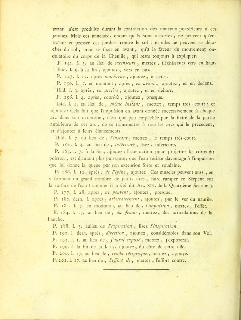 avant n’est produite durant la contraction des anneaux postérieurs à ces jambes. Mais ces anneaux , entant qu’ils sont resserrés , ne peuvent qu’en- trsîrer et presser ces jambes contre le sol : et elles ne peuvent se déta- cher du sol, pour se fixer en avant, qu’à la faveur du mouvement on- dulatoire du corps de la Chenille , qui reste toujours à expliquer. P. 142. 1. 3. au lieu de extenseurs , mettez , fléchisseurs vers en haut. Ibid. 1. 9. à la fin , ajoutez , vers en bas. P. 147. 1. 13. après nombreux , ajoutez, insectes. P. 150. 1. 7. en montant ^ après, en avant, ajoutez, et en dedans, Ibid. 1. 3. après, en arrière, ajoutez , et en dehors. P. 15 <5. 1. 4. après, courbés , ajoutez, presque. Ibid. 1. 4. au lieu de , même instant, mettez , temps très - court $ et ajoutez : Cela fait que l’impulsion en avant donnée successivement à chaque arc dans son extension, n’est que peu empêchée par la fixité de la partie antérieure de cet arc, de se transmettre à tous les arcs qui le précèdent, et d’ajouter à leurs élancements. Ibid. 1. 7. au lieu de, l'instant, mettez, le temps très-court. P. i<5o. 1. 4. au lieu de , intérieure , lisez , inférieure. P. 165. 1. 7. à la fin , ajoutez : Leur action pour projetter le corps du poisson , est d’autant plus puissante -, que l’eau résiste davantage à l’impulsion que lui donne la queue par son extension forte et soudaine. P. 166. 1. 12. après, de l'épine, ajoutez : Ces muscles peuvent aussi, en y formant un grand nombre de petits arcs , faire ramper ce Serpent sur la surface de l’eau ( comme il a été dit Art. xiv. de la Quatrième Section ). P. 177. 1. 28. après, ne peuvent, ajoutez, presque. P. 180. dern. 1. après, arbitrairement, ajoutez, par le ver du nautile. P. 181. 1. 7. en montant j au lieu de, l'impulsion, mettez, l’effet. P. 184. 1. 17. au lieu de, du fémur, mettez, des articulations de la hanche. P. 188. 1. 5. aulieu de l'expiration , lisez l'inspiration. P. 190. 1. dern. après , direction , ajoutez , considérables dans son Vol. P. 193. 1. 1. au lieu de, j'aurai exposé, mettez, j’exposerai. P. 199. à la fin de la 1. 17. ajoutez, du côté de cette aile. P. 200. 1. 17. au lieu de , rendu réciproque , mettez , appuyé. P. 201.1. 17. au lieu de , l'effort de , mettez , l’effort contre.