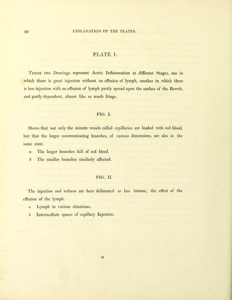 PLATE I. These two Drawings represent Acute Inflammation at different Stages, one in which there is great injection without an effusion of lymph, another in which there is less injection with an effusion of lymph partly spread upon the surface of the Bowels, and partly dependent, almost like so much fringe. FIG. I. Shows that not only the minute vessels called capillaries are loaded with red blood, but that the larger communicating branches, of various dimensions, are also in the same state. a The larger branches full of red blood. b The smaller branches similarly affected. FIG. II. The injection and redness are here delineated as less intense, the effect of the effusion of the lymph. a Lymph in various situations. b Intermediate spaces of capillary Injection. M
