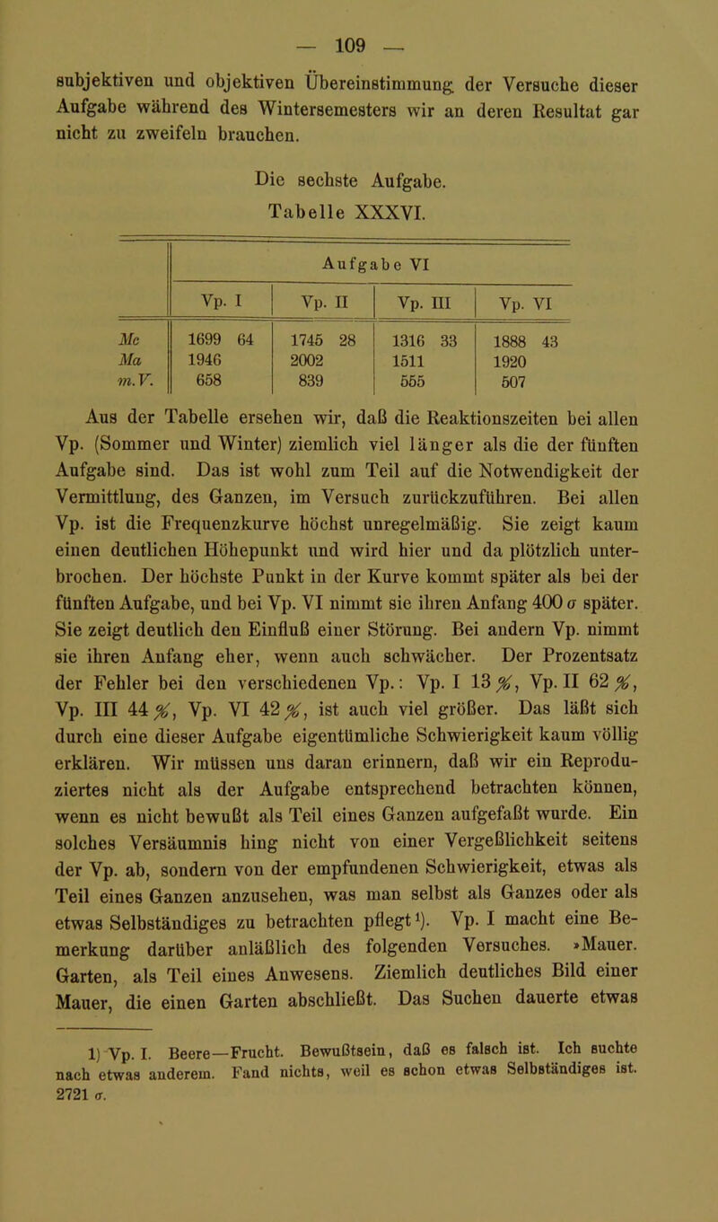 subjektiven und objektiven Übereinstimmung; der Versuche dieser Aufgabe während des Wintersemesters wir an deren Resultat gar nicht zu zweifeln brauchen. Die sechste Aufgabe. Tabelle XXXVI. Aufgabe VI Vp. I Vp. II Vp. m Vp. VI Me Ma m.V. 1699 64 1946 658 1745 28 2002 839 1316 33 1511 555 1888 43 1920 507 Aus der Tabelle ersehen wir, daß die Reaktionszeiten bei allen Vp. (Sommer und Winter) ziemlich viel länger als die der fünften Aufgabe sind. Das ist wohl zum Teil auf die Notwendigkeit der Vermittlung, des Ganzen, im Versuch zurückzuführen. Bei allen Vp. ist die Frequenzkurve höchst unregelmäßig. Sie zeigt kaum einen deutlichen Höhepunkt und wird hier und da plötzlich unter- brochen. Der höchste Punkt in der Kurve kommt später als bei der fünften Aufgabe, und bei Vp. VI nimmt sie ihren Anfang 400 a später. Sie zeigt deutlich den Einfluß einer Störung. Bei andern Vp. nimmt sie ihren Anfang eher, wenn auch schwächer. Der Prozentsatz der Fehler bei den verschiedenen Vp.: Vp. I 13 Vp. II 62^, Vp. III 44^, Vp. VI 42^, ist auch viel größer. Das läßt sich durch eine dieser Aufgabe eigentümliche Schwierigkeit kaum völlig erklären. Wir müssen uns daran erinnern, daß wir ein Reprodu- ziertes nicht als der Aufgabe entsprechend betrachten können, wenn es nicht bewußt als Teil eines Ganzen aufgefaßt wurde. Ein solches Versäumnis hing nicht von einer Vergeßlichkeit seitens der Vp. ab, sondern von der empfundenen Schwierigkeit, etwas als Teil eines Ganzen anzusehen, was man selbst als Ganzes oder als etwas Selbständiges zu betrachten pflegt^). Vp. I macht eine Be- merkung darüber anläßlich des folgenden Versuches. »Mauer. Garten, als Teil eines Anwesens. Ziemlich deutliches Bild einer Mauer, die einen Garten abschließt. Das Suchen dauerte etwas 1) Vp. I. Beere—Frucht. Bewußtsein, daß es falsch ist. Ich suchte nach etwas anderem. Fand nichts, weil es schon etwas Selbständiges ist. 2721 <r.