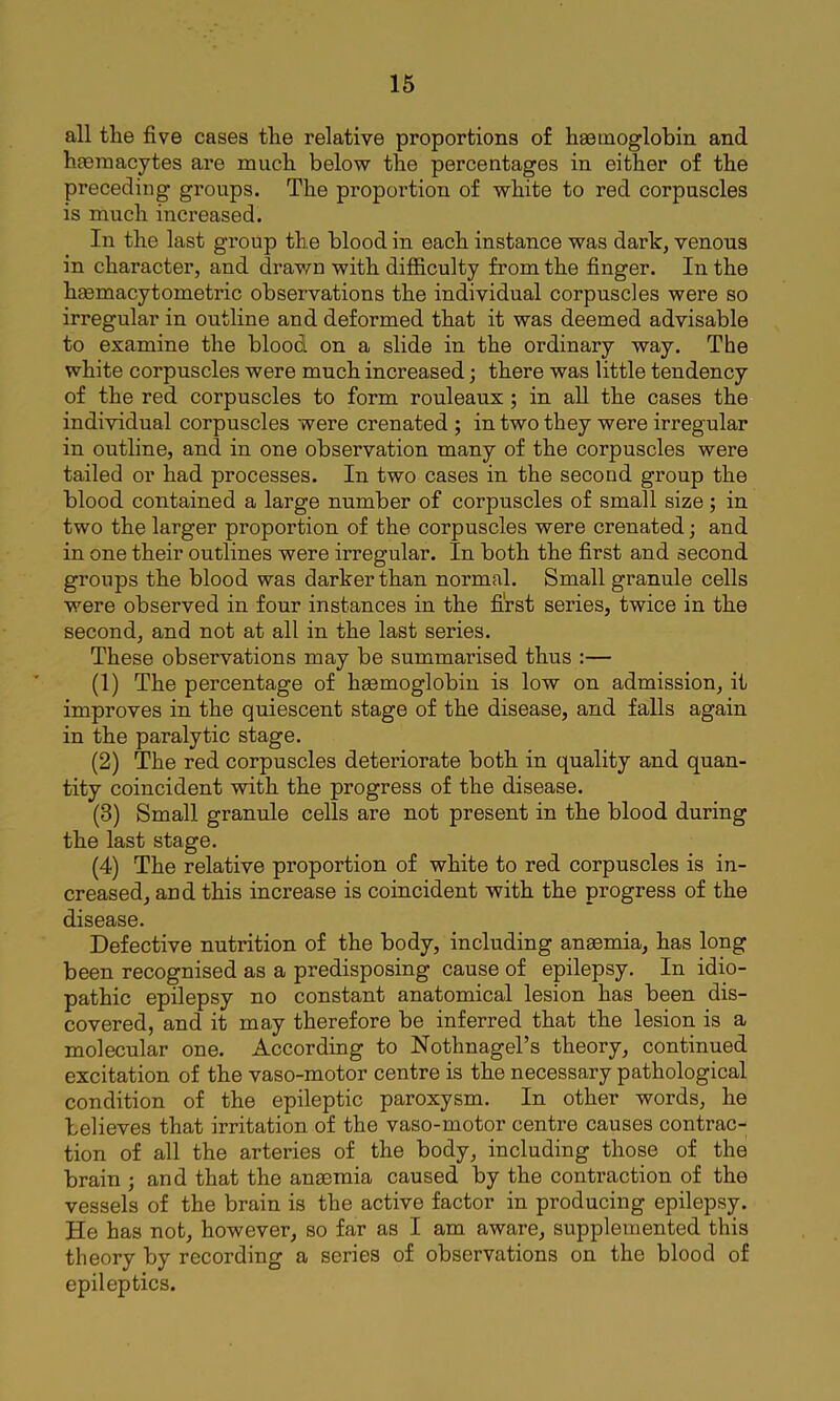 all tlie five cases the relative proportions of haemoglobin and haeniacytes are much below the percentages in either of the preceding groups. The proportion of white to red corpuscles is much increased. In the last group the blood in each instance was dark, venous in character, and drav/n with difficulty from the finger. In the haemacytometric observations the individual corpuscles were so irregular in outline and deformed that it was deemed advisable to examine the blood on a slide in the ordinary way. The white corpuscles were much increased j there was little tendency of the red corpuscles to form rouleaux; in aU the cases the individual corpuscles were crenated ; in two they were irregular in outline, and in one observation many of the corpuscles were tailed or had processes. In two cases in the second group the blood contained a large number of corpuscles of small size ; in two the larger proportion of the corpuscles were crenated; and in one their outlines were irregular. In both the first and second groups the blood was darker than normal. Small granule cells were observed in four instances in the first series, twice in the second, and not at all in the last series. These observations may be summarised thus :— (1) The percentage of hgemoglobin is low on admission, it improves in the quiescent stage of the disease, and falls again in the paralytic stage. (2) The red corpuscles deteriorate both in quality and quan- tity coincident with the progress of the disease. (3) Small granule cells are not present in the blood during the last stage. (4) The relative proportion of white to red corpuscles is in- creased, and this increase is coincident with the progress of the disease. Defective nutrition of the body, including anaemia, has long been recognised as a predisposing cause of epilepsy. In idio- pathic epilepsy no constant anatomical lesion has been dis- covered, and it may therefore be inferred that the lesion is a molecular one. According to NothnageTs theory, continued excitation of the vaso-motor centre is the necessary pathological condition of the epileptic paroxysm. In other words, he believes that irritation of the vaso-motor centre causes contrac- tion of all the arteries of the body, including those of the brain ; and that the angeraia caused by the contraction of the vessels of the brain is the active factor in producing epilepsy. He has not, however, so far as I am aware, supplemented this theory by recording a series of observations on the blood of epileptics.