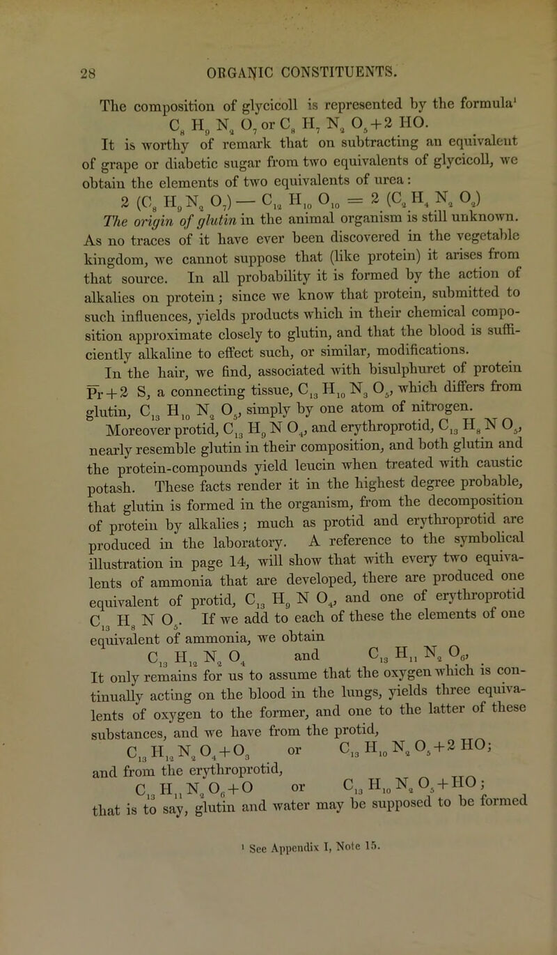 The composition of glycicoll is represented by the formula’ C„ N, O, or C, II, N, O, + 2 HO. It is worthy of remark that on subtracting an equivalent of grape or diabetic sugar from two equivalents of glycicoll, Ave obtain the elements of two equivalents of urea: 2 O,) — C,, II,„ 0,„ = 2 (C, II, N, OJ The origin of glutin in the animal organism is still unknown. As no traces of it have ever been discovered in the vegetable kingdom, aa'C cannot suppose that (like protein) it arises from that source. In all probability it is formed by the action of alkalies on protein j since Ave know that protein, submitted to such influences, yields products Avhich in their chemical compo- sition approximate closely to glutin, and that the blood is sufifl- ciently alkaline to effect such, or similar, modifications. In the hair, we find, associated Avith bisulphuret of protein Pr4-2 S, a connecting tissue, C,3 H,g Ng O^, which differs from glutin, C,3 H,3 N,, Oj, simply by one atom of niti’ogen. Moreover protid, C,3 Hg N 0„ and erythroprotid, C,3 Hg N O^, nearly resemble glutin in their composition, and both glutin and the protein-compounds yield leucin when treated with caustic potash. These facts render it in the highest degree probable, that glutin is formed in the organism, from the decomposition of protein by alkalies; much as protid and erythroprotid are produced in the laboratory. A reference to the symbohcal illustration in page 14, will show that Avith every two equiia- lents of ammonia that are developed, there are produced one equivalent of protid, C,3 li, N 0„ and one of erjdhroprotid C H N O3. If we add to each of these the elements of one equivalent of ammonia, we obtain N, O, and C.g H„ N, 0„ It only remains for us to assume that the oxygen which is con- tinually acting on the blood in the lungs, yields three equiva- lents of oxygen to the former, and one to the latter of these substances, and we have from the protid, or C.3H.gNgO,-f2HO; and from the erjdhroprotid, C,3H„Ng03 + 0 or C.gll.gNgO^-fllO; that is to say, glutin and water may be supposed to be formed