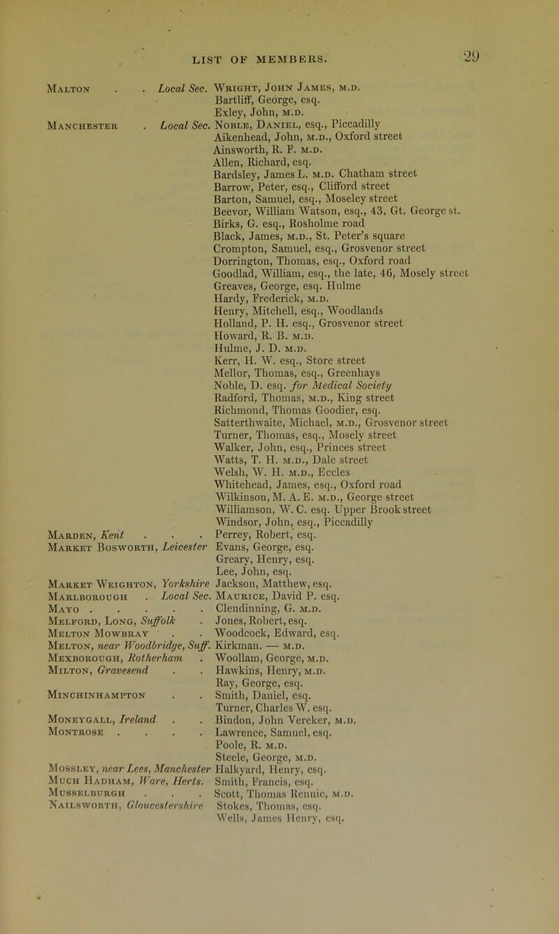 Malton Manchester Local See. Local Sec. Marden, Kent Market Bosworth, Leicester Market Weighton, Yorkshire Marlborough . Local Sec. Mayo ..... Melford, Long, Suffolk Melton Mowbray Melton, near Woodbridye, Suff. Mexborough, Rotherham Milton, Gravesend Minchinhampton Moneygall, Ireland Montrose .... Mossley, near Lees, Manchester Much Hadham, Ware, Herts. Musselburgh Nailsworth, Gloucestershire Wright, John James, m.d. Bartliff, George, esq. Exley, John, m.d. Noble, Daniel, esq., Piecadilly Aikenhead, John, m.d., Oxford street Ainsworth, R. F. m.d. Allen, Riehard, esq. Bardsley, James L. m.d. Chatham street Barrow, Peter, esq., Clifford street Barton, Samuel, esq., Moseley street Beevor, William Watson, esq., 43. Gt. George st. Birks, G. esq., Rosholme road Black, James, m.d., St. Peter’s square Crompton, Samuel, esq., Grosveuor street Dorrington, Thomas, esq., Oxford road Goodlad, WUliam, esq., the late, 46, Mosely street Greaves, George, esq. Hulme Hardy, Frederick, m.d. Henry, Mitchell, esq.. Woodlands Holland, P. H. esq., Grosvenor street Howard, R. B. m.d. Hulme, J. D. m.d. Kerr, H. W. esq.. Store street Mellor, Thomas, esq., Greenhays Noble, D. esq. for Medical Society Radford, Thomas, m.d.. King street Richmond, Thomas Goodier, esq. Satterthwaite, Michael, m.d., Grosvenor street Turner, Thomas, esq., Mosely street Walker, John, esq.. Princes street Watts, T. H. M.D., Dale street Welsh, W. H. M.D., Eccles Whitehead, James, esq., Oxford road Wilkinson, M. A. E. m.d., George street Williamson, W. C. esq. Upper Brook street Windsor, John, esq., Piccadilly Perrey, Robert,’ esq. Evans, George, esq. Greary, Henry, esq. Lee, John, esq. Jackson, Matthew, esq. Maurice, David P. esq. Clendinning, G. m.d. Jones, Robert, esq. Woodcock, Edward, esq. Kirkman. — m.d. Woollam, George, m.d. Hawkins, Henry, m.d. Ray, George, esq. Smith, Daniel, esq. Turner, Charles W. esq. Bindon, John Vereker, m.d. Lawrence, Samuel, esq. Poole, R. M.D. Steele, George, m.d. Halkyard, Henry, esq. Smith, Francis, esq. Scott, Thomas Rennie, m.d. Stokes, Tliomns, esq. Wells, James Henry, esq.