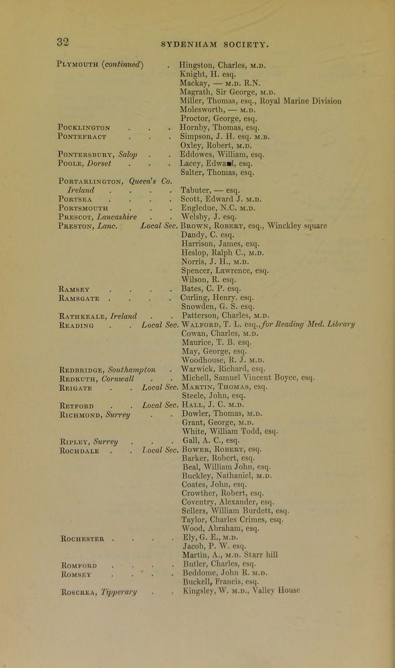 Plymouth (continued) . Hingston, Charles, m.d. Knight, II. esq. Mackay, — m.d. R.N. Magrath, Sir George, m.d. Miller, Thomas, esq.. Royal Marine Division Molesworth, — m.d. Proctor, George, esq. PoCKUNGTON . Hornby, Thomas, esq. Pontefract . . Simpson, J. H. esq. m.b. Oxley, Robert, m.d. PONTERSBURY, Sttlo]} . . Eddowes, William, esq. Poole, Dorset . . Lacey, Edwart, esq. Salter, Thomas, esq. PORTARLINGTON, QuCCn’S Co. Ireland . . Tabuter, — esq. PoRTSEA . Scott, Edward J. m.d. Portsmouth . . Engledue, N.C. m.d. Prescot, Lancashire . . Welsby, J. esq. Preston, Lane. Local Sec. Brown, Robert, esq., Winckley square Dandy, C. esq. Harrison, James, esq. Heslop, Ralph C., m.d. NoiTiS, J. H., M.D. Spencer, Lawrence, esq. Wilson, R. esq. Ramsey . Bates, C. P. esq. Ramsgate . . . Curbng, Henry, esq. Snowden, G. S. esq. Rathkeale, Ireland . Patterson, Charles, m.d. Reading Local Sec. Walford, T. L. c%<\.,for Rcadimj Med. Libr Cowan, Charles, m.d. Maurice, T. B. esq. May, George, esq. Woodhouse, R. J. m.d. Redbridge, Southampton . Warwick, Richard, esq. Redruth, Cornwall . MicheO, Samuel Vincent Boyce, esq. Reigate Local Sec. Martin, Thomas, esq. Steele, John, esq. Retford Local Sec. Hall, J. C. m.d. Richmond, Surrey . . Dowler, Thomas, m.d. Grant, George, m.d. White, William Todd, esep Ripley, Surrey . . Gall, A. C., esq. Rochdale Local Sec. Bower, Robert, esq. Barker, Robert, esq. Beal, William John, esq. Buckley, Nathaniel, m.d. Coates, John, esq. Crowther, Robert, esq. Coventry, Alexander, esq. Sellers, William Biirdett, esep Taylor, Charles Crimes, esq. Wood, Abraham, esq. Rochester . . Ely, G. E., m.d. Jacob, P. W. esq. Martin, A., m.d. Starr hill . . Butler, Charles, cs(p Romford Romsey ■ . . Beddome, John R. m.d. Buckcll, Francis, esq. Roscrea, Tipperary . . Kingsley, W. m.d.. Valley House