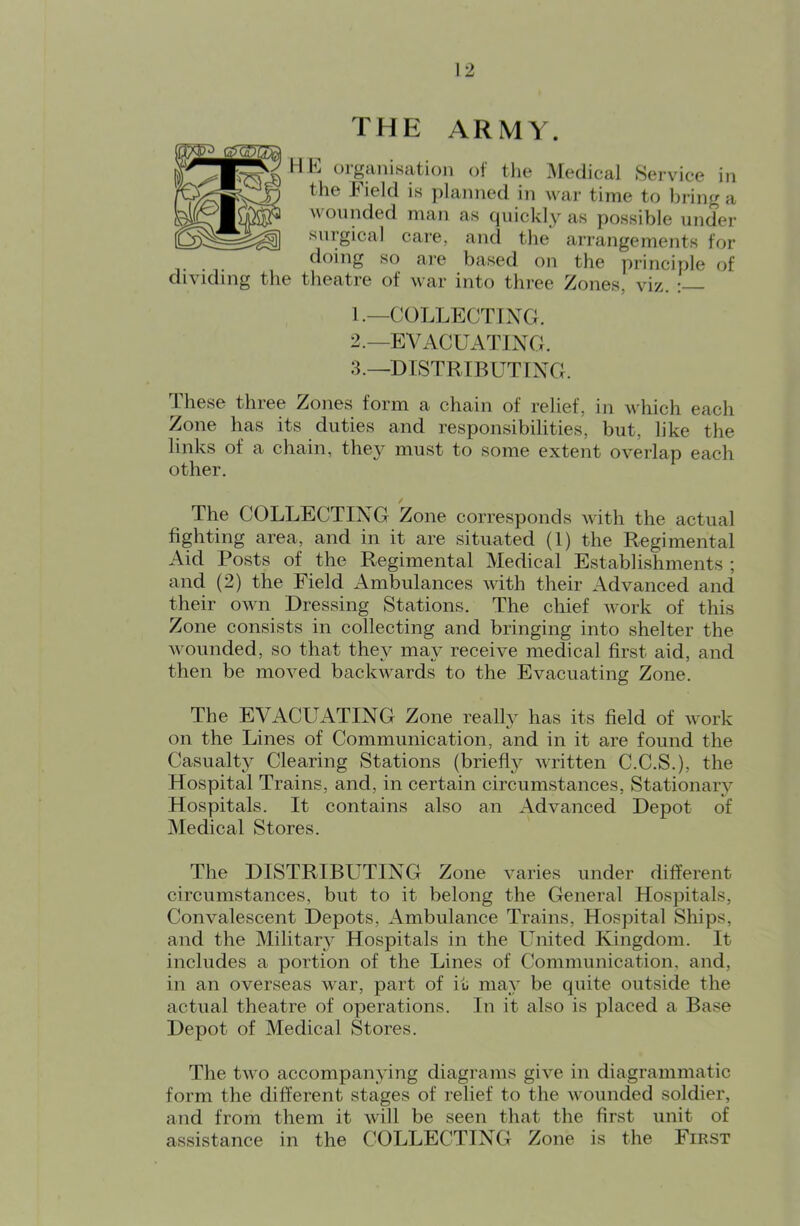 THE ARMY. H hj oigciiiiscition of the Aleclical Service in the Field is jdanned in war time to bring a M ounded man as cjuickly as j)ossible under surgical care, and the arrangements for . doing so are based on the principle of dividing the theatre of war into three Zones, viz. : 1. —COLLECTING. 2. —EVACUA^riNO. 3. —DLSTRIBUTrNG. these three Zones form a chain of relief, in which each Zone has its duties and responsibilities, but, like the links of a chain, they must to some extent overlap each other. The COLLECTING Zone corresponds Avith the actual fighting area, and in it are situated (1) the Regimental Aid Posts of the Regimental Medical Establishments ; and (2) the Field Ambulances Muth their Advanced and their own Dressing Stations. The chief v-ork of this Zone consists in collecting and bringing into shelter the Mminded, so that they may receive medical first aid, and then be moved backwards to the Evacuating Zone. The EVACUATING Zone realty has its field of work on the Lines of Communication, and in it are found the Casualty Clearing Stations (briefl}^ written C.C.S.), the Hospital Trains, and, in certain circumstances. Stationary Hospitals. It contains also an Advanced Depot of Medical Stores. The DISTRIBUTING Zone varies under different circumstances, but to it belong the General Hospitals, Convalescent Depots, Ambulance Trains, Hospital Ships, and the Military Hospitals in the United Kingdom. It includes a portion of the Lines of Communication, and, in an overseas M^ar, part of it may be quite outside the actual theatre of operations. In it also is placed a Base Depot of Medical Stores. The two accompanying diagrams give in diagrammatic form the different stages of relief to the wounded soldier, and from them it will be seen that the first unit of assistance in the COLLECTING Zone is the First