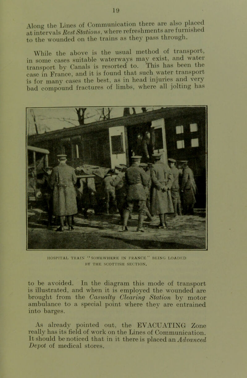 \long the Lines of (jommnnication there are also placed at intervals Rest Stations, where refreshments are furnished to the wounded on the trains as they pass thiough. While the above is the usual method of transport, in some cases suitable waterways may exist, and watei transport by Canals is resorted to. Ihis has been the case in France, and it is found that such watei transport is for many cases the best, as in head injuries and very bad compound fractures of limbs, where all jolting has HOSPITAL TRAIN “SOMEWHKRE IN PRANCE” BEING LOADED BY THE SCOTTISH SECTION. to be avoided. In the diagram this mode of transport is illustrated, and when it is employed the wounded are brought from the Casualty Clearing Station by motor ambulance to a special point where they are entrained into barges. As already pointed out, the EVACUATING Zone really has its field of work on the Lines of Commiunication. It should be noticed that in it there is placed an AdmncecZ Depot of medical stores.