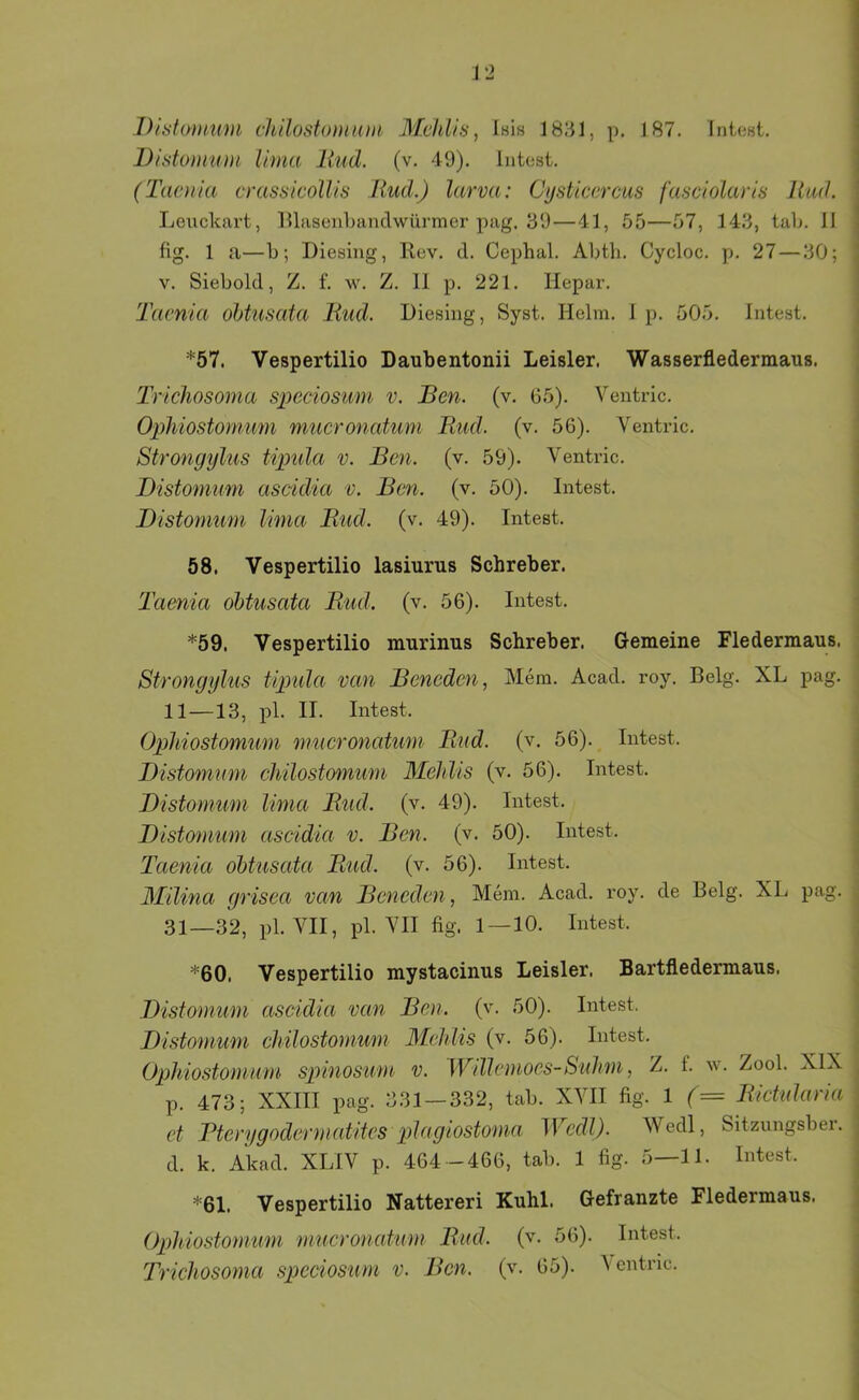 Distomum lima liud. (v. 49). Intest. (Taoiia crassicollis liud.) larvu: Cysticercus fasciolaris Rad. Leiickart, lUasenbandwürmer pag. 39—41, 55—57, 143, tab. II fig. 1 a—b; Diesing, Kev. d. Cephal. Aljth. Cycloc. p. 27—30; V. Siebold, Z. f. av. Z. 11 p. 221. Hepar. Taenia obtusata liud. Diesing, Syst. Helm. 1 p. 505. Intest. *57, Vespertilio Daubentonii Leisler. Wasserfledermaus. Trichosoma speciosum v. Ben. (v. 65). Ventric. Ophiostomum mucronatum Rud. (v. 56). Ventric. Strongylus tipida v. Ben. (v. 59). Ventric. Distomum uscidia v. Ben. (v. 50). Intest. Distomum lima Rud. (v. 49). Intest. 58. Vespertilio lasiurus Schreber. Taenia obtusata Rud. (v. 56). Intest. *59. Vespertilio murinus Schreber. Gemeine Fledermaus. Strongylus tipida van Beneden, Mem. Acad. roy. Belg. XL pag. 11—13, pl. II. Intest. Ophiostomum mucronatum Rud. (v. 56). Intest. Distomum chilostomum Mehlis (v. 56). Intest. Distomum lima Rud. (v. 49). Intest. Distomum ascidia v. Ben. (v. 50). Intest. Taenia obtuseda Pbud. (v. 56). Intest. Milina grisea van Beneden, Mem. Acad. roy. de Belg. XL pag. 31—32, pl. VII, pl. VII fig. 1 — 10. Intest. *60. Vespertilio mystacinus Leisler. Bartfledermaus. Distomum ascidia van Ben. (v. 50). Intest. Distomum chilostomum Mehlis (v. 56). Intest. Ophiostomum spinosum v. JVillemocs-Suhm, Z. f. w. Zool. XIX p. 473; XXIII pag. 331 — 332, tab. XVII fig. 1 (= Rictidaria et Bterygodermatites xüagiostoma Wcdl). Wedl, Sitzungsber. d. k. Akad. XLIV p. 464 -466, tab. 1 fig. 5—11. Intest. *61. Vespertilio Nattereri Kühl. Gefranzte Fledermaus. Ophiostomum mucronatum Rud. (v. 56). Intest.