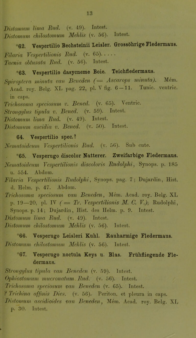 Distomuni chilostoinuw Mehlis (v. 56). Intest. *62. Vespertilio Bechsteinii Leisler. Grossöhrige Fledermaus. Filaria Vespertilionis Bud. (v. 65) Taenia obtnsata Bud. (v. 56). Intest. *63. Vespertilio dasycneme Boie. Teichfledermaus. Spivopteya minuta vau Beneden (= Ascavops minufa). Mein. Acad. roy. Belg. XL pag. 22, pl. V fig. 6-11. Tunic. ventric. in caps. Trichosoma sjyeciosfüu v. Bened. (v. 65). \entric. Strongj/lus tipula v. Bened. (v. 59). Intest. Distomum lima Bud. (v. 49). Intest. Distomum ascidia v. Bened. (v. 50). Intest. 64. Vespertilio spec.? Nematoideum Yespertilionis Bud. (v. 56). Snb cute. *65. Vesperugo discolor Natterer. Zweifarbige Fledermaus. Fematoideum Tespertilioms discoloris Bttdolphi, Synops. p. 185 u. 554. Abdom. Filaria Vesi^ertilionis Budolphi, Synops. pag. 7; Dujardin, Hist, d. Helm. p. 47. Abdom. Trichosoma speciosimi van Beneden , Mem. Acad. roy. Belg. XL p. 19—20, pl. IV (= Tr. Vespertilionis M. C. V.)-, Rudolphi, Synops. p. 14; Dujardin, Hist, des Helm. p. 9. Intest. Distomum lima Bud. (v. 49). Intest. Distomum chilostomum Mehlis (v. 56). Intest. '66. Vesperugo Leisleri Kühl. Rauharmige Fledermaus. Distomum chilostomum Mehlis (v. 56). Intest. *67. Vesperugo noctula Keys u. Blas. Frühfliegende Fle- dermaus. Strongylus tipula van Beneden (v. 59). Intest. Ophiostomum mucronatum Bud. (v. 56). Intest. Trichosoma speciosum van Beneden (v. 65). Intest. Tnchina afßnis Dies. (v. 56). Periton. et pleura in caps. Distomum ascidioides van Brneden, Mem. Acad. roy. Belg. XT^ p. 30. Intest.