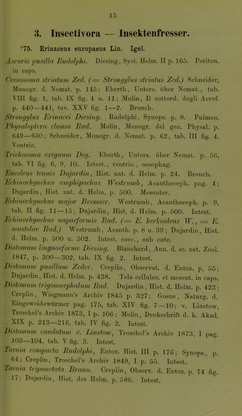 3. Iiisectivora — Insektenfresser. *75. Erinaceus europaeus Lin. Igel. Ascaris 2>usiUa Budolphi. Diesing, Syst. Helm. II p. 16.5. Periton. in caps. Crenosoma strkitum Zech (= Strongylus striatus Zed.) Schneider, Monogr. d. Nemat. p. 145; Plberth, Unters, über Nemat., tab. VIII fig. 1, tab. IX fig. 4 u. 11; Molin, II sottord. degli Acrof. p. 440—441, t.av. XXV fig. 1—2. Broncb. Strongylus Ermacei Diesing. Eudoipbi, Synops. p. 8. Pulmon. FhyscdojiUra clausa Buch Molin, Monogr. del gen. Pbysal. p. 649—650; Schneider, Monogr. d. Nemat. p. 62, tab. III fig. 4. A^entric. Trichosoma exiguum Dey. Ebertb, Unters, über Nemat. p. 56, tab. A^I fig. 6, 9, 10. Intest., ventric., oesophag. Eucolcus tenuis Dujardin, Hist. nat. d. Helm. p. 24. Broncb. Echinorhynchus ampJnpacJius Wcstrmnh, Acantbocepb. pag. 4; Dujardin, Hist. nat. d. Helm. p. 500. Mesenter. Echinorhynchus niajor Bremser. AVestrumb, Acantbocepb. p. 9, tab. II fig. 11 —15; Dujardin, Hist. d. Helm. p. 500. Intest. Echincyrhynchus napaeformis Buch (= E. herhoideus W., = E. rniistelae Bnd.) AVestrumb, Acantb. p. 8 u. 39; Dujardin, Hist, d. Helm. p. 500 u. 502. Intest, coec., sub cute. Distomum Imguaefonnc Diesing. Blancbard, Ann. d. sc. nat. Zool. 1847, p. 300-302, tab. IX fig. 2. Intest. Distoniuni pusillum Zeder. Creplin, Observat. d. Entoz. p. 55; Dujardin, Hist. d. Helm. p. 438. Tela cellulos. et mesent. in caps. Distomum trigonocephedum Buch Dujardin , Hist. d. Helm. p. 423; Creplin, AViegmann’s Archiv 1845 p. 327; Goeze, Naturg. d. Eingeweidewürmer pag. 175, tab. XIV fig. 7—10; v. Linstow, Troschel s Archiv 1873, I p. 106; Molin, Denkschrift d. k. Akad. XIX p. 213—216, tab. IV fig. 2. Intest. Distomum caudatiim v. Linstow ^ TroschePs Archiv 1873, I pao-. 103—104, tab. Vfig. 3. Intest. Taenia compacta Budolphi, Entoz. Hist. III p. 176; Synops., p. 64; Creplin, TroschePs Archiv 1849, I p. 55. Intest. Taenia tripnmetata Braun. Creplin, Observ. d. Entoz. p. 74 fig. 17; Dujardin, Hist, des Helm. p. 588. Intest.