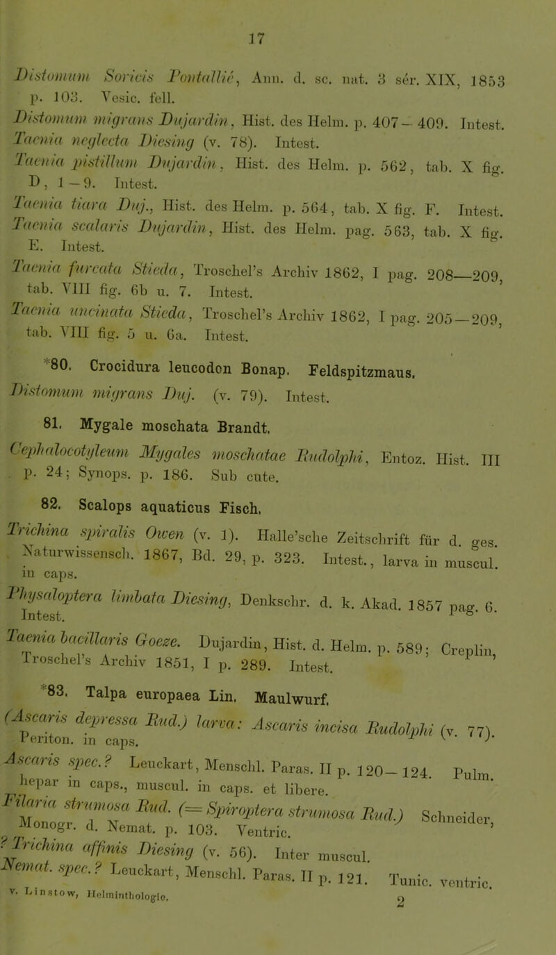 Diütonium Soricis J*ouf((]lic, Ann. d. sc. mit. 3 ser. XIX, 1853 p. 103. Yesic. feil. migrans Dnjardin, Hist, des Helm. p. 407- 400. Intest. Taenia neglecta Diesing (v. 78). Intest. laema pistiUum Bnjanlin, Hist, des Helm. p. 562, tab. X fig. , 1—0. Intest. Taenia tiara Dnj., Hist, des Helm. p. 564, tab. X fig. F. Intest. Taema scalans Dnjanlin, Hist, des Helm. pag. 563 tab X fiir F. Intest. ’ ■ Taenia fureata Stieda, TroschePs Archiv 1862, I naff. 208 9no ^ tab. Vlll fig. 6b u. 7. Intest. Taenia nneinata Stieda, Troschel’s Archiv 1862, I pag. 205-200, tab. VIII fig. 5 u. 6a. Intest. ■80. Crocidura leucodon Bonap. Feldspitzmaus. Bisi(mium migrans Dnj. (v. 70). Intest. 81. Mygale moschata Brandt. Cephalocotyleiim Mggales moschatae lindolpU, Entoz. Hist. III p. 24; Synojis. p. 186. Sub cute. 82. Scalops aquaticus Fisch. Trichina sjiiraKs Owen (v. I). Halle’sche Zeitschrift für d ^es Xaturwissenscl,. 1867, Bd. 29, p, 323. Intest., larva in mnscuh in caps. Vhjsidoptera limhata Viesimj, Denkschr. d. k. Akad. 1857 „ae C ramia hacilhris Goe^e. Dujardiu, Hist. d. Hehn. p. 689; Creplin, Iroschels Archiv 1851, I p. 289. Intest. *83. Talpa europaea Lin. Maulwurf. Ascaris y,ec.? Leuckart, Menschl. Paras. II p. 12O- 124. Puhn hepar in caps., muscul. in caps. et libere. -hneider, n-richma affmis Diesing (v. 56). Inter muscul Nemat .pec.? Heuckart, Menschl. Paras. II p. 121. Tunic. ventric. V. Linstow, lleliTiintlioIogic. 2