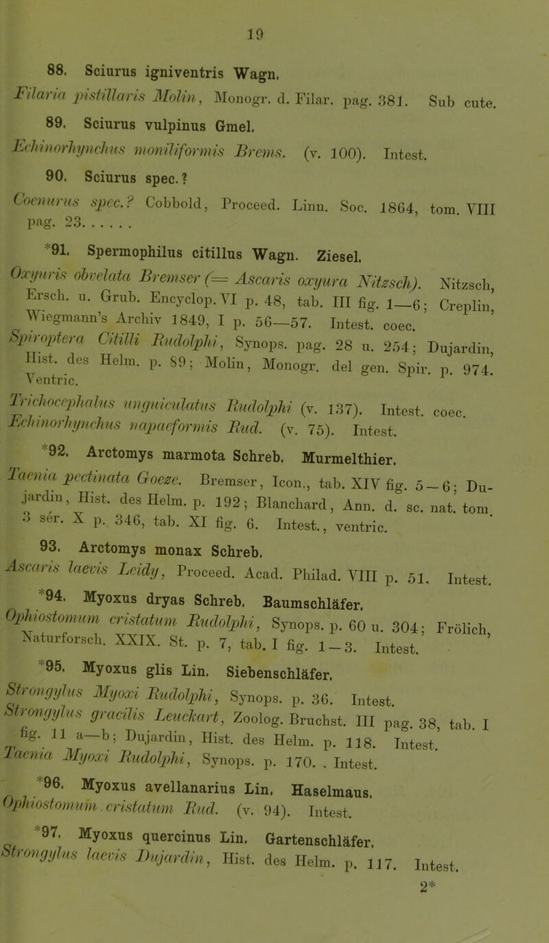 88. Sciurus igniventris Wagn. Fdaria pisUUans ]\[olin, Monogr. d. Filar. pag. 381. Sub cute. 89. Sciurus vulpinus Gmel. Erhnorliynclnif; moniliformü Breniff. (v. 100). Intest. 90. Sciurus spec. ? toomrus spcc.? Cobbold, Proceed. Linn. Soc. 1864, tom. VIII pag. 23 *91. Spermophilus citillus Wagn. Ziesel. O.ujHnfi ohvdata Bremser (= Ascaris oxyura NiUscJi). Nitzsch, Ersch. Grub, Encyclop.YI )>. 48, tab. III fig. )_6; Crepliii W legmaun’s Ardiiv 1849, I p. 50-57. Intest, coec. Spiroptern OifilK UmlolpJti, Synops. pag. 28 u. 254; Dujardm Ilist. des Helm, p, 59; Molin, Monogr. del gen. Spir. p. 974’ \ entric. Inchoccphalns nuynicnlcdus BnäoJphi (v. 137). Intest, coec. BchmorJajnclms r/aparformis Bncl (v. 75). Intest. *92. Arctomys marmota Schreb. Murmelthier. Taeu/a pectmata Goeze. Bremser, Icon., tab. XIV fig. 5 —6- Du- jardm. Hist, des Helm. p. 192; Blancbard, Ann. d. sc. nat.’tom 3 ser. X p. 346, tab. XI fig. G. Intest., yentric. 93. Arctomys monax Schreb. Ascaris laevis Lcidy, Proceed. Acad. Philad. VIII p. 51 *94. Myoxus dryas Schreb. Baumschläfer. Ophiostomnm cristatum Rmhlphi, Synops. p. 60 u 304- Xaturforsch. XXIX. St. p. 7, tab. I fig. i_3. Intest.’ Intest. Frölich, *95. Myoxus glis Lin. Siebenschläfer. Stroncjylus JSBjoxi BudoJphi, Synops. p. 36. Intest. imyy US gntczlis Leucliart, Zoolog. Brachst. III pag. 38, tab. I rr Dujardin, Hist, des Helm. p. 118. Intest. aema Myoxi Rudolphi, Synops. p. 170. . Intest. 96. Myoxus avellanarius Lin. Haselmaus. dpmostomuin . cristatum Rud. (v. 94). Intest. *97. Myoxus quercinus Lin. Gartenschläfer. btrongylus laevis J)ujardin, Hist, des Helm. p. 1J7. i„test. 2*