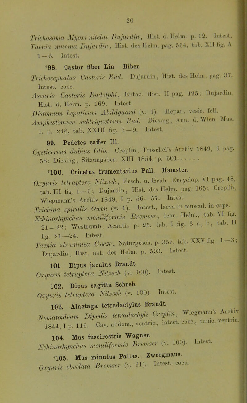 ‘20 Tricliomma JMijou i uitelac Diijardin, Hist, d. Helm. p. 12. Intest. Tiicnui UUü'hui J)uj(wdhi, Hist, des Helm. pag. 564, tab. XII lig. A 1 — 6. Intest. ^^98. Castor über Lin. Biber. Tvichoccphalas Casforis Rud. Dujardin, Hist, des Helm. ])ag. ‘M. Intest, coec. Aticaris Castoris Rudolplti, Entoz. Hist. H pag. 195; Dujai’din, Hist, d, Helm. p. 160. Intest. IKstomum Jiepaticmu AbUdgaard (v. 1). Hepar, vesic. feil. Ampliistomum suUri(inetrmn Rud. Diesing, Ann. d. Wien. -Hus. 1. p. 248, tab. XXIll fig. 7-0. Intest. 99. Pedetes caffer III. Cgsticeyms duhius Otto. Creplin, Troscbel’s Arclnv 1849, I pag. 58; Diesing, Sitzungsber. XIII 1854, p. 601 '*^100. Cricetus frumentarins Pall. Hamster. Ouguris tetraptera AiUscli, Erscb. u. Grub. Encyclop. M pag. 48, tab. III fig. 1—6; Dujardin, Hist, des Helm. pag. 165; Creplin, Wiegmann’s Archiv 1849, I p. 56-57. Intest. TricUna spkalis Owen (v. 1). Intest,, larva in muscul. m oaps^ minm-hijnchus mmiliformis Bremser, Icon. Helm,, 21 22; Westi’umb, Acantli. p. 25, tab. I fig. 3 a, ), ai. fig. 21—24. Intest. Taenia straminea Goe^e, Xaturgesch. p. 357, tab. XX\ fig. 1 , Dujardin , Hist. uat. des Helm. p. 593. Intest. 101. Dipus jaculus Brandt. Oxyuris tetrapteva Tsitzseh (v. 100). Intest. 102. Dipns sagitta Schreb. Oxyuris tetraptera NiUsch (v. 100). Intest. 103. Alactaga tetradactylns Brandt. Ncnuäoideum DwoMs tetrmkwhjH Creplin Wiegmann's 1844, Ip. 116. Cav. abdoin., ventne., intest, coec., tun . 104. Mus fuscirostris Wagner. EcMnorhynelnis moniliformis Bremser (v. 100). n es . *105. Mus minutus Pallas. Zwergmaus.