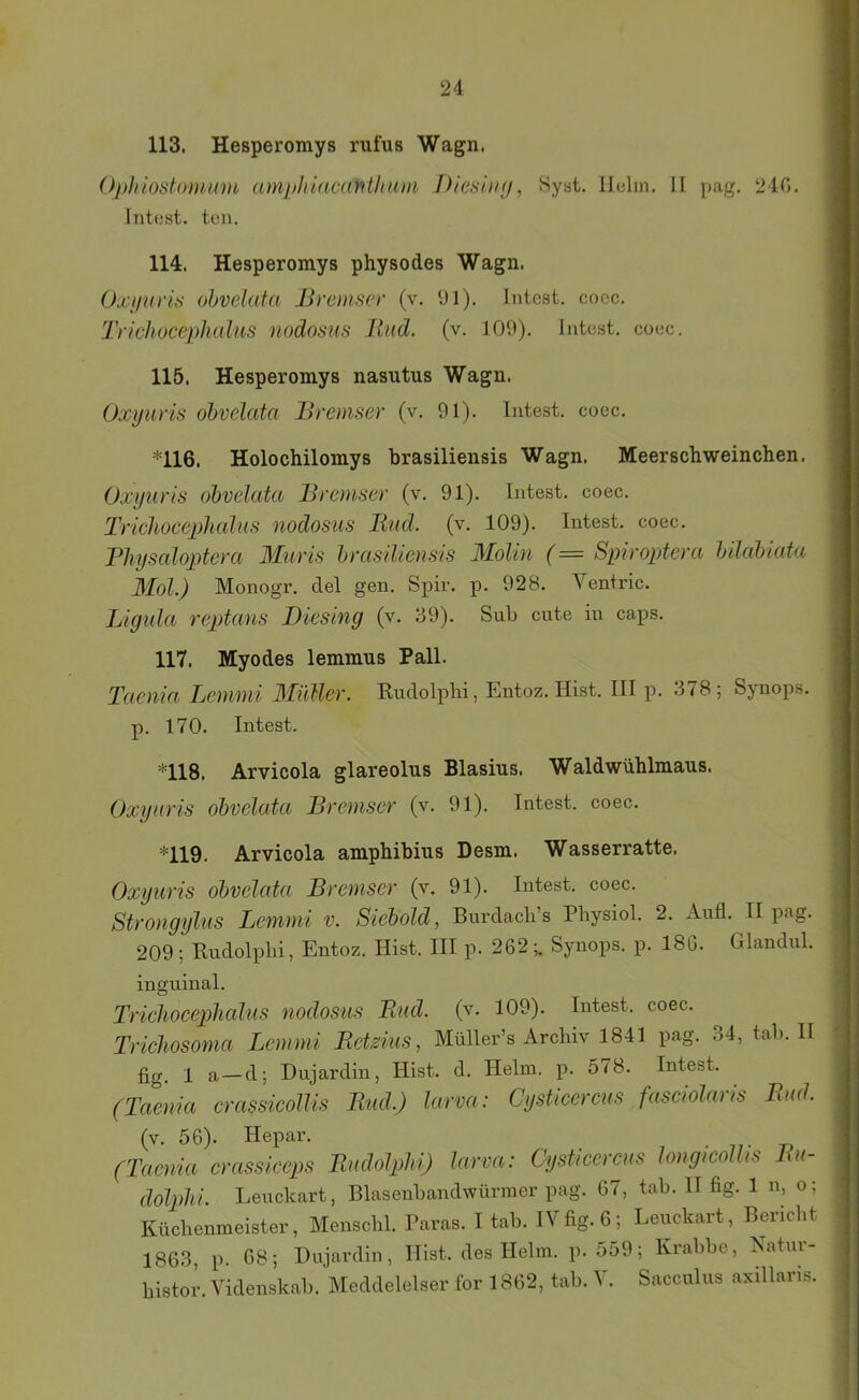 113. Hesperomys rufus Wagn. Ophiostoniwm amphlacanthuni Diesiny, Syat. Helm. II j)ag. 240. Intest, teil. 114. Hesperomys physodes Wagn. Oxj/uris ohvdatü Bremser (v. 91). lutest, cocc. Trichocephahts uodosiis liud. (v. 109). Intest, coec. 115. Hesperomys nasutus Wagn. Oxijuris obvelata Bremser (v. 91). Intest, coec. *116. Holochilomys brasiliensis Wagn. Meerschweinchen. Oxyuris obvelata Bremser (v. 91). Intest, coec. Trichoeephalus nodosus Riid. (v. 109). Intest, coec. Bhysaloptera Muris brasiliensis 3Iolin (= Spiroptera bllahiata 3Iol.) Monogr. del gen. Spir. p. 928. Ventric. Ligula reptans Diesing (v. 39). Sub cute in caps. 117. Myodes lemmns Pall. Taeuia Lemnii 3IüMer. Rudolphi, Entoz. Hist. Hip. .178; Synops. p. 170. Intest, *118. Arvicola glareolus Blasius. Waldwühlmaus. Oxynris obvelata Bremser (v. 91). Intest, coec. *119. Arvicola amphibius Desm. Wasserratte. Oxyuris obvelata Bremser (v. 91). Intest, coec. Strongylus Lemmi v. Siebold, Bui’dach’s Physiol. 2. Aufl. II pag. 209 ; Rudolphi, Entoz. Hist. III p. 262Synops. p. 186. Glandul. inguinal. Triclioceplialus nodosus Rnd. (v. 109). Intest, coec. Trichosoma Lemmi Betzius, Müller’s Archiv 1841 pag. 34, tab. II flg X a —d; Dujardin, Hist. d. Helm. p. 578. Intest. (Taenia crassicollis Bud.) larva: Cysticercus fasciolaris Bud. (v. 56). Hepar. ■ n- -n (Taenia crassiceps Budolplii) larva: Cysticercus longicollis hu- dolpbi. Leuckart, Blasenbandwürmer pag. 67, tab. H fig. 1 n, o; Küchenmeister, Menscbl. Paras. I tab. IV fig. 6; Leuckart, Bericht 1863, p. 08; Dujardin, Hist, des Helm. p. 559; Krabbe, Natur- bistor. Videnskab. Meddelelser for 1862, tab. 'S. Sacculus axillaris.