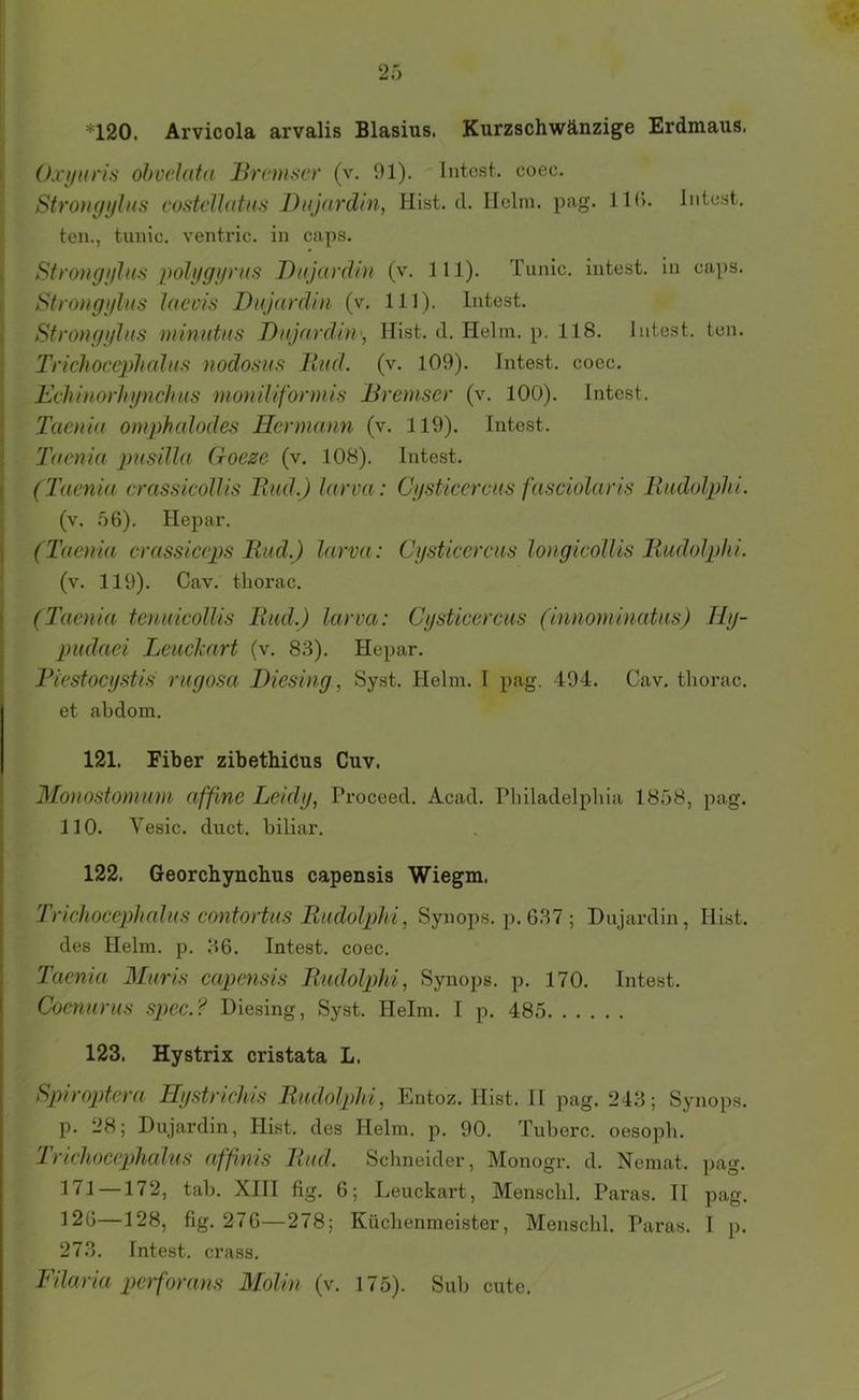 '^120. Arvicola arvalis Blasius. Kurzschwänzige Erdmaus. Oxi/iiriis ohüdütü Bremser (v. 91). Intest, coec. Sfro)igi/h(S eosteJIatus Bujardin, Hist. d. Helm. pag. 11(). Intest, ten., tunic. ventric. in caps. Sfrongi/lus pohigijrus Bujardin (v. 111). Tunic. intest, in caps. Sfrongi/lus lacuis Bujardin (v. 111). Intest. Strongglus minutus Bujardin', Hist. d. Helm. p. 118. Intest, ton. Triclioeepludus nodosus Und. (v. 109). Intest, coec. Eeliinorhynchus moniliformis Bremser (v. 100). Intest. Taenia omphalodes Hermann (v. 119). Intest. Taenia pusilla Goeze (v. 108). Intest. (Taenia crassicollis Bud.) larva: Cgsticcreus faseiolaris Rudolphi. (v. 56). Hepar. (Taenia erassiceps Bud.) larva: Cysticercus longicolUs BudolpJii. (v. 119). Cav. thorac. (Taenia tenuicollis Bud.) larva: Cysticercus (innominatus) Hy- pudaei Leuclcart (v. 83). Hepar. Biestocystis rugosa Biesing, Syst. Helm. I pag. 494. Cav. thorac. et abdom. 121. Fiber zibethiöus Cuv. Monostomum affine Leidy, Proceed. Acad. Philadelphia 1858, pag. 110. Vesic. duct. biliar. 122. Georchynchus capensis Wiegm. Tricliocephalus contortus Rudolphi, Synops. p. G.37 ; Dajardin, Hist. des Helm. p. 36. Intest, coec. Taenia 3Turis capensis Rudolphi, Synops. p. 170. Intest. Coenurus spec.? Diesing, Syst. Helm. I p. 485 123. Hystrix cristata L. Spiroptera Hystrichis Rudolphi, Entoz. Hist. II pag. 243; Synops. p. 28; Dujardin, Hist, des Helm. p. 90. Tuberc. oesoph. Jriehocephcd'us affinis Bud. Schneider, IVIonogi*. d. Nemat. pag. 171—172, tah. XIII fig. 6; Leuckart, Menschl. Paras. II pag. 126—128, fig. 276—278; Küchenmeister, Menschl. Paras. I p. 273. Intest, crass. Idaria po'forans Molen (v. 175). Sub cute.
