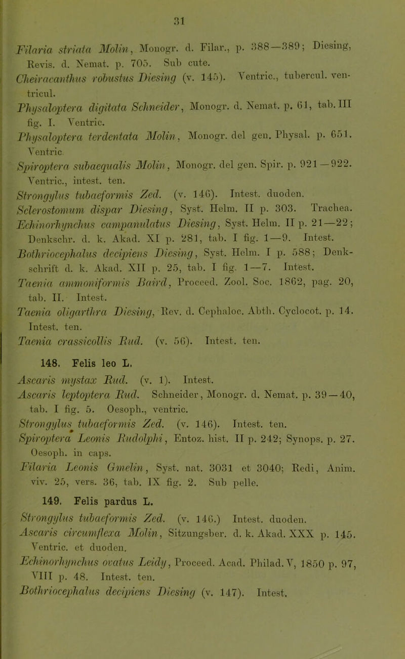 yUaria striata 3[olin, ]\[onor. cl. Filur., p. .>88 .S89; Diesing, Revis. cl. Xemat. p. 70ö. Sul) ciite. Clieiracanthns rolnistus Ihesing (v. 14r>). ^ entric., tnbercul. ven- tricul. Tlujsaloptera digitata Schneider^ Monogr. cl. Nemat. p. 01, tab. III fig. I. Ventric. riigsaloptera terdentata Molin, Monogr. clel gen. Physal. p. Or>l. Ventric. Spiroptcra siibaeqnalis 31olin, Monogr. clel gen. Spir. p. 921—922. Ventric., intest, ten. Strongglus tuhaeformis Zcd. (v. 14G). Intest, clnoden. Sclerostonmm dispar Diesing, Syst. Helm. II p. 303. Trachea. Echinorlujnclius cumpanidatus Dicsing, Syst. Helm. II p. 21—22; Denkscbr. cl. k. Akacl. XI p. 281, tab. I fig. 1 — 9. Intest. Bothriocephalus decipiens Dicsing, Syst. Helm. I p. ö88; Denk- schrift cl. k. Akacl. XII p. 2.5, tab. I fig. 1 — i. Intest. Taenia ammoniforniis Baird, Proceecl. Zool. Soc. 1862, pag. 20, tab. II. Intest. Taenia oligarthra Diesing, d. Cepbaloc. Abtli. Cyclocot. p. 14. Intest, ten. Taenia crassicollis Bad. (v. 50). Intest, ten. 148. Felis leo L. Ascaris mystax Bnd. (v. 1). Intest. Ascaris leptoptera Bud. Schneider, Monogr. cl. Nemat. p. 39 — 40, tab. I fig. 5. Oesopb., ventric. Strongglus tidjaeformis Zcd. (v. 140). Intest, ten, Spiroptera Lc(mis Budolplii, Entoz. hist. II p. 242; Synops. p. 27. Üesopb. in caps. I Filaria Leonis Gmelin, Syst. nat. 3031 et 3040; Recii, Anim. ^ viv. 2.5, vers. 36, tab. IX fig. 2. Sub pelle. 149. Felis pardus L. Strongglus tuhaeformis Zed. (v. 140.) Intest, duoclen. Ascaris circumflexa Molin, Sitzungsber. d. k. Akacl. XXX p. 145. Ventric. et duoclen. Bchinorhynehus ovatus Leidg, Proceecl. Acacl. Pliilad.V, 1850 p. 97, I VIII p. 48. Intest, ten.