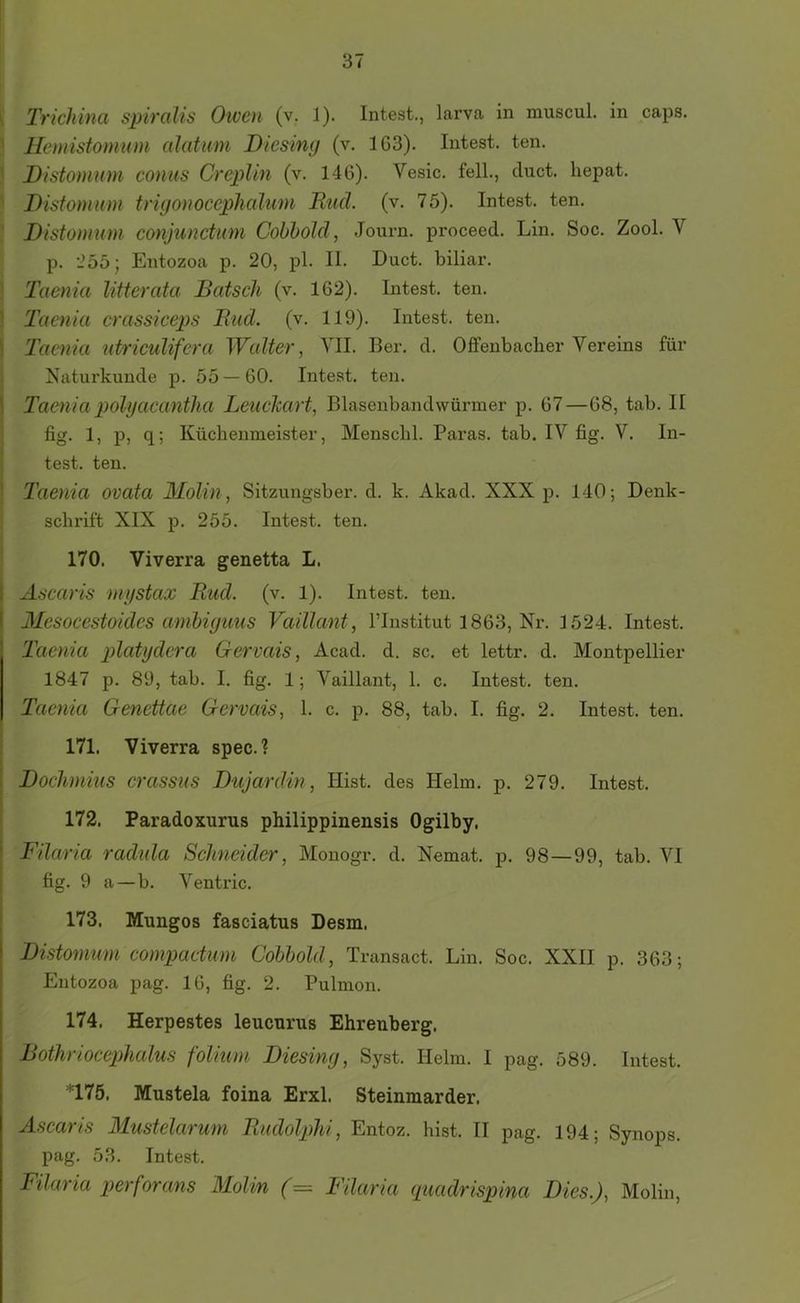 i Trichina spiralis Owen (v. 1). Intest., larva in niuscul. in caps. ' Hcmistomum cdatimi Diesing (v. 163). Intest, ten. ^ Distomum coniis CrepUn (v. 146). Vesic. feil., cluct. hepat. ' Distomum trigonocephalum Rud. (v. 75). Intest, ten. ^ Distomum conjunctum Cohbold, Journ. proceed. Lin. Soc. Zool. V p. *255; Entozoa p. 20, pl. II. Duct. biliar. ’ Taenia litterata Ratsch (v. 162). Intest, ten. ! Taenia erassiceps Rud. (v. 119). Intest, ten. \ Taenia utrieulifera Walter, VII. Ber. d. Offenbacber Vereins für I Naturkunde p. 55 — 60. Intest, ten. 1 Taeniapolijacantlia Leuchart, Blasenbandwürmer p. 67—68, tab. II fig. 1, p, q; Küchenmeister, Menschl. Paras. tab. IV fig. V. In- * test. ten. ’ Taenia ovata Molin , Sitzungsber. d. k. Akad. XXX p. 140; Denk- schrift XIX p. 255. Intest, ten. ' 170. Viverra genetta L. I Ascaris mystax Rud. (v. 1). Intest, ten. I Mesocestoides amhigims Vaillant, Tlnstitut 1863, Nr. 1524. Intest. Taenia platydera Gervais, Acad. d. sc. et lettr. d. Montpellier 1847 p. 89, tab. I. fig. 1; Vaillant, 1. c. Intest, ten. Taenia Genettae Gervais, 1. c. p. 88, tab. I. fig. 2. Intest, ten. ■ 171. Viverra spec.? i Dochmius crassus Dnyardin, Hist, des Helm. p. 279. Intest. 172. Paradoxurus philippinensis Ogilby. j Filaria radula Schneider, Monogr. d. Nemat. p. 98—99, tab. VI fig. 9 a—b. Ventric. 173. Mungos fasciatus Desm. Distomum compactum Cohbold, Transact. Lin. Soc. XXII p. 363; Entozoa pag. 16, fig. 2. Pulmon. 174. Herpestes leucurus Ehrenberg. Bothriocephalus folium Diesing, Syst. Helm. I pag. 589. Intest. *175. Mustela foina Erxl. Steinmarder. Ascaris 31ustelarum Rudolphi, Entoz. hist. II pag. 194; Synops. pag. 53. Intest. Filaria perforans 3Iolin (= Filaria quadrispina Dies.), Molin,