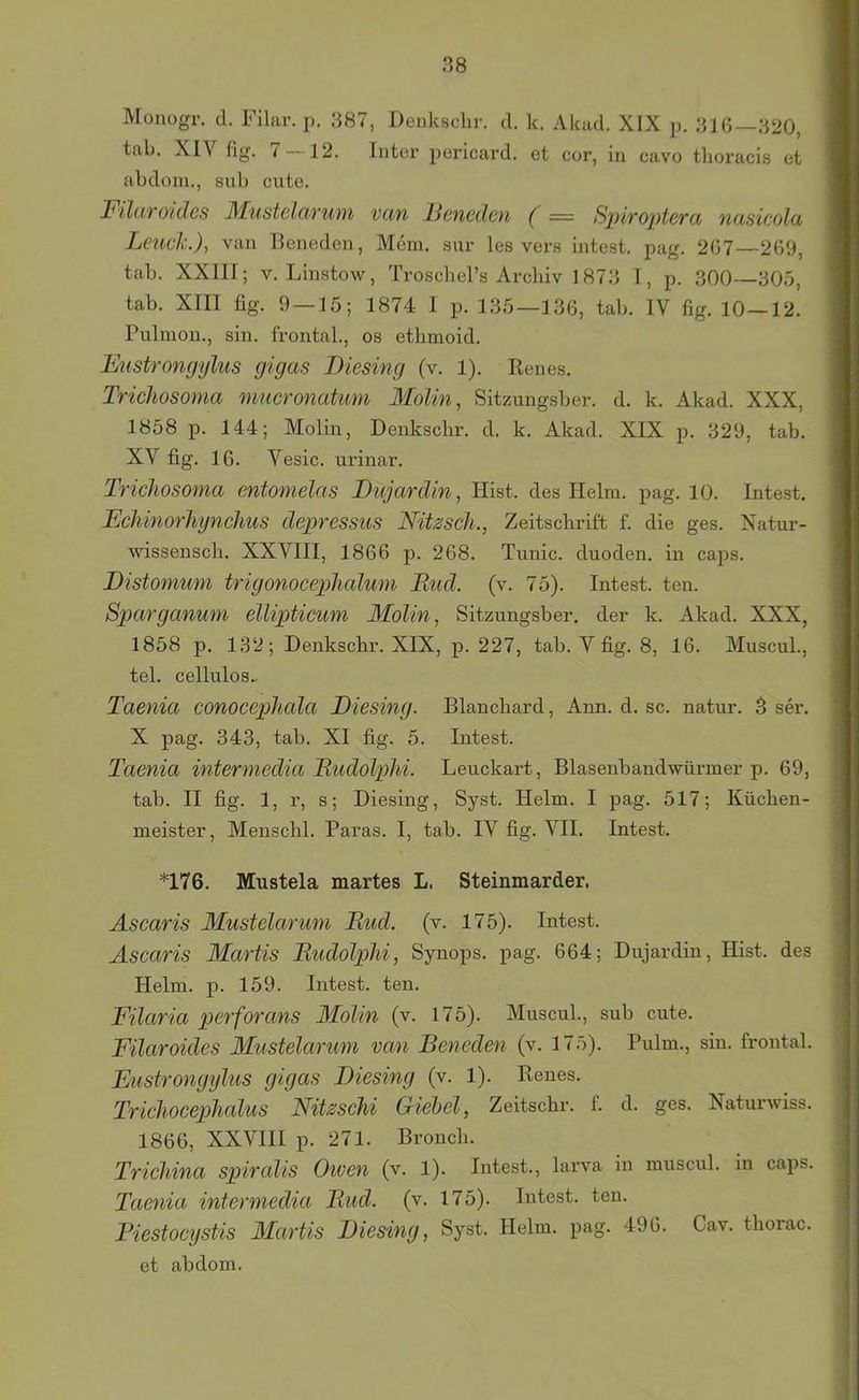Monogr. d. Filar. p. 387, Denksclir. d. k. Akad. XIX p. 31(i—320, tab. XIV fig. 7 12. Inter pericard. et cor, in cavo tlioracis et abdoin., snb cute. F'iluTOidcs Mustclcivuin van JJcncdcn = Spivoptcra nasicola Leucin.), van Beneden, Mem. sur les vers intest, pag. 267—269, tab. XXIII; V. Linstow, Troscliel’s Archiv 1873 I, p. 300—305, tab. XIII fig. 9—15; 1874 1 p. 135—136, tab. IV fig. 10—12. Pulmon., sin. frontal., os ethmoid. Fustrongylus gigas Diesing (v. 1). Renes. Trichosonia niucronatum 3Iolin, Sitzungsber. d. k. Akad. XXX, 1858 p. 144; Molin, Denkschr. d. k. Akad. XIX p. 329, tab. XV fig. 16. Vesic. urinar. Trichosonia entomelas JDujardin, Hist, des Helm. pag. 10. Intest. Echinorhgnchus depressus Nitzsch., Zeitschrift f. die ges. Xatur- wissensch. XXVIII, 1866 p. 268. Tunic. duoden. in caps. Distomum trigonocephalum Rud. (v. 75). Intest, ten. Sparganum ellipticum Molin, Sitzungsber. der k. Akad. XXX, 1858 p. 132; Denkschr. XIX, p. 227, tab. V fig. 8, 16. Muscuh, tel. cellulos.. Taenia conocephala Diesing. Blanchard, Ann. d. sc. natur. 3 ser. X pag. 343, tab. XI fig. 5. Intest. Taenia intermedia Rudolphi. Leuckart, Blasenbandwürmer p. 69, tab. II fig. 1, r, s; Diesing, Syst. Helm. I pag. 517; Küchen- meister, Menschl. Paras. I, tab. IV fig. VII. Intest. *176. Mustela martes L. Steinmarder. Ascaris Mustelarum Rud. (v. 175). Intest. Ascaris Marlis Rudolphi, Synops. pag. 664; Dujardin, Hist, des Helm. p. 159. Intest, ten. Filaria perforans Molin (v. 175). Muscuh, sub cute. Filaroides 31ustelarum van Beneden (v. 175). Pulm., sin. frontal. Eustrongylus gigas Diesing (v. 1). Renes. Trichocephalus Nitssehi Giebel, Zeitschr. f. d. ges. Naturwiss. 1866, XXVIII p. 271. Bronch. Trichina spiralis Owen (v. 1). Intest., larva in muscuh in caps. Taenia intermedia Rud. (v. 175). Intest, ten. Riestocystis Alartis Diesing, Syst. Helm. pag. 496. Cav. thorac. et abdom.