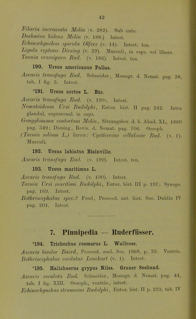 F'daria incrassata Molin (v. 282). Sul) cutü. Jhchmius hidens Molin (v. 188.) Intest. F(Mnorhi/nchHs sjnnda Olfers (v. 14). lutest, ten. Lnjida rcjdans I)iesin(j (v. 39). Musculi, in caps. vel libere. Taenia crassipora Und. (v. 18G). Intest, ten. 190. TJrsus americanus Pallas. Ascaris transfiiija lind. Schneider, Monogr. d. Nemat. pag. 38, tab. I fig. 3. Intest. *191, Ursus arctos L. Bär. Ascaris transfmja Rud. (v. 190). Intest. Nematoideum Ursi Budolplii, Entoz. hist. II pag. 242. Intra glandul. suprarenal, in caps. Gongyloncma contortum Molin, Sitzungsber. d. k. Akad. XL, 1860 pag. 349; Diesing, Eevis. d. Nemat. pag. 706. Oesoph. (Taenia solmm L.) larva: Cysticercus cellulosae liud. (v. 1). Musculi. 192. TJrsus labiatus Blainville. Ascaris transfuga liud. (v. 190). Intest, ten. 193. TJrsus maritimus L. Ascaris transfuga Rud. (v. 190). Intest. Taenia Ursi maritimi Rndolphi, Entoz. hist. III p. 197; Synops. pag. 169. Intest. Rothriocephcdus Spec.? Food, Proceed. nat, hist. Soc. Dublin IV pag. 201. Intest. 7. Pimiipedia — Riiderfüsser. *194. Trichechus rosmarus L. Wallross. Ascaris hicolor Baird, Proceed. zool. Soc. 1868, p. 70. Ventric. Botlirioceplialus cordatus LeucJcatd (v. 1). Intest. *195. Halichoerus grypus Nilss. Grauer Seehund. Ascaris osculata Rud. Schneider, Monogr. d. Nemat. pag. 44, tab. I fig. XIII. Oesoph., ventric., intest. Bchinorhynchus strumosus Rudolphi, Entoz. hist. II p. 293, tab. IV