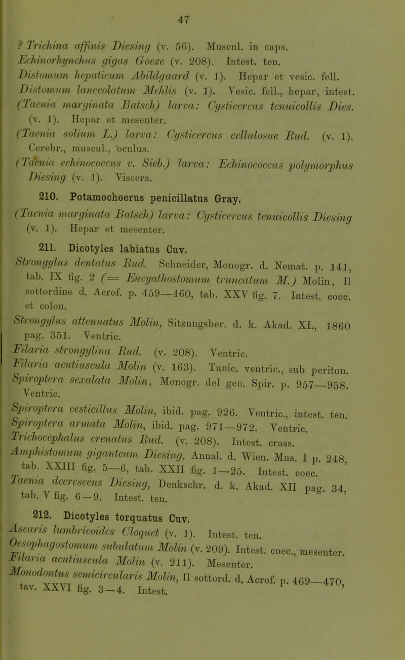 ? Tnchma affmis Diesing (v. 56). Muscul. in caps. Echimyrhynchns gigas Goeze (v. 208). Intest, ten. Eistomuui licpaticmn Abildgaard (v. J). Hepar et vesic. feil. Distomum lanceolatum Mcldis (v. 1). Vesic. feil., hepar, intest. (Tacma margincda Bätsch) larva: Cysticercus tcnmcollis Dies. (v. 1). Hepar et mesenter. (Taenia solmm L.) larva: Cysticercus cellulosae Rud. (v. 1). Cerebr., muscul., 'oculus. (laenia cchmococcus v. Sieh.) larva: Echinococcus polyniorphus Diesing (v. 1). Viscera. 210. Potamochoerus penicillatus Gray. (Taenia niaiginata Bätsch) larva: Cysticercus tenuicollis Diesing (v. 1). Hepar et mesenter. 211. Dicotyles labiatus Cuv. St) ongylus dentafus Rud. Schneider, Monogr. d. Nemat. p. 141, tab. IX fig. 2 (= Eucyathostomum truncatum M.) Molin, 11 sottordine d. Acrof. p. 459—460, tab. XXV fig. 7. Intest, coec. et colon. SBongylus attenuatus Molin, Sitzungsber. d. k. Akad. XL, 1860 pag. 351. Ventric. Filaria strongylma Rud. (v. 208). Ventric. Ellarla acutiuscula Molin (v. 163). Tunic. ventric., sub periton. Spiroptera sexalata Molin, Monogr. del gen. Spir. p. 957 953. V entric. Spiroptera cesticillus Molin, ibid. pag. 926, Ventric., intest, ten. Spiroptera armata Molin, ibid. pag. 971—972. Ventric Trichocephalus crenatus Rud. (v. 208). Intest, crass. Amphistomum giganteum Diesing, Annal. d. Wien. Mus I p 248 tab. XXIII fig. 5-6, tab. XXII fig. 1-25. Intest, coec.' ’ laenia decrcscens Diesing, Denksebr. d. k. Akad. XII pag. 34 tab. V fig. 6 — 9. Intest, ten. ’ 212. Dicotyles torquatus Cuv. Ascaris lumhricoides Cloqiiet (v. 1). Intest, ten. Oesophagostomum subulatum Molin (v. 209). Intest, coec., mesenter. IHlaria acutiuscula Molin (v. 211). Mesenter. Mmodon^smmicircularis Molin, II sottord. d. Acrof. p. 469—470 tav. XXVI fig. 3_4. ’