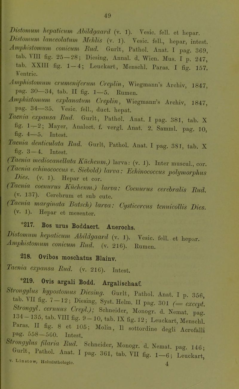Bistomum hepaticum Ahüdgaanl (v. 1). Yesic. feil, et hepar. Dhtomnm lanceolafum 3Iehlis (v. l). Vesic. feil., hepar, intest. Ämphistomum conicum liud. Gurlt, Pathol. Anat. I pag. 369, tab. \I11 fig. 25 — 28; Diesing, Annal. cl. Wien. Mus. I p. 247, tab. XXIII fig, 1 — 4; Leuckart, Menschl. Paras, I fig. 157, Yentric. AmpJnstomum crumeniferum Oreplin, Wiegmann’s Archiv, 1847, pag. 30 34, tab. II fig. 1—5. Rumen. Ämphistomum cxpilanuhim Crephn, Wiegmann’s Archiv, 1847, pag. 34—35. \esic. feil., duct. lieiiat. Taenia expansa Und. Gurlt, Pathol. Anat. I pag. 381, tab. X Mayer, Analect. f. vergl. Anat. 2. Samml. pag. 10 fig- 4—5. Intest. laenia dcnticulata Rud. Gurlt, Pathol. Anat. I pag. 381 tab. X fig- 3 — 4. Intest. (Taema mcdiocanelltäu Küchetim.) larva: (v. J). Inter museal., cor, (Tamia eehimcoccus V. Siebold) lärm: Echinococcus polymorohus Dies. (v. 1). He]3ar et cor. (Taema coemirus Kilchenm.) larva: Coenurus cerebralis Bud. (v. 137). Cerebrum et sub cute. (Taema marginata Bätsch) larva: Cysticercus tenuicollis Dies. (v. 1). Hepar et mesenter. 217. Bos urus Boddaert. Auerochs. Distomum hepaticum Ahildgaard (v. J). Vesic. feil, et hepar. Ämphistomum conicum Rud. (v. 216). Rumen. 218, Ovibos moscbatus Blainv, Taenia expansa Rud. (v. 216). Intest. *219. Ovis argali Bodd. Argalischaaf. Strongylus hypostomus Diesiny. Gurlt, Pathol. Anat. I p. 35f, tab. VII fig. 7-12; Diesing, Syst. Helm. II pag. 301 (= excepi btrongyl. cernuus Crepl); Schneider, Monogr. d. Nemat. pag 1.14 - 13 5, tab. VIII fig. 9-10, tab. IX fig. 12; Leuckart, Mensehl. aras. fig, 8 et 105; Mohn, 11 sottordine degli Acrofalli pag. 558—560. Intest. Strongylus filaria llud. Schneider, Monogr. d. Nemat. pag. 14C- urlt, Pathol. Anat. I pag. 361, tab. VII fig. i_6; Leuckart^ V. Lin Stow, llolinintLologio. J.