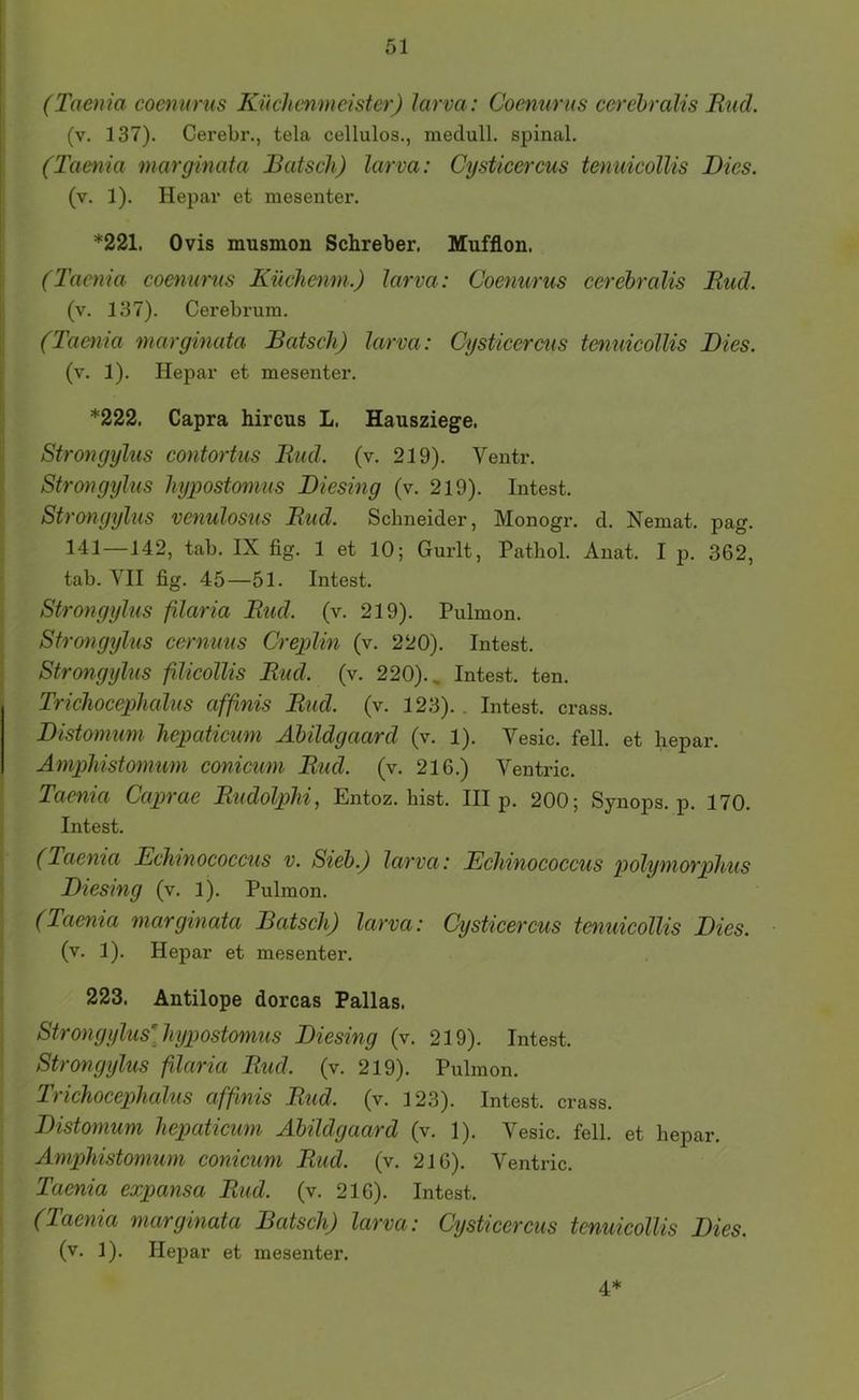 (Taenia coenurus Küchenmeister) larva: Coenurus cerehralis Bud. (v. 137). Cerebr., tela cellulos., medull. spinal. (Taenia marginata Butsch) larva: Cysticercus tenuicollis Dies. (v. 1). Hepar et mesenter. *221. Ovis musmon Sclireber. Mufflon. (Taenia coenurus Küchenm.) larva: Coenurus cerebralis Bud. (v. 137). Cerebrura. (Taenia marginata Bätsch) larva: Cysticercus temiicollis Dies. (v. 1). Hepar et mesenter. *222. Capra hircus L. Hausziege. Strongylus contortus Bud. (v. 219). Ventr. Strongylus hypostomus Diesing (v. 219). Intest. Strongylus venulosus Bud. Schneider, Monogr. d. Nemat. pag. 141—142, tab. IX fig. 1 et 10; Gurlt, Pathol. Anat. I p. 362, tab. YII fig. 45—51. Intest. Strongylus filaria Bud. (v. 219). Pulmon. Stro7igijlus cernuus Creplin (v. 220). Intest. Strongylus ßicollis Bud. (v. 220)., Intest, ten. Trichocephalus afßnis Bud. (v. 123).. Intest, crass. Distomum hepaticum Äbüdgaard (v. l). Vesic. feil, et hepar. Amphistomum conicum Bud. (v. 216.) Ventric. Taenia Caprae Budolphi, Entoz. hist. III p. 200; Synops. p. 170. Intest. (Taenui Echinococcus v. Sieh.) larva: Echinococcus polymorphus Diesing (v. l). Pulmon. (Taenia marginata Bätsch) larva: Cysticercus tenuicollis Dies. (v. 1). Hepar et mesenter. 223. Antilope dorcas Pallas. Strongylus^liijpostomus Diesing (v. 219). Intest. Strongylus ßlaria Bud. (v. 219). Pulmon. Trichocephalus afßnis Bud. (v. 123). Intest, crass. Distomum hepaticum Äbüdgaard (v. 1). Vesic. feil, et hepar. Anphistomum conicum Bud. (v. 216). Ventric. Taenia expansa Bud. (v. 216). Intest. (Taenia marginata Bätsch) larva: Cysticercus tenuicollis Dies. (v. 1). Hepar et mesenter. 4*
