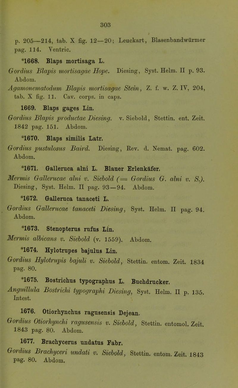 p. 205—214, tab. X fig. 12—20; Leuckart, Blasenbandwürmer pag. 114. Ventric. *1668. Blaps mortisaga L. Gordius Blapis moi'tisagae Hope. Diesing, Syst.Helm.il p. 93. Abdom. Ägamonematodiim Blapis mortisagae Stein, Z. f. w. Z. IV, 204, tab. X fig. 11, Cav. corps. in caps. 1669. Blaps gages Lin. Go^'dius Blapis produetae Diesing. v. Siebold, Stettin, ent. Zeit. 1842 pag. 151. Abdom. *1670. Blaps similis Latr, Gordius pustulosus Baird. Diesing, Rev. d. Nemat. pag. 602. Abdom. *1671. Galleruca alni L. Blauer Erlenkäfer. Mermis Gallerucae alni v. Siehold (= Gordius G. alni v. S.). Diesing, Syst. Helm. II pag. 93 — 94. Abdom. *1672. Galleruca tanaceti L. Goi'dius Gallerucae tanaceti Diesing, Syst. Helm. II pag. 94. Abdom. *1673. Stenopterns rnfns Lin. Mermis albicans v. Siebold (v. 1559). Abdom. *1674. Hylotrupes bajulns Lin. Gordius Hylotrupis bajuli v. Siebold, Stettin, entom. Zeit. 1834 pag. 80. *1675. Bostrichus typographus L. Buchdrucker. Ängtnllula Bostrichi typographi Diesing, Syst. Helm, II p. 135. Intest. 1676. Otiorhynchus ragusensis Dejean. Gordius Otiorliynchi ragusensis v. Siebold, Stettin, entomol. Zeit. 1843 pag. 80. Abdom. 1677. Brachycerus undatus Fahr. Gordius Brachyceri undati v. Siebold, Stettin, entom. Zeit. 1843 pag. 80. Abdom.