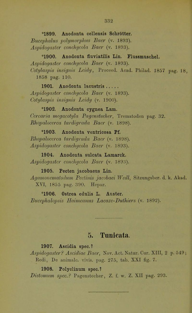 *1899. Anodonta cellensis Schrötter. Bucephalus polymorphus Baer (v. 1893). Aspidoyastcr conchycola Baer (v. 1803). *1900. Anodonta fluviatilis Lin. Flussmuschel. Aspidoyastcr conchycola Baer (v. 1893). Cotylaspis insignis Leidy, Proceed. Acad. Pliilad. 1857 pag. 18, 1858 pag. 110. 1901. Anodonta lacustris Aspidoyastcr conchycola Baer (v. 1893). Cotylaspis insignis Leidy (v. 1900). *1902. Anodonta cygnea Lam. Cercaria megacotyla Pagenstecher, Trematoden pag. 32. Bhopalocerca tardigrada Baer (v. 1898). *1903. Anodonta ventricosa Pf. Bhopalocerca tardigrada Baer (v. 1898). Aspidoyastcr conchycola Baer (v. 1893). 1904. Anodonta sulcata Lamarck. Aspidoyastcr conchycola Baer (v. 1893). 1905. Pecten jacobaeus Lin. Agamonematodum Pectinis jacobaei Wedl, Sitzungsber. d. k. Akad. XVI, 1855 pag. 390. Hepar. *1906. Ostrea edulis L. Auster. Bucephalopsis Haimeanus Lacase-Bnthiers (v. 1892). 5. Tiinicata. 1907. Ascidia spec. ? Aspidogaster? Ascidiae Baer, Nov. Act. Natur. Cur. XIII, 2 p. 549 ; Redi, De animale, vivis. pag. 275, tab. XXI fig. 7. 1908. Polyclinum spec. ? Distomuni spec.? Pagenstecber, Z. f. w. Z. XII pag. 293.
