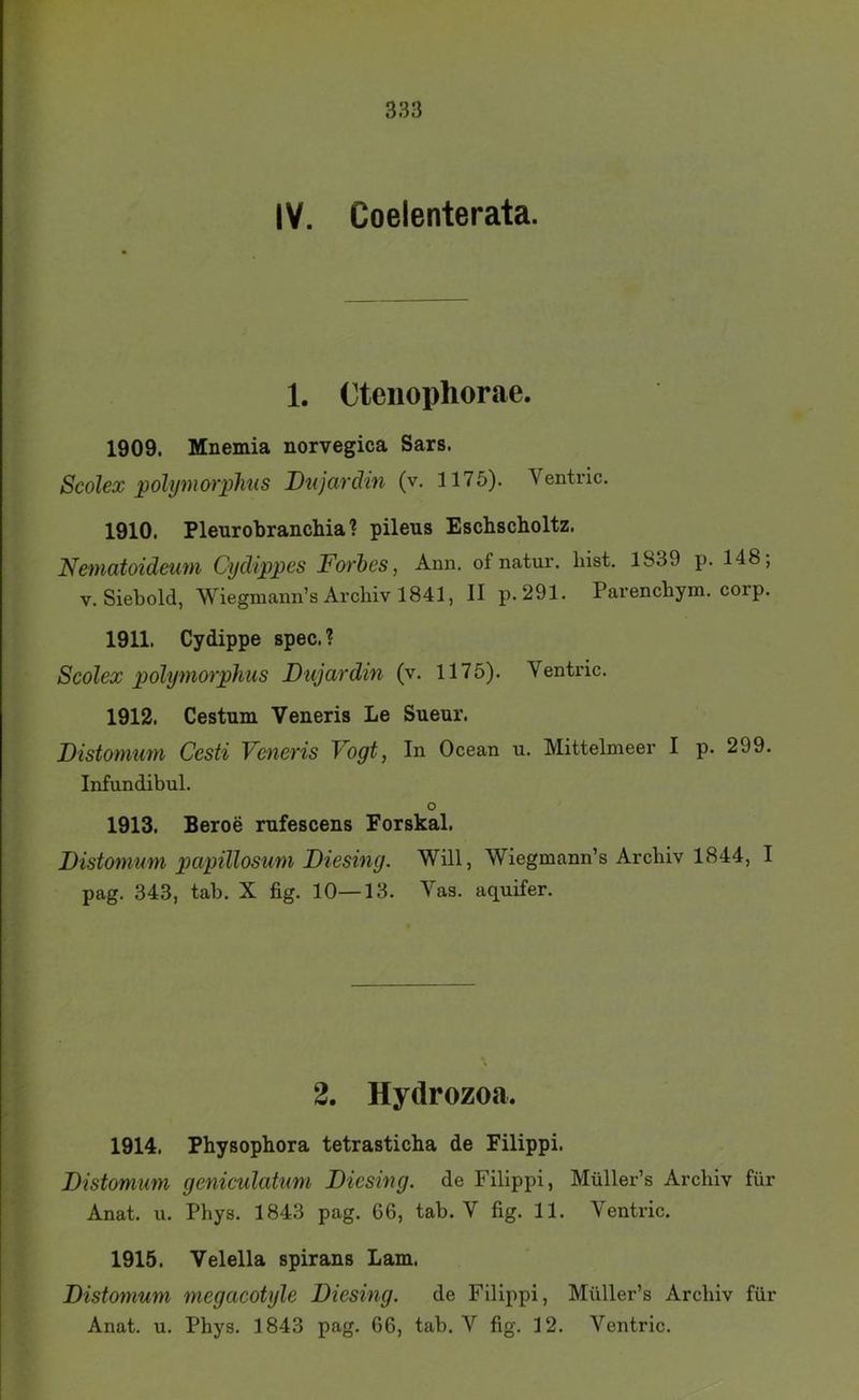 IV. Coelenterata. 1. Ctenophorae. 1909. Mnemia norvegica Sars. Scolex polyni(»‘plius Dttjardin (v. 1175). Ventric. 1910. Pleurobranchia ? pileus Eschscholtz. Nematoideum Cydippes Farhes, Ann. of natur. hist. 1S39 p. 148, V. Siebold, Wiegmann’s Archiv 1841, II p.29l. Parenchym, corp. 1911. Cydippe spec. ? Scolex polymorphus Dtijardin (v. 1175). Ventric. 1912. Cestnm Veneris Le Sueur. Distomum Cesti Veneris Vogt, In Ocean u. Mittelmeer I p. 299. Infundibul. O 1913. Beroe rnfescens Forskal. JDistomum papülosum Fiesing. Will, Wiegmann’s Archiv 1844, I pag. 343, tab. X fig. 10—13. Vas. aquifer. 2. Hydrozoa. 1914. Physophora tetrasticba de Filippi. Distomum gcniculatum Dicsing. de Filippi, Müller’s Archiv für Anat. u. Phys. 1843 pag. 66, tab. V fig. 11. Ventric. 1915. Velella spirans Lam. Distomum megacotyle Diesing. de Filippi, Müller’s Archiv für Anat. u. Phys. 1843 pag. 66, tab. V fig. 12. Ventric.