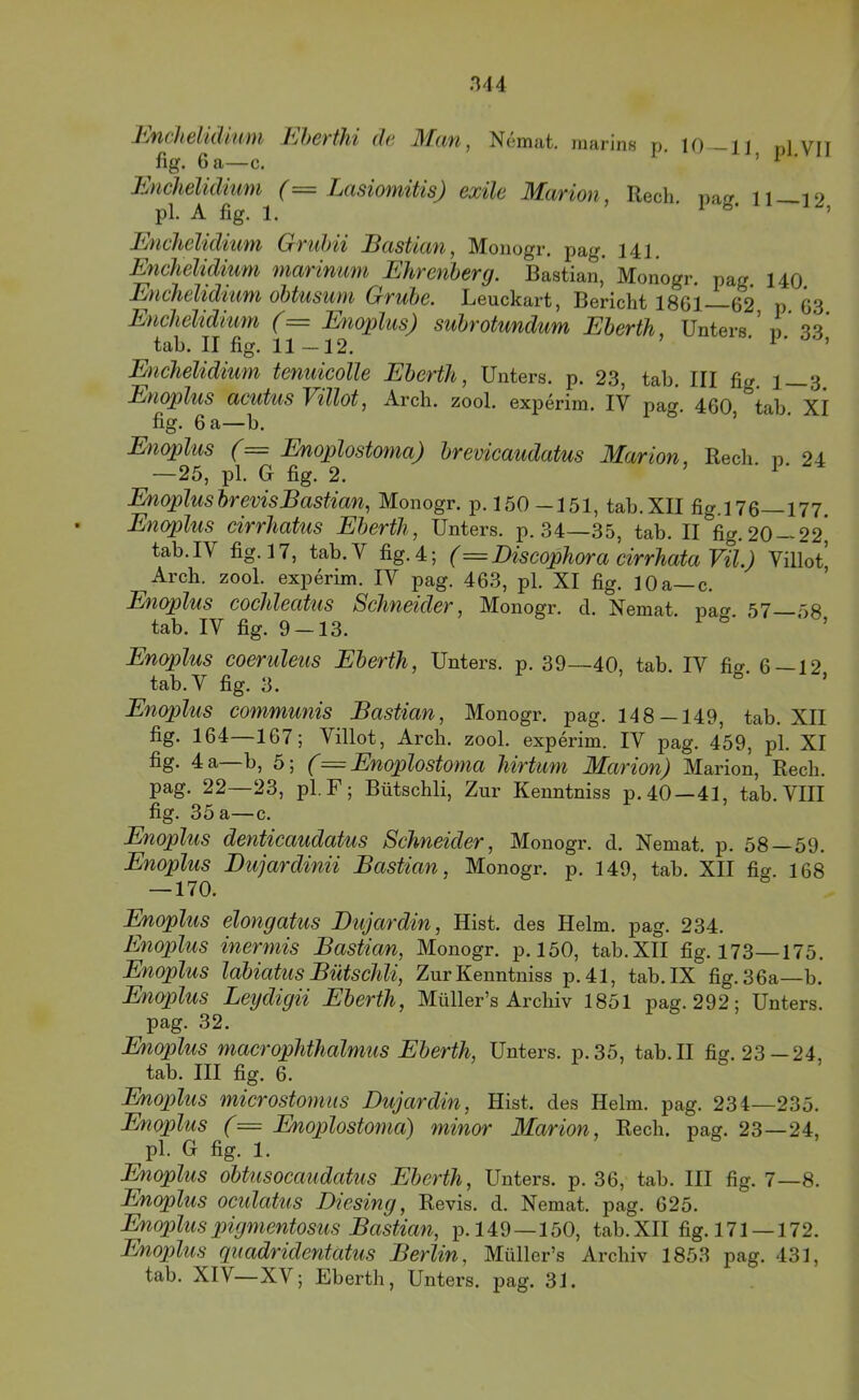 J^ncliclicliuni l''jhcy'tJii da ]\f(in^ Ntjinat. iiiarins p. K) XJ pl VII fig. Ga—c. ’ ^ Enchelidinm (= Lasioniitis) exile Marion, Rech pai? ii_i9 pl. A fig. 1. ’ 1 b- EucJiiclidium (xTuhii liastian, Moiiogr. pag, 141. Etichelidium marinum Ehrenherg. Bastian* Monogr. pag. 140. Enchclidiufn obtusuni Grufje. Leuckart, Bericht 1861 62 p 63 Enchehdiimi (— Enoplns) suhrotundum Eberth, Unters * n 33 tab. II fig. 11 -12. ' ’ Enchelidium tenuicolle Eberth, Unters, p. 23, tab. III fig. 1—3. Enoplus acutus Villot, Arch. zool. experim. IV pag. 460 tab XI fig. 6 a—b. ’ Enoplus (= Enoplostoma) bremcaudatus Marion, Rech n 24 —25, pl. G fig. 2. ^ EnoplushrevisBastian, Monogr. p. 150—151, tab.XII fig.i76—177 Enoplus cirrhatus Eberth, Unters, p. 34—35, tab. II fig. 20 — 22* tab. IV fig. 17, tab.V fig. 4; (—Discophora cirrhata Vil.) Villot, Arch. zool. experim. IV pag. 463, pl. XI fig. 10 a—c. Ehiaplus cochleatus Schneider, Monogr. d. Nemat na^^ 57—58 tab. IV fig. 9-13. 1 ö- • o, Enoplus coeruleus Eberth, Unters, p. 39—40, tab IV fio- 6—12 tab.V fig. 3. ’ o- , Enoplus communis Bastian, Monogr. pag. 148—149, tab. XII fig. 164—167; Villot, Arch. zool. experim. IV pag. 459, pl. XI fig. 4a—b, 5; (^Enoplostoma hirtiim Marion) Marion, Rech, pag. 22—23, pl. F; Bütschli, Zur Kenntniss p.40—41, tab. VIII fig. 35 a—c. Enoplus denticaudatus Schneider, Monogr. d. Nemat. p. 58 — 59. Enoplus Bujardinii Bastian, Monogr. p. 149, tab. XII fio- 168 — 170. ° Enoplus elongatus Bujardin, Hist, des Helm. pag. 234. Enoplus inermis Bastian, Monogr. p. 150, tab. XII fig. 173—175. Enoplus labiatus Bütschli, Zur Kenntniss p. 41, tab. IX fig. 36a—b. Enoplus Leydigii Eberth, Müller’s Archiv 1851 pag. 292; Unters, pag. 32. Enioplus macrophthalmus Eberth, Unters, p.35, tab.II fig. 23—24, tab. III fig. 6. Enoplus microstomiis Bujardin, Hist, des Helm. pag. 234—235. Enoplus (== Enop>lostoma) minor Marion, Rech. pag. 23—24, pl. G fig. 1. Enoplus obtusocaudatus Eberth, Unters, p. 36, tab. III fig. 7—8. Enoplus oculatus Btesing, Revis. d. Nemat. pag. 625. Enoplus pigmentosus Bastian, p. 149—150, tab. XII fig. 171 —172. Emoplus quadridentätus Berlin, Müller’s Archiv 1853 pag. 431, tab. XIV—XV; Eberth, Unters, pag. 31.