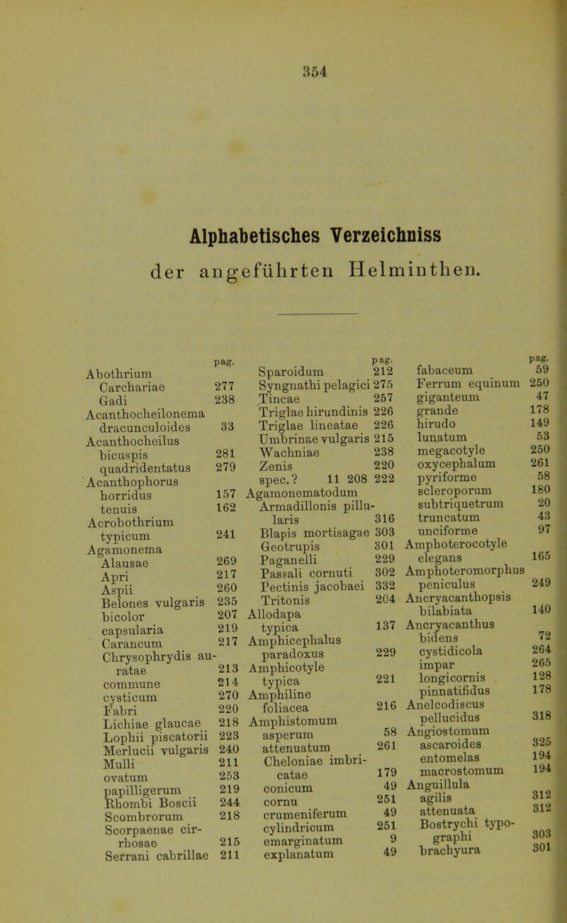 Alphabetisches Verzeichniss der aDgeführten Helminthen. pag. Abothrium Carchariae 277 Gadi 238 Acanthocbeilonema dracunculoides 33 Acantbocbeilus bicuspis 281 quadridentatus 279 ■ Acanthopborus borridus 157 tenuis 162 Acrobotbrium typicum 241 Agamonema Alausae 269 Apri 217 Aspii _ 260 Belones vulgaris 235 bicolor 207 capsularia 219 Carancum 217 Cbrysopbrydis au- ratae 213 commune 214 cysticum 270 Fabri 220 Licbiae glaucae 218 Lopbii piscatorii 223 Merlucii vulgaris 240 Mulli 211 ovatum 253 papilligerum _ 219 Rbombi Boscii 244 Scombrorum 218 Scorpaenae cir- rbosae 215 Serrani cabrillae 211 pag. Sparoidum 212 Syngnatbi pelagici 275 Tincae 257 Triglae birundinis 226 Triglae lineatae 226 Umbrinae vulgaris 215 Wacbniae 238 Zenis 220 spec.? 11 208 222 gamonematodum Armadillonis pillu- laris 316 Blapis mortisagae 303 Geotrupis 301 Paganelli 229 Passali cornuti 302 Pectinis jacobaei 332 Tritonis 204 Allodapa typica 137 Ampbicepbalus paradoxus 229 Ampbicotyle typica 221 Ampbiline foliacea 216 Ampbistomum asperum 58 attenuatum _ 261 Cbeloniae imbri- catae conicum 49 cornu 251 crumeniferum 49 cylindricum 251 emarginatum 9 explanatum 49 pag. fabaceum 59 Ferrum equinum 250 giganteum 47 grande 178 hirudo 149 lunatum 53 megacotyle 250 oxycepbalum 261 pyriforme 58 scleroporum 180 subtriquetrum 20 truncatum 43 unciforme 97 Ampboterocotyle elegans 165 Ampboteromorpbus peniculus 249 Ancryacantbopsis bilabiata Ancryacantbus bidens cystidicola impar longicornis pinnatifidus Anelcodiscus pellucidus Angiostomum ascaroides entomelas macrostomum Anguillula agilis attenuata Bostrycbi typo- grapbi 303 bracbyura 301 72 264 265 128 178 318 325 194 194 312 312