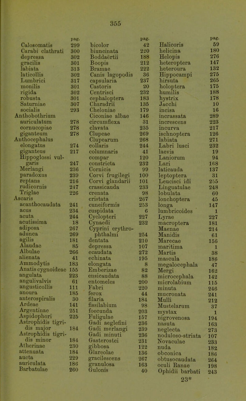 pag. Calosomatig 299 Cai’abi clathrati 300 depressa 302 gracilis 301 labiata 313 laticollis 302 Lumbrici 317 monilis 301 rigida 302 robusta 301 Saturniae 307 socialis 293 Anthobothrium auriculatum 278 cornucopiae 278 giganteuin 278 Anthocephalus elongatus 274 giganteus 217 Hippoglossi vul- garis 247 Merlangi 236 paradoxus 239 reptans 216 rudicornis 247 Triglae 226 Ascaris acanthocaudata 241 acus 234 acuta 244 acutissima 18 adiposa 267 adunca 269 agilis 181 Alaudae 85 Albulae 266 alienata 41 Ammodytis 183 Anatis cygnoideae 155 angulata 223 angulivalvis 61 angusticollis 111 anoura 185 anterospiralis 30 Ardeae 141 Argentinae 251 Aspidophori 225 Astrophidis tigri- dis major 184 Astrophidis tigri- dis minor 184 Atherinae 230 attenuata 184 aucta 229 auriculata 186 Barbatulae 260 bicolor pag. 42 biuncinata 220 Boddaertii 188 Boopis 212 Bi’amae 222 Canis lagopodis 36 capsularia 237 Castoris 20 Centrisci 232 cephaloptera 183 Charadrii 135 Cheloniae 179 Ciconiae albae 146 circumflexa 31 clavata 235 Clupeae 269 Clupearum 268 collaris 244 columnaris 41 compar 120 constricta 232 Cornicis 99 Corvi frugilegi 100 CorW glandarii 101 crassicauda 233 crenata 98 cristata 267 cuneiformis 253 cuspidata 6 Cyclopteri 227 Cynaedi 232 Cyprini erythro- phthalmi 254 dentata 210 depressa 107 ecaudata 272 ecbinata 195 elongata 8 Emberizae 82 eusicaudata 88 entomeles 200 Fabri 220 ferox 44 filaria 184 fissilabium 98 foecunda 203 Fuligulae 157 Gadi aeglefini 236 Gadi merlangi 239 Gadi minuti 236 Gasterostei 231 gibbosa 122 Glareolae 136 gracilescens 267 granulosa 163 Gulonis 40 Halicoris pag- 59 helicina 180 Helopis 276 beteroptera 147 heteroura 132 Hippocarapi 275 hirsuta 265 boloptera 175 humilis 188 hystrix 178 Jacchi 10 incisa 16 incrassata 289 increscens 223 incurva 217 ischnoptera 126 labiata 271 Labri lusci 232 laevis 19 Laniorum 94 Lari 168 laticauda 137 leptoptera 31 Leucisci idi 255 Linguatulae 248 lobulata 60 loncboptera 45 longa 147 lumbricoides 1 Lyrae 227 macroptera 181 Maenae 214 Manidis 61 Marecae 156 maritima 1 Martis 38 mascula 186 megalocephala 47 Mergi 162 microcephala 142 microlabium 115 minuta 246 mucronata 241 Mulli 212 Mustelarum 37 mystax 1 nigrovenosa 194 nasuta 163 neglecta 273 noduloso-striata 107 Novaculae 233 nuda 182 obconica 186 obtusocaudata 264 oculi Ranae 198 Ophidii barbati 243 23*