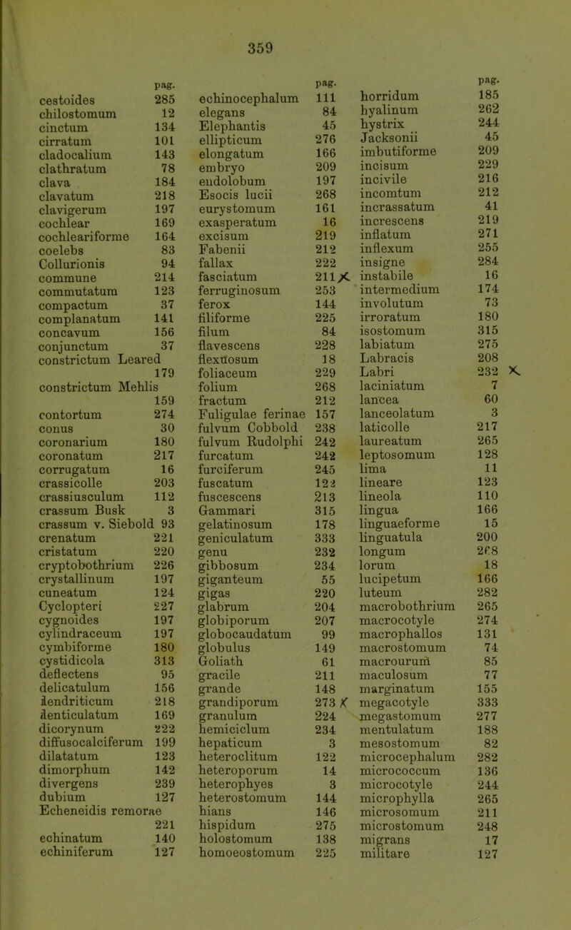 pag- cestoides 285 chilostomum 12 cinctum 134 cirratum 101 cladocalium 143 clathratum 78 clava 184 clavatum 218 clavigerum 197 cochlear 169 cochleariforme 164 coelebs 83 Collurionis 94 commune 214 commutatum 123 compactum 37 complanatum 141 concavum 156 coniunctum 37 constrictum Leared 179 constrictum Mehlis 159 contortum 274 conus 30 coronarium 180 coronatum 217 corrugatum 16 crassicolle 203 crassiusculum 112 crassum Busk 3 crassum v. Siebold 93 crenatum 221 cristatum 220 cryptobothrium 226 crystallinum 197 cuneatum 124 Cyclopteri 227 cygnoides 197 cylindraceum 197 cymbiforme 180 cystidicola 313 deflectens 95 delicatulum 156 äendriticum 218 denticulatum 169 dicorynum 222 diffusocalciferum 199 dilatatum 123 dimorphum 142 divergens 239 dubium 127 Echeneidis remorae 221 echinatum 140 echiniferum *127 pa«- echinocephalum 111 elegans 84 Elephantia 45 ellipticum 276 elongatum 166 embryo 209 eudolobum 197 Esocis lucii 268 eury s tomum 161 exasperatum 16 excisum 219 Fabenii 212 fallax 222 fasciatum 21IX ferruginosum 253 ferox 144 filiforme 225 filum 84 flavescene 228 flexttosum 18 foliaceum 229 folium 268 fr actum 212 Fuligulae ferinae 157 fulvum Cobbold 238 fulvum Rudolphi 242 furcatum 242 furciferum 245 fuscatum 122 fuscescens 2l3 Gammari 315 gelatinosum 178 geniculatum 333 genu 232 gibbosum 234 giganteum 55 gigaa 220 glabrum 204 globiporum 207 globocaudatum 99 globulus 149 Goliath 61 gracile 211 grande 148 grandiporum 273 K granulura 224 hemiciclum 234 hepaticum 3 heteroclitum 122 heteroporum 14 heterophyes 3 heterostomum 144 hians 146 hispidum 275 holostomum 138 homoeostomum 225 horridum pag- 185 hyalinum 262 hystrix 244 Jacksonii 45 imbutiforme 209 incisum 229 incivile 216 incomtum 212 incrassatum 41 increscens 219 inflatum 271 inflexum 255 insigne 284 instabile 16 intermedium 174 involutura 73 irroratum 180 isostomum 315 labiatum 275 Labracis 208 Labri 232 K laciniatum 7 lancea 60 lanceolatum 3 laticolle 217 laureatum 265 leptosomum 128 lima 11 lineare 123 lineola 110 lingua 166 linguaeforme 15 linguatula 200 longum 268 lorum 18 lucipetum 166 luteum 282 macrobothrium 265 macrocotyle 274 macrophallos 131 macrostomum 74 macrouruiA 85 maculosum 77 marginatum 155 megacotyle 333 megastomum 277 mentulatum 188 mesostomum 82 microcephalum 282 micrococcum 136 microcotyle 244 microphylla 265 microsomum 211 microstomum 248 migrans 17 militare 127
