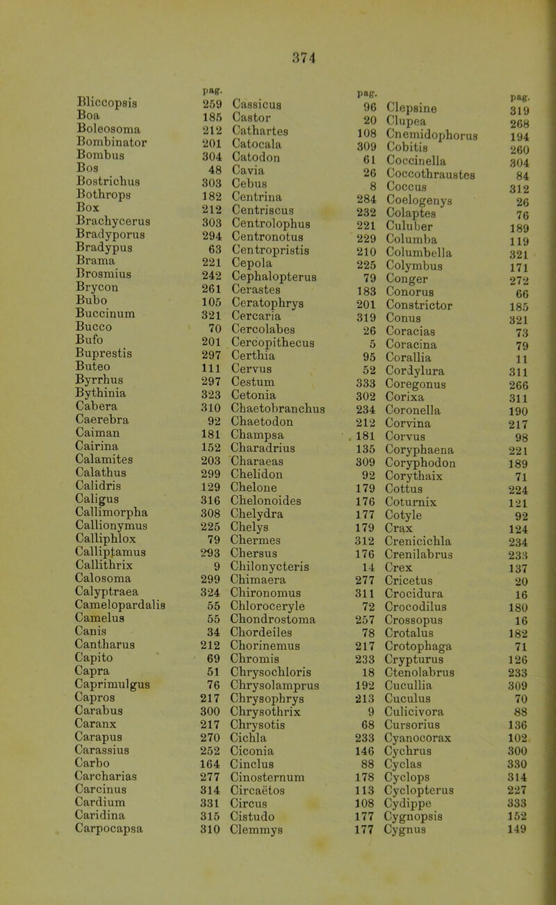 pag- Bliccopsis 2Ö9 Boa 185 Boleosoma 212 Bombinator 201 Bombus 304 Bos 48 Bostricbus 303 Botbrops 182 Box 212 Brachycerus 303 Bradyporus 294 Bradypus 63 Brama 221 Brosmius 242 Brycon 261 Bubo 105 Buccinum 321 Bucco 70 Bufo 201 Buprestis 297 Buteo 111 Byrrhus 297 Bythinia 323 Cabera 310 Caerebra 92 Caiman 181 Cairina 152 Calamites 203 Calatbus 299 Calidris 129 Caligus 316 Callimorpha 308 Callionymus 225 Callipblox 79 Calliptamus 293 Callitbrix 9 Calosoma 299 Calyptraea 324 Camelopardalis 55 Camelus 55 Canis 34 Cantharus 212 Capito 69 Capra 51 Caprimulgus 76 Capros 217 Carabus 300 Caranx 217 Carapus 270 Carassius 252 Carbo 164 Carcharias 277 Carcinus 314 Cardium 331 Caridina 315 Carpocapsa 310 Cassicua pag. 96 Castor 20 Catbartes 108 Catocala 309 Catodon 61 Cavia 26 Cebus 8 Centrina 284 Centn 8CUS 232 Centrolopbus 221 Centronotus 229 Centropristis 210 Cepola 225 Cepbalopterus 79 Cerastes 183 Ceratopbrys 201 Cercaria 319 Cercolabes 26 Cercopitbecus 5 Certbia 95 Cervus 52 Cestum 333 Cetonia 302 Cbaetobrancbus 234 Cbaetodon 212 Cbampsa , 181 Cbaradrius 135 Cbaraeas 309 Cbelidon 92 Cbelone 179 Cbelonoides 176 Cbelydra 177 Cbelys 179 Cbermes 312 Chersus 176 Cbilonycteris 14 Cbimaera 277 Cbironomus 311 Cbloroceryle 72 Cbondrostoma 257 Cbordeiles 78 Cborinemus 217 Cbromis 233 Cbrysocbloris 18 Cbrysolamprus 192 Cbrysopbrys 213 Cbrysothrix 9 Cbrysotis 68 Cicbla 233 Ciconia 146 Cinclus 88 Cinosternum 178 Circaetos 113 Circus 108 Cistudo 177 Clemmys 177 pag. Clepsine 319 Clupea 268 Cnemidophorus 194 Cobitis 260 Cocciriella 304 Coccotbraustes 84 Coccus 312 Coelogenys 26 Colaptes 76 Culuber 189 Columba 119 Columbella 321 Colymbus 171 Conger 272 Conorus 66 Constrictor 185 Conus 321 Coracias 73 Coracina 79 Corallia 11 Cor dy Iura 311 Coregonus 266 Corixa 311 Coronella 190 Corvina 217 Corvus 98 Corypbaena 221 Corypbodon 189 Corytbaix 71 Cottus 224 Coturnix 121 Cotyle 92 Crax 124 Crenicicbla 234 Crenilabrus 233 Crex 137 Cricetus 20 Crocidura I6 Crocodilus 180 Crossopus 16 Crotalus 182 Crotopbaga 71 Crypturus 126 Ctenolabrus 233 Cucullia 309 Cuculus 70 Culicivora 88 Cursorius 136 Cyanocorax 102 Cycbrus 300 Cyclas 330 Cyclops 314 Cyclopterus 227 Cydippe 333 Cygnopsis 152 Cygnus 149