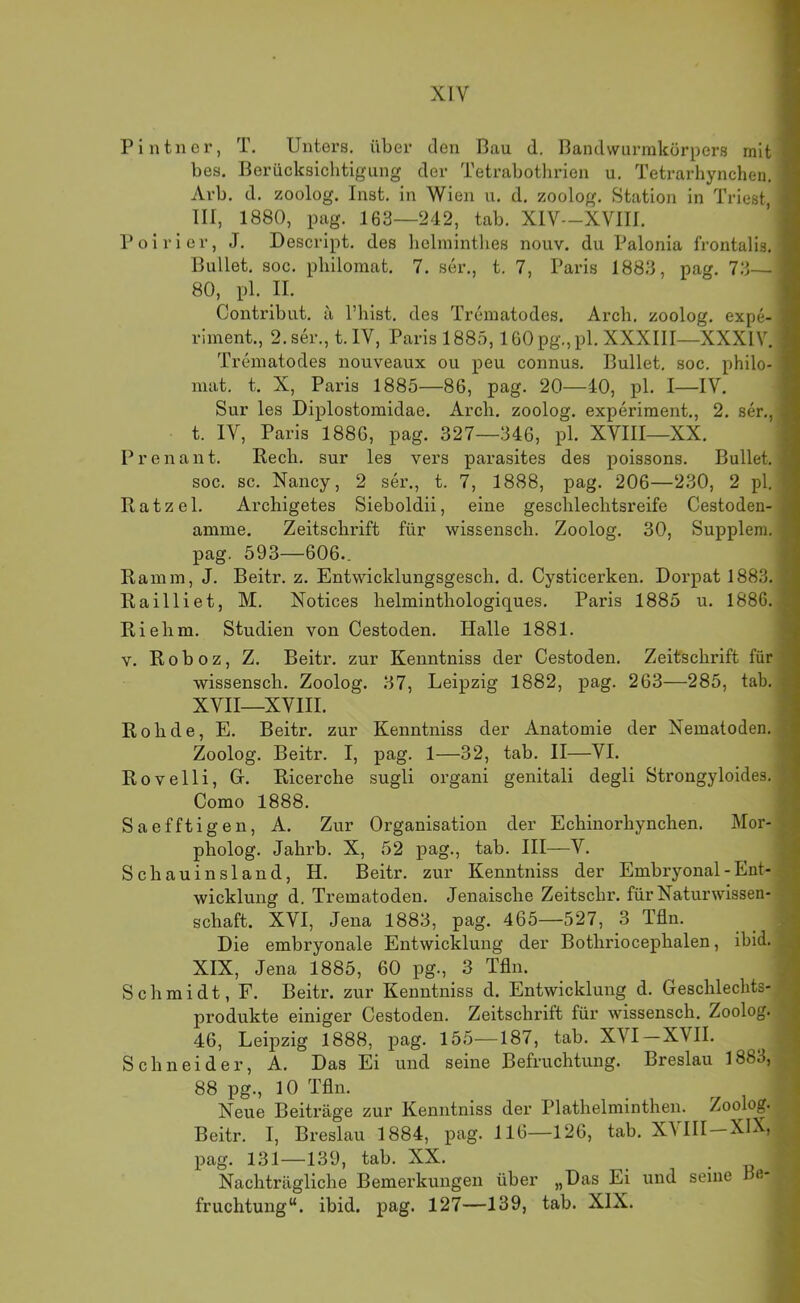 Plntner, T. Unters, über tlen Bau d. Bandwiirrakörpers mit 1 bes. Berücksichtigung der Tetrabothrien u, Tetrarhynchen. I Arb. d. zoolog. Inst, in Wien u. d. zoolog, Station in Triest, I III, 1880, pag. 163—242, tab. XIV—XVIII, ’ I Poirier, J, Descript. des liclmintlies nouv. du Palonia frontalis, 1 Bullet, soc. pbilomat, 7. ser., t. 7, Paris 1883, pag, 73—I 80, pl. II. I Contribut, a l’hist, des Treinatodes. Arcb. zoolog. expe- I riment., 2. ser., t.IV, Paris 1885,160 pg.,pl. XXXIII—XXXIV. I Trcnnatodes nouveaux ou peu connus. Bullet, soc. philo- I mat. t. X, Paris 1885—86, pag. 20—40, pl. I—IV, I Sur les Diplostomidae. Arcb. zoolog. experiment., 2. ser,, fl t. IV, Paris 1886, pag, 327—346, pl. XVIII—XX. I P r e n a n t. Eecb. sur les vers parasites des poissons. Bullet, fl soc. sc. Nancy, 2 ser., t. 7, 1888, pag. 206—230, 2 pl, fl Ratzel. Archigetes Sieboldii, eine gescbleclitsreife Cestoden-fl amme, Zeitschrift für wissensch. Zoolog, 30, Suppleni. I pag. 593—606.. I Ramm, J. Beitr. z. Entwicklungsgesch. d. Cysticerken. Dorpat 1883. fl Railliet, M. Notices helmintbologiques. Paris 1885 u. 1886. J Riehm. Studien von Cestoden. Halle 1881. fl V. Roboz, Z. Beitr. zur Kenntniss der Cestoden. Zeitschrift für fl wissensch. Zoolog. 37, Leipzig 1882, pag. 263—285, tab, I XVII—XVIII. I Rohde, E, Beitr. zur Kenntniss der Anatomie der Nematoden, fl Zoolog. Beitr. I, pag, 1—32, tab, II—VI. fl Rovelli, Gr. Ricerche sugli organi genitali degli Strongyloides. I Como 1888. jj Saefftigen, A. Zur Organisation der Echinorhynchen, Mor-fl pholog. Jahrb. X, 52 pag., tab. III—V. fl Schauinsland, H. Beitr. zur Kenntniss der Embryonal - Ent-fl wicklung d. Trematoden. Jenaische Zeitschr. für Naturwissen- fl Schaft. XVI, Jena 1883, pag. 465—527, 3 Tfln. | Die embryonale Entwicklung der Bothriocephalen, ibid. fl XIX, Jena 1885, 60 pg-, 3 Tfln. 1 Schmidt, F. Beitr. zur Kenntniss d. Entwicklung d. Geschlechts- fl Produkte einiger Cestoden. Zeitschrift für wissensch. Zoolog, j 46, Leipzig 1888, pag. 155—187, tab. XVI—XVII. ^ .| Schneider, A. Das Ei und seine Befruchtung. Breslau 1883, 88 pg., 10 Tfln. Neue Beiträge zur Kenntniss der Plathelminthen. Zoolog. Beitr. I, Breslau 1884, pag. 116—126, tab. XVIlI-XlX, , pag. 131—139, tab. XX. Nachträgliche Bemerkungen über „Das Ei und seine oei- fruchtung“. ibid. pag. 127—139, tab. XIX.