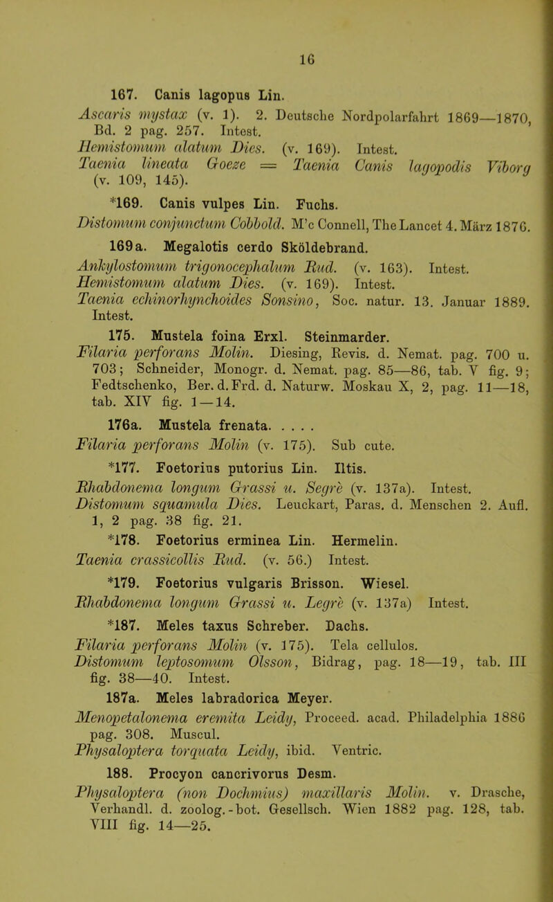 IG 167. Canis lagopus Lin. Ascaris mystax (v. 1). 2. Deutsche Nordpolarfahrt 1869—1870 Bd. 2 pag. 257. Intest. ’ Ilemistomum alatum Dies. (v. 169), Intest. Taenia hneata Goeze = Taenia Canis laaopodis Vibora (v. 109, 145). ^ *169. Canis vulpes Lin, Fuchs. Distommn conjimctum Cobbold. M’c Connell, TheLancet 4, März 1870, 169 a. Megalotis cerdo Sköldebrand. AnJeylostomum trigonocepJialum Bud. (v. 163). Intest. Hemistomum alatum Dies. (v. 169). Intest. Taenia ecliinorhynchoides Sonsino, Soc. natur. 13. Januar 1889. Intest. 175. Mustela foina Erxl. Steinmarder. Filaria perforans Molin. Diesing, Revis. d. Nemat. pag. 700 u. 703; Schneider, Monogr. d. Nemat. pag. 85—86, tab. V fig. 9; Fedtschenko, Ber. d. Frd. d. Naturw. Moskau X, 2, pag. 11—18, tab, XIV fig, 1—14. 176a. Mustela frenata Filaria perforans Molin (v. 175), Sub cute. *177. Foetorius putorius Lin. Iltis. Bhahdoneina longum Grassi u. Segre (v. 137a). Intest. Distomuni sguaniula Dies. Leuckart, Paras. d. Menschen 2. Aufl. 1, 2 pag. 38 fig. 21. *178. Foetorius erminea Lin. Hermelin, Taenia crassicollis Bud. (v. 56.) Intest. *179. Foetorius vulgaris Brisson. Wiesel. Bliabdonema longum Grassi u. Legre (v. 137a) Intest. *187. Meies taxus Schreber. Dachs. Filaria perforans Molin (v. 175). Tela cellulos, Distomum leptosomum Olsson, Bidrag, pag. 18—19, tab. III fig. 38—40, Intest. 187a. Meies labradorica Meyer. Menopetalonema eremita Leidy, Proceed. acad. Philadelphia 1886 pag. 308. Muscul. Bhysaloptera torquata Leidy, ibid. Ventric. 188. Procyon cancrivorus Desm. Bhysaloptera (non Dochmius) maxillaris Molin. v. Dräsche, Verhandl. d. zoolog.-bot. Gesellsch. Wien 1882 pag. 128, tab.