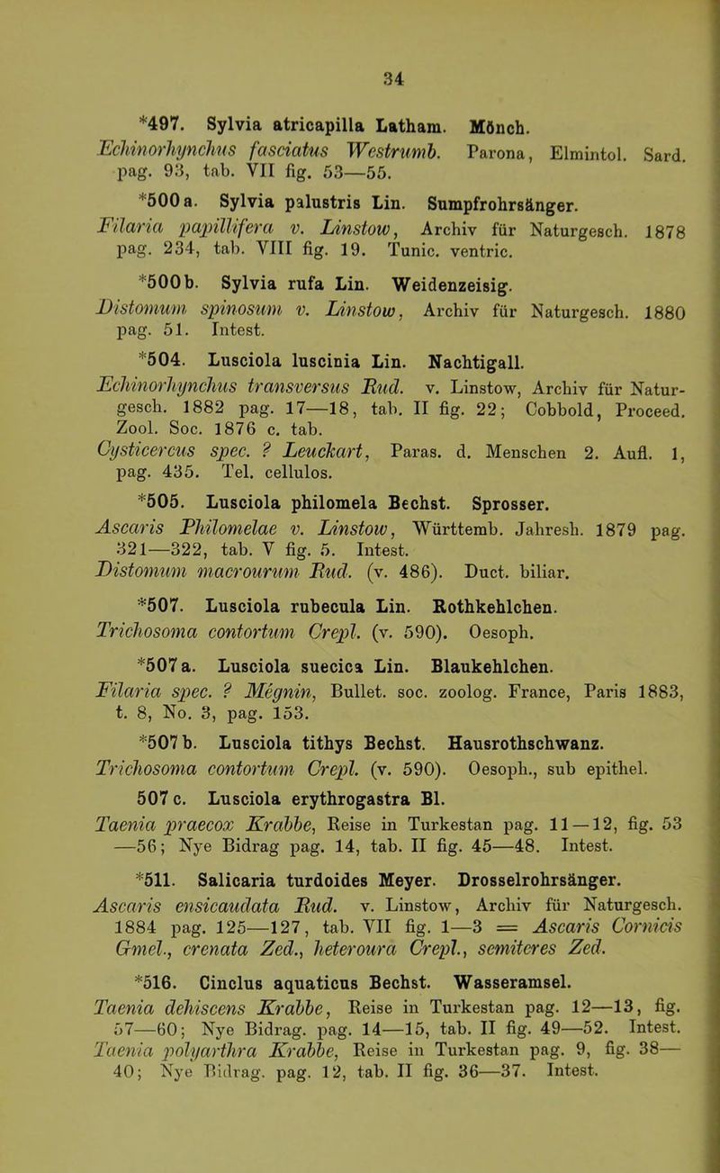 34 *497. Sylvia atricapilla Latham. Mönch. Echinorhynchns fasciatus Wcstrumh. Parona, Elmintol. Sard. pag. 93, tab. VII fig. 53—55. *500 a. Sylvia palustris Lin. Sumpfrohrsänger. Filaria papiTlifera v. Einstow, Archiv für Naturgesch. 1878 pag. 234, tab. VIII fig. 19. Tunic. ventric. *500 b. Sylvia rufa Lin. Weidenzeisig. EistODiwn spinosuiu v. Enstow, Archiv für Naturgesch. 1880 pag. 51. Intest. *504. Lusciola luscinia Lin. Nachtigall, Echinorhynchus transversus Eud. v. Linstow, Archiv für Natur- gesch. 1882 pag. 17—18, tab. II fig. 22; Cohbold, Proceed. Zool. Soc. 1876 c. tab. Cysticercus spec. ? Leuclcart, Paras. d, Menschen 2. Aufl. 1, pag, 435. Tel. cellulos, *505. Lusciola philomela Bechst. Sprosser. Ascaris PMlomelae v. Enstow, Württemb, Jahresh. 1879 pag. 321—322, tab, V fig. 5. Intest. Bistomum macrourum Eud. (v. 486). Duct. biliar. *507. Lusciola rubecula Lin. Rothkehlchen, Trichosoma contortum Crepl. (v. 590). Oesoph. *507 a. Lusciola suecica Lin. Blaukehlchen. Filaria spec. ? Megnin, Bullet, soc. zoolog. France, Paris 1883, t. 8, No. 3, pag. 153. *507 b, Lusciola tithys Bechst. Hausrothschwanz. Trichosoma contortum Crepl. (v. 590), Oesoph,, sub epithel. 507 c. Lusciola erythrogastra Bl. Taenia praecox Krabbe, Reise in Turkestan pag. 11 —12, fig. 53 —56; Nye Bidrag pag. 14, tab, II fig. 45—48. Intest. *511. Salicaria turdoides Meyer. Drosselrohrsänger. Ascaris ensicaudata Eud. v. Linstow, Archiv für Naturgesch. 1884 pag. 125—127, tab. VII fig. 1—3 = Ascaris Cornicis Gmel., crenata Zed., heteroura Crepl., semiteres Zed. *516. Cinclus aquaticus Bechst. Wasseramsel. Taenia dehiscens Krabbe, Reise in Turkestan pag. 12—13, fig. 57—60; Nye Bidrag. pag. 14—15, tab. II fig. 49—52. Intest. Taenia polyarthra Krabbe, Reise in Turkestan pag. 9, fig. 38—