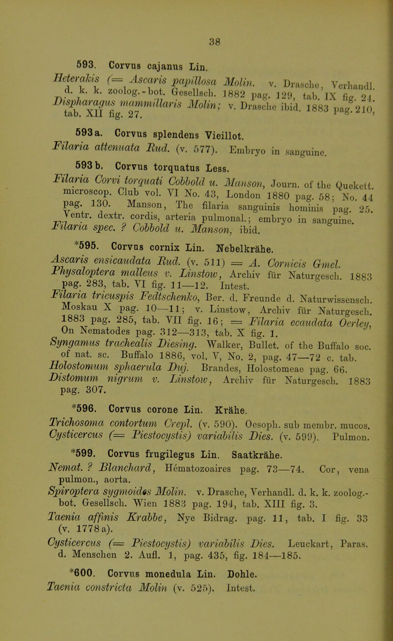 593. Corvus cajanus Lin. Heteralis (= Ascaris papillosa d. k. k. zoolog.-bot. Gesellscli. Bispharagus mammillaris Molin' tab. XII fig. 27. Molin. V. Dräsche, Verhaiidl. 1882 pag. 129, tab. IX fig. 21. V. Dräsche ibid. 1883 pag. 210, 593 a. Corvus splendens Vieillot. Filaria attenuata Eucl (v. 577). Embryo in sanguine. 593 b. Corvus torquatus Less. Filaria Gorvitorquati Cobholcl u. Manson, Journ. of tbe Quekett. microscop. Club vol. VI No. 43, London 1880 pag. 58; No. 44 pag. 130. Manson, The filaria sanguinis hominis pag. 25. Ventr. dextr cordis, arteria pulmonal.; embryo in sanguine. J^ilaria spec. ? Cohbolcl u. Manson, ibid. *595. Corvus cornix Lin. Nebelkrähe. Ascaris ensicauclata Eud. (v. 511) = A. Cornicis Gmel Fhysaloptera malleus v. Linstow, Archiv für Naturffesch 1883 pag. 283, tab. VI fig. 11—12. Intest. Filaria tricuspis Fedtschenlo, Der. d. Freunde d. Naturwissensch. Moskau X pag. 10—11; v. Linstow, Archiv für Naturgesch. 1883 pag. 285, tab. VII fig. 16; = Filaria ecaudata Oerleii, On Nematodes pag. 312—313, tab. X fig. 1. Syngamus trachealis Diesing. Walker, Bullet, of the Buffalo soc. of nat. sc. Buffalo 1886, vol. V, No. 2, pag. 47—72 c. tab. HolostOMUM spliaerula JDuj. Brandes, Holostomeae pag. 66. Bistornuni nigrum v. Linstow, Archiv für Naturgesch. 1883 pag. 307. *596. Corvus corone Lin. Krähe. Trichosonia contortuni Grcpl. (v. 590). Oesoph. sub membr. mucos. Cijsticercus (= Piestocystis) variabilis Dies. (v. 599). Pulmon. *599. Corvus frugilegus Lin. Saatkrähe. Neniat. ? Elancliard, Hematozoaires pag. 73—74. Cor, vena pulmon., aorta. Spiroptera sygmoicUs Molin. v. Dräsche, Verhandl. d. k. k. zoolog.- bot. Gesellsch. Wien 1883 pag. 194, tab. XIII fig. 3. Taenia afßnis Krabbe, Nye Bidrag. pag. 11, tab. I fig. 33 (v. 1778 a). Cysticercus (= Piestocystis) variabilis Dies. Leuckart, Paras. d. Menschen 2. Aufl. 1, pag. 435, fig. 184—185. *600. Corvus monedula Lin. Dohle. Taenia constricta Molin (v. 525). Intest.