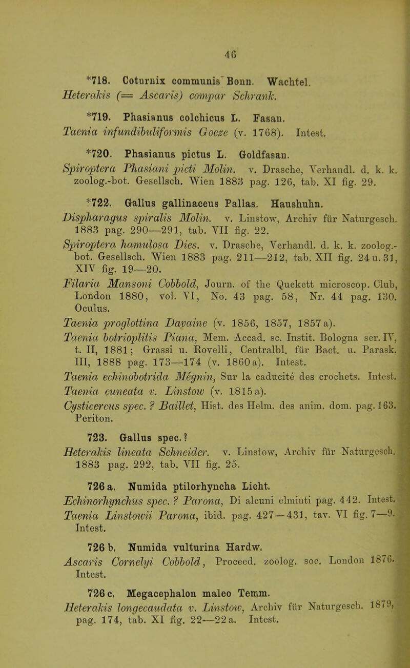 *718. Coturuix communis'Bonn. Wachtel. HcteraMs (— Ascaris) compar Scliranh. *719. Phasianus colchicus L. Fasan. Taenia infundihuliformis Goeze (v. 1768), Intest, *720, Phasianus pictus L, Goldfasan, Spiroptera Phasiani picti Molin. v. Dräsche, Verhandl, d, k, k, zoolog,-bot. Gesellsch. Wien 1883 pag, 126, tab, XI fig. 29, *722, Gallus gallinaceus Pallas, Haushuhn. Displiaragus spiralis Molin. v. Linstow, Archiv für Naturgesch, 1883 pag. 290—291, tab, VII fig. 22. Spiroptera Jiamulosa Dies. v. Dräsche, Verhandl. d. k. k. zoolog.- bot. Gesellsch. Wien 1883 pag. 211—212, tab. XII fig. 24u. 31, XIV fig. 19—20. Filaria Mansoni Cohbold, Journ. of the Quekett microscop. Club, London 1880, vol. VI, No. 43 pag. 58, Nr. 44 pag. 130. Oculus. Taenia proglottina Davaine (v. 1856, 1857, 1857 a). Taenia hotrioplitis Piana, Mem. Accad. sc. Instit. Bologna ser. IV, t. II, 1881; Grassi u. Rovelli, Centralbl. für Bact. u. Parask. III, 1888 pag. 173—174 (v. 1860 a). Intest, Taenia echinobotrida Megnin, Sur la caducite des crochets. lutest. Taenia cuneata v. Linstow (v. 1815 a). Cysticercus spec. ? Daillet, Hist, des Helm, des anim. dom. pag. 163. Periton. 723. Gallus spec, ? Reterahis lineata Schneider, v. Linstow, Archiv für Naturgesch. 1883 pag. 292, tab. VII fig. 25. 726 a. Numida ptilorhyncha Licht. Ecliinorhynchus spec. ? Parona, Di alcuni elminti pag. 442. Intest. Taenia Linstoivii Parona, ibid. pag. 427—431, tav. VI fig. 7—9. Intest. 726 b, Numida vulturina Hardw. Ascaris Cornelyi Cobbold, Proceed. zoolog. soc. London 1876. Intest. 726 c. Megacephalon maleo Temm. Reterahis longecaiidata v. Linstotv, Archiv für Naturgesch. 1879, pag. 174, tab. XI fig. 22-—22 a. Intest.