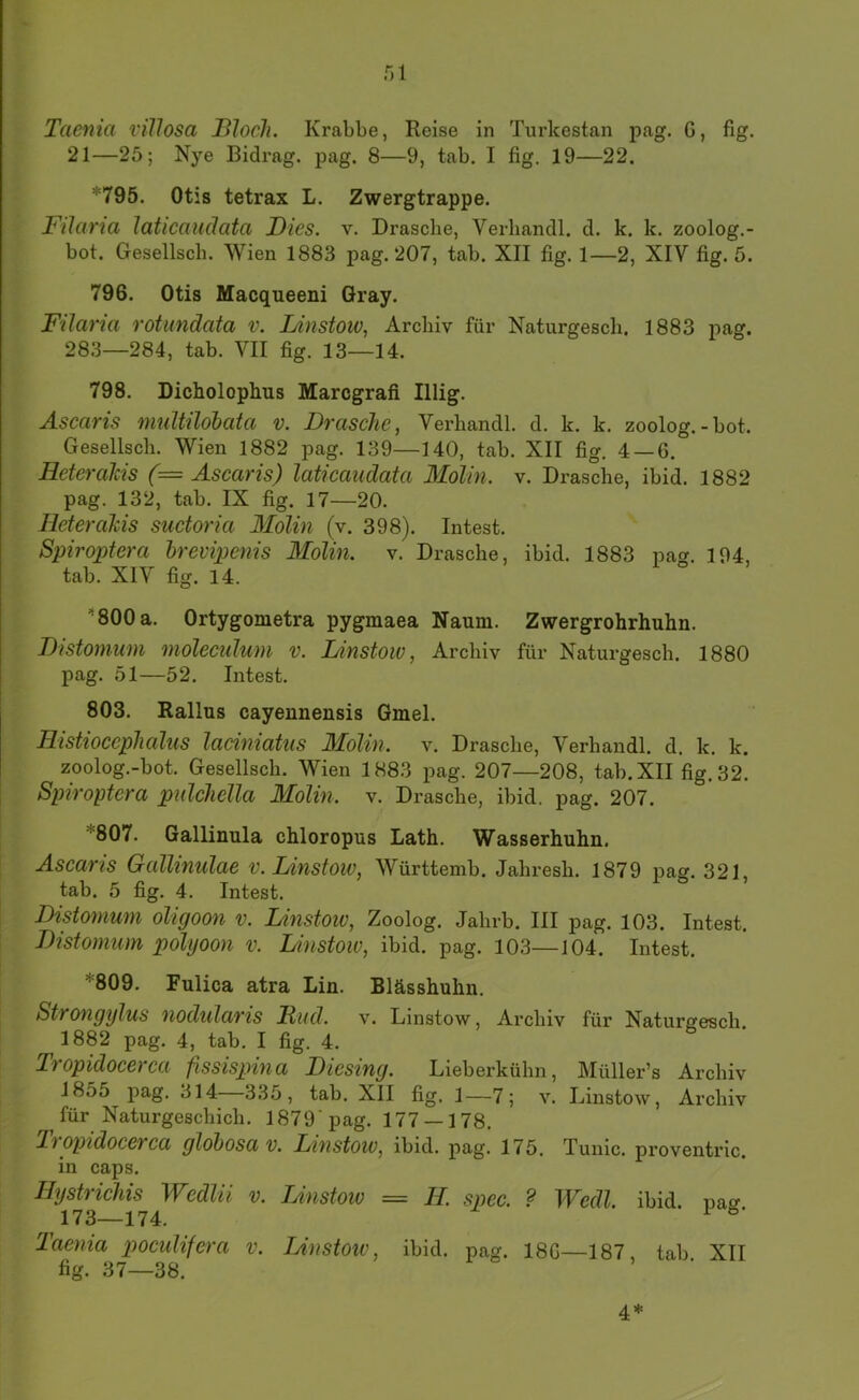 r>i Taenia rillosa JBloch. Krabbe, Reise in Turkestan pag. G, fig. 21—25; Nye Bidrag. pag. 8—9, tab. I fig. 19—22. *795. Otis tetrax L. Zwergtrappe. Filaria laticaudata Fies. v. Dräsche, Verliandl. d. k. k. zoolog.- bot. Gesellscb. Wien 1883 pag. 207, tab. XII fig. 1—2, XIV fig. 5. 796. Otis Macqueeni Gray. Filaria rotundata v. Idnstow, Archiv für Naturgescli. 1883 pag. 283—284, tab. VII fig. 13—14. 798. Dicholoplms Marcgrafi Illig. Ascaris multilöbata v. Dräsche, Verhandl. d. k. k. zoolog.-bot. Gesellscb. Wien 1882 pag. 139—140, tab. XII fig. 4 — 6. Heteralcis (= Ascaris) laticaudata Molin. v. Dräsche, ibid. 1882 pag. 132, tab. IX fig. 17—20. Heterahis suctoria Molin (v. 398). Intest. Spiroptera hrevipenis Molin. v. Dräsche, ibid. 1883 pa». 194, tab. XIV fig. 14. ’'800a. Ortygometra pygmaea Naum. Zwergrohrhuhn. Distomum moleculum v. Linstoiv, Archiv für Naturgescli. 1880 pag. 51—52, Intest. 803. Rallus cayennensis Gmel. Histioccphalus laciniatus Molin. v. Dräsche, Verhandl. d. k. k. zoolog.-bot. Gesellscb. Wien 1883 pag. 207—208, tab. XII fig. 32. Spiroptera pulchella Molin. v. Dräsche, ibid. pag. 207. 1 I *807. Gallinula chloropus Lath. Wasserhuhn. I Ascaris Gallmulae v. Linstoiv, Württemb. Jahresh. 1879 pag. 321, tab. 5 fig. 4. Intest. Distomum oligoon v. Linstoiv, Zoolog. Jahrb. III pag. 103. Intest. Distomum polyoon v. Linstoiv, ibid. pag. 103—104. Intest. *809. Fulica atra Lin. Blässhuhn. Strongylus nodularis Dud. v. Linstow, Archiv für Naturgescli. 1882 pag, 4, tab, I fig. 4. Tropidocerca fissispina Diesmg. Lieberkühn, Müller’s Archiv 1855 pag. 314 335, tab. XII fig. 1—7; v. Linstow, Archiv für Naturgeschich. 1879’pag. 177 — 178. Ti opidocerca glohosa v. Linstow, ibid. pag. 175. Tunic. proventric. in caps. Ilystrichis Wedlii v. Linstoiv = H. spec. ? Wedl. ibid. pag 173—174. ^ ^ Taenia poculifera v. Linstoiv, ibid. pag. 18G—187, tab XII fig. 37—38. 4*